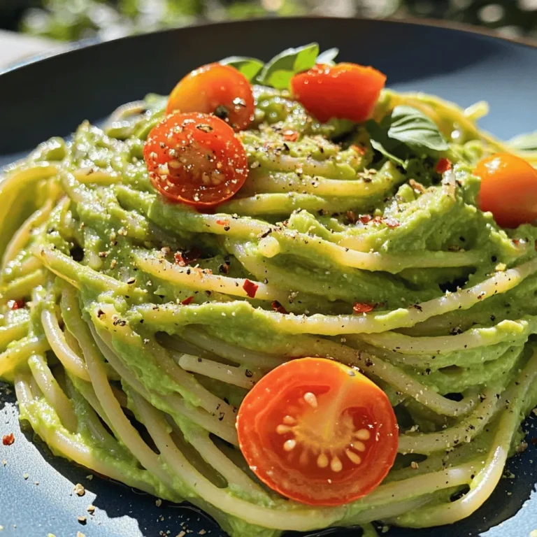 - 2 ripe avocados, pitted and flesh scooped - 3 cloves garlic, minced - 2 tablespoons lemon juice - 1/4 cup fresh basil leaves - 1/4 cup extra-virgin olive oil - 12 ounces whole wheat pasta (spaghetti or linguine) These main ingredients create a creamy and rich sauce. Ripe avocados give the best flavor and texture. Garlic adds a nice kick, while lemon juice brightens the dish. Fresh basil brings a lovely herbal note. Whole wheat pasta adds heartiness and nutrition. - 1/4 cup grated Parmesan cheese - Cherry tomatoes, halved (for garnish) - Red pepper flakes (for garnish, optional) Adding grated Parmesan gives extra creaminess. Cherry tomatoes add color and freshness. A sprinkle of red pepper flakes can give a spicy touch if you like heat. - Salt and freshly cracked black pepper These are key for enhancing flavors. Use enough salt in the pasta water. Always season the sauce to make every bite delicious. For the full recipe, check the section above. Start by boiling a large pot of salted water. This step is key for great flavor. Once the water is bubbling, add your whole wheat pasta. Cook it until it is al dente, which means it should be firm but not hard. This usually takes about 8 to 10 minutes, depending on the type of pasta you pick. Before draining, remember to reserve about one cup of pasta water. This water is starchy and helps to make the sauce creamy. Next, grab a food processor. Add the scooped avocados, minced garlic, lemon juice, fresh basil, and olive oil. Blend all of these ingredients until the mixture is smooth and creamy. If the sauce feels too thick, don’t worry! Just add a bit of the reserved pasta water, one tablespoon at a time, until it reaches the right consistency. Once your pasta is ready and your sauce is smooth, it's time to combine them. Place the hot, drained pasta into a large mixing bowl. Pour the avocado sauce over the pasta and mix it well to coat every strand. Taste your dish and adjust the seasoning with salt and black pepper as needed. If you like, stir in some grated Parmesan cheese for an extra touch of creaminess. Enjoy your creamy avocado pasta! For the complete instructions, check the [Full Recipe]. To make creamy avocado pasta, you need ripe avocados. Look for ones that yield slightly when you press them gently. They should feel soft but not mushy. If they are hard, they are not ripe yet. You can speed up ripening by placing them in a paper bag with an apple or banana. Store your avocados at room temperature until they ripen. Once ripe, move them to the fridge to slow down the spoiling process. This can keep them fresh for a few more days. To take your avocado pasta to the next level, think about herbs and spices. Fresh basil adds a nice touch. You can also try adding parsley or cilantro for a different flavor. For a kick, a pinch of red pepper flakes works great. Using fresh ingredients always gives the best taste. However, dried herbs can work in a pinch. Just remember that dried herbs are stronger, so use less. Getting the sauce just right is key. If your sauce is too thick, add some reserved pasta water. Start with a tablespoon at a time until you get the texture you want. For a creamy finish, blend your avocado mixture well. Make sure to mix it really smooth. This will help it coat the pasta evenly. For the full recipe, check out Creamy Avocado Pasta. {{image_2}} If you want to make this dish vegan, it's easy! You can replace the Parmesan cheese with nutritional yeast. Nutritional yeast gives a cheesy flavor without any dairy. You can also try toppings like fresh herbs, nuts, or seeds for extra crunch. These options bring a fun twist to the creamy avocado pasta. Want to add some protein? There are great choices! You can toss in cooked chicken, shrimp, or even beans. Each option keeps the dish tasty and filling. If you choose chicken or shrimp, cook them simply with salt and pepper. If you prefer beans, black beans or chickpeas work well. They add a nice texture and keep the avocado flavor front and center. For gluten-free needs, use gluten-free pasta. Many brands offer options that taste great. You can also make a low-carb version by using zucchini noodles. This keeps it light and fresh. The creamy avocado sauce still works perfectly with these choices. It’s a great way to enjoy this meal while sticking to your diet goals. For the full recipe, check out the detailed steps and ingredients to make this dish! To keep your creamy avocado pasta fresh, store it in an airtight container. Make sure the lid fits tightly. This keeps moisture in and air out. To avoid browning of the avocado sauce, add extra lemon juice before storing. The acid in the juice slows down browning. Reheat your pasta gently. Use a microwave or a pan on low heat. Add a splash of olive oil or a bit of reserved pasta water. This helps to restore the creamy texture. To refresh flavors, stir in a pinch of fresh basil or more lemon juice while reheating. You can freeze creamy avocado pasta, but it may change in texture. To freeze, place the pasta in a freezer-safe container. Leave some space at the top for expansion. When ready to eat, thaw it in the fridge overnight. Reheat gently to avoid making it mushy. You can use a fork or a potato masher. First, scoop the avocado into a bowl. Then, mash it until smooth. Add minced garlic, lemon juice, and olive oil. Stir well with a fork. If it gets too thick, add some pasta water. This method works well for a creamy texture. Yes, but with a few tips. Cook your pasta and make the sauce separately. Store them in airtight containers in the fridge. Mix them just before serving to keep the pasta fresh. Add a bit of lemon juice to the avocado sauce to slow browning. This keeps your dish bright and tasty. This pasta pairs well with many sides. Try a simple green salad with lemon vinaigrette. Garlic bread is another great option. You could also add roasted vegetables for a colorful plate. For a protein boost, serve with grilled chicken or shrimp. These sides make your meal even more delicious. You can make a delicious creamy avocado pasta using simple, fresh ingredients. Start with ripe avocados, garlic, lemon juice, and whole wheat pasta. Blend the sauce, mix it with hot pasta, and adjust as needed. Remember to choose avocados wisely and enhance flavor with spices. This dish offers many variations, from vegan options to adding protein. Store leftovers properly to keep them fresh. Enjoy this easy and tasty meal that fits many diets!