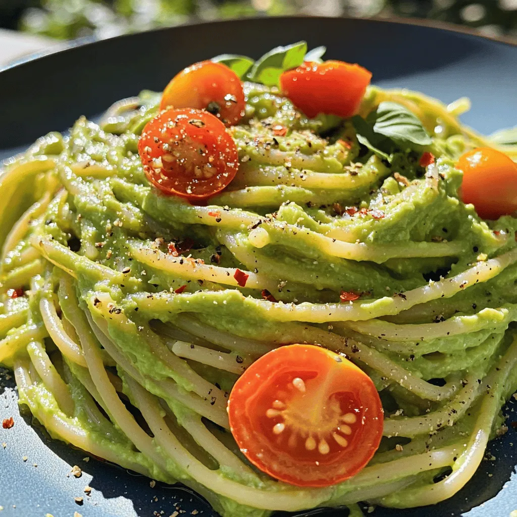 - 2 ripe avocados, pitted and flesh scooped - 3 cloves garlic, minced - 2 tablespoons lemon juice - 1/4 cup fresh basil leaves - 1/4 cup extra-virgin olive oil - 12 ounces whole wheat pasta (spaghetti or linguine) These main ingredients create a creamy and rich sauce. Ripe avocados give the best flavor and texture. Garlic adds a nice kick, while lemon juice brightens the dish. Fresh basil brings a lovely herbal note. Whole wheat pasta adds heartiness and nutrition. - 1/4 cup grated Parmesan cheese - Cherry tomatoes, halved (for garnish) - Red pepper flakes (for garnish, optional) Adding grated Parmesan gives extra creaminess. Cherry tomatoes add color and freshness. A sprinkle of red pepper flakes can give a spicy touch if you like heat. - Salt and freshly cracked black pepper These are key for enhancing flavors. Use enough salt in the pasta water. Always season the sauce to make every bite delicious. For the full recipe, check the section above. Start by boiling a large pot of salted water. This step is key for great flavor. Once the water is bubbling, add your whole wheat pasta. Cook it until it is al dente, which means it should be firm but not hard. This usually takes about 8 to 10 minutes, depending on the type of pasta you pick. Before draining, remember to reserve about one cup of pasta water. This water is starchy and helps to make the sauce creamy. Next, grab a food processor. Add the scooped avocados, minced garlic, lemon juice, fresh basil, and olive oil. Blend all of these ingredients until the mixture is smooth and creamy. If the sauce feels too thick, don’t worry! Just add a bit of the reserved pasta water, one tablespoon at a time, until it reaches the right consistency. Once your pasta is ready and your sauce is smooth, it's time to combine them. Place the hot, drained pasta into a large mixing bowl. Pour the avocado sauce over the pasta and mix it well to coat every strand. Taste your dish and adjust the seasoning with salt and black pepper as needed. If you like, stir in some grated Parmesan cheese for an extra touch of creaminess. Enjoy your creamy avocado pasta! For the complete instructions, check the [Full Recipe]. To make creamy avocado pasta, you need ripe avocados. Look for ones that yield slightly when you press them gently. They should feel soft but not mushy. If they are hard, they are not ripe yet. You can speed up ripening by placing them in a paper bag with an apple or banana. Store your avocados at room temperature until they ripen. Once ripe, move them to the fridge to slow down the spoiling process. This can keep them fresh for a few more days. To take your avocado pasta to the next level, think about herbs and spices. Fresh basil adds a nice touch. You can also try adding parsley or cilantro for a different flavor. For a kick, a pinch of red pepper flakes works great. Using fresh ingredients always gives the best taste. However, dried herbs can work in a pinch. Just remember that dried herbs are stronger, so use less. Getting the sauce just right is key. If your sauce is too thick, add some reserved pasta water. Start with a tablespoon at a time until you get the texture you want. For a creamy finish, blend your avocado mixture well. Make sure to mix it really smooth. This will help it coat the pasta evenly. For the full recipe, check out Creamy Avocado Pasta. {{image_2}} If you want to make this dish vegan, it's easy! You can replace the Parmesan cheese with nutritional yeast. Nutritional yeast gives a cheesy flavor without any dairy. You can also try toppings like fresh herbs, nuts, or seeds for extra crunch. These options bring a fun twist to the creamy avocado pasta. Want to add some protein? There are great choices! You can toss in cooked chicken, shrimp, or even beans. Each option keeps the dish tasty and filling. If you choose chicken or shrimp, cook them simply with salt and pepper. If you prefer beans, black beans or chickpeas work well. They add a nice texture and keep the avocado flavor front and center. For gluten-free needs, use gluten-free pasta. Many brands offer options that taste great. You can also make a low-carb version by using zucchini noodles. This keeps it light and fresh. The creamy avocado sauce still works perfectly with these choices. It’s a great way to enjoy this meal while sticking to your diet goals. For the full recipe, check out the detailed steps and ingredients to make this dish! To keep your creamy avocado pasta fresh, store it in an airtight container. Make sure the lid fits tightly. This keeps moisture in and air out. To avoid browning of the avocado sauce, add extra lemon juice before storing. The acid in the juice slows down browning. Reheat your pasta gently. Use a microwave or a pan on low heat. Add a splash of olive oil or a bit of reserved pasta water. This helps to restore the creamy texture. To refresh flavors, stir in a pinch of fresh basil or more lemon juice while reheating. You can freeze creamy avocado pasta, but it may change in texture. To freeze, place the pasta in a freezer-safe container. Leave some space at the top for expansion. When ready to eat, thaw it in the fridge overnight. Reheat gently to avoid making it mushy. You can use a fork or a potato masher. First, scoop the avocado into a bowl. Then, mash it until smooth. Add minced garlic, lemon juice, and olive oil. Stir well with a fork. If it gets too thick, add some pasta water. This method works well for a creamy texture. Yes, but with a few tips. Cook your pasta and make the sauce separately. Store them in airtight containers in the fridge. Mix them just before serving to keep the pasta fresh. Add a bit of lemon juice to the avocado sauce to slow browning. This keeps your dish bright and tasty. This pasta pairs well with many sides. Try a simple green salad with lemon vinaigrette. Garlic bread is another great option. You could also add roasted vegetables for a colorful plate. For a protein boost, serve with grilled chicken or shrimp. These sides make your meal even more delicious. You can make a delicious creamy avocado pasta using simple, fresh ingredients. Start with ripe avocados, garlic, lemon juice, and whole wheat pasta. Blend the sauce, mix it with hot pasta, and adjust as needed. Remember to choose avocados wisely and enhance flavor with spices. This dish offers many variations, from vegan options to adding protein. Store leftovers properly to keep them fresh. Enjoy this easy and tasty meal that fits many diets!