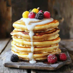 - 1 cup all-purpose flour - 1 tablespoon sugar - 1 teaspoon baking powder - 1/2 teaspoon baking soda - 1/4 teaspoon salt - 1 cup buttermilk - 1 large egg - 2 tablespoons melted butter - 1 tablespoon vanilla extract - 1/4 cup brown sugar, packed - 1 tablespoon ground cinnamon - 2 tablespoons unsalted butter, softened - 4 oz cream cheese, softened - 1 cup powdered sugar - 2 tablespoons milk - 1/2 teaspoon vanilla extract These ingredients create a sweet pancake that tastes like a cinnamon roll. The dry ingredients form the base. Flour gives it structure, while sugar adds sweetness. Baking powder and baking soda make the pancakes rise. The salt brings out the flavors. The wet ingredients mix in moisture. Buttermilk makes them fluffy. The egg binds everything together. Melted butter adds richness, and vanilla gives a warm aroma. The cinnamon swirl mixture is the magic touch. Brown sugar and cinnamon create that classic cinnamon roll taste. Softened butter holds it all together, making it easy to swirl. Finally, the cream cheese glaze is a sweet finish. The glaze mixes cream cheese, powdered sugar, milk, and vanilla. It adds a rich, creamy layer, making these pancakes divine. You can find the full recipe at the end of the article. Enjoy making these cinnamon roll pancakes! - In a mixing bowl, combine 1 cup of all-purpose flour, 1 tablespoon of sugar, 1 teaspoon of baking powder, 1/2 teaspoon of baking soda, and 1/4 teaspoon of salt. Whisk well to combine. - In another bowl, mix together 1 cup of buttermilk, 1 large egg, 2 tablespoons of melted butter, and 1 tablespoon of vanilla extract. Stir until blended. - Gradually add the wet ingredients to the dry ingredients. Mix until just combined, being careful not to overmix for fluffy pancakes. - In a small bowl, create a paste by mixing 1/4 cup of packed brown sugar, 1 tablespoon of ground cinnamon, and 2 tablespoons of softened butter. This will add a sweet swirl to your pancakes. - Heat a non-stick skillet over medium heat. Lightly grease it with butter or cooking spray. - Pour about 1/4 cup of pancake batter onto the skillet. Before the batter sets, swirl the cinnamon mixture over the pancake in a spiral pattern. - Cook for about 2-3 minutes until bubbles form on the surface. Carefully flip the pancake and cook for another 2-3 minutes until golden brown. Repeat with the remaining batter. - Beat 4 oz of softened cream cheese, 1 cup of powdered sugar, 2 tablespoons of milk, and 1/2 teaspoon of vanilla extract in a bowl until smooth. Adjust the thickness with more milk if needed. Enjoy these delightful cinnamon roll pancakes with the cream cheese glaze drizzled generously on top. For the full recipe, check the details above! To make these pancakes fluffy, avoid overmixing the batter. When combining wet and dry ingredients, stir gently. Mix until just combined; small lumps are fine. This technique keeps air in the batter, which helps to create light and fluffy pancakes. Use medium heat when cooking your pancakes. This heat level prevents burning and ensures even cooking. Always check your skillet is greased well with butter or cooking spray. A non-stick surface helps your pancakes flip easily. Stack pancakes high on a plate for a beautiful look. Drizzle with cream cheese glaze for sweetness. For added color, toss on fresh berries. Finally, sprinkle a bit of cinnamon on top for an extra touch. These small details make your breakfast look as good as it tastes. {{image_2}} You can easily add more flavor to your cinnamon roll pancakes. Here are a couple of ideas: - Add 1 tablespoon of vanilla extract to your wet ingredients. This gives a warm, sweet note to your pancakes. - Mix in 1/2 cup of chocolate chips or 1/4 cup of chopped nuts into the batter. This creates a tasty twist and adds texture. Want a healthier version? Try these substitutions: - Use whole wheat flour instead of all-purpose flour. This adds fiber and nutrients to your pancakes. - Swap out Greek yogurt for cream cheese in the glaze. It makes the glaze creamy while cutting down on fat. Serving your cinnamon roll pancakes can be just as fun as making them! Here are some simple ideas: - Top your pancakes with fresh fruits like strawberries or bananas for brightness. You can also drizzle maple syrup for added sweetness. - Pair your meal with a flavored coffee or tea. A nice chai or vanilla latte complements the cinnamon flavor well. For the Full Recipe, check out the complete details to make your delicious breakfast! To keep your leftover cinnamon roll pancakes fresh, refrigerate them. Use an airtight container for storage. They will stay good for up to 3 days. This way, you can enjoy them again for breakfast or a snack. When you're ready to eat your pancakes, reheating is simple. For quick warming, use a microwave. Just pop them in for about 20-30 seconds. If you want them crispy, use a toaster. This gives them a nice texture, just like when they were fresh. Want to save pancakes for later? Freezing is a great option. Start by laying them in a single layer on a baking sheet. Freeze them for about an hour. Once firm, transfer them to a freezer bag. They can last for up to 2 months in the freezer. When you're ready, just reheat and enjoy! To make pancakes fluffier, avoid overmixing the batter. Mix it until you see no dry flour. Overmixing makes the pancakes dense. Also, use buttermilk instead of regular milk. Buttermilk adds a nice rise and flavor. It reacts with the baking soda. This gives your pancakes that perfect lift. Yes, you can make this recipe dairy-free. Substitute buttermilk with almond milk or oat milk. You can add a splash of vinegar to mimic buttermilk. For the cream cheese glaze, use a dairy-free cream cheese. This way, you can enjoy these pancakes without dairy. Top your cinnamon roll pancakes with a cream cheese glaze. You can also add maple syrup for sweetness. Fresh berries like strawberries or blueberries add color and flavor. For a side dish, serve with crispy bacon or sausage. This makes for a great breakfast spread. To keep pancakes warm, place them on a plate in the oven. Set the oven to a low temperature, around 200°F (93°C). You can also cover them with a clean kitchen towel. This keeps them warm without drying out. Cinnamon roll pancakes blend two beloved breakfast items. They evolved from a need for quick, delicious meals. This dish combines the flavors of cinnamon rolls with pancakes. It became popular in the early 2000s, thanks to food blogs. Now, they are a favorite for breakfast and brunch. In this blog post, you learned how to make delicious cinnamon roll pancakes. We covered the key ingredients, step-by-step instructions, and tips for perfect results. You can also explore tasty variations and storage tips. These pancakes are simple to whip up and fun to serve. Enjoy them with fresh fruit or maple syrup for a delightful breakfast. Get ready to impress with this easy recipe!