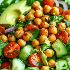 - 1 can (15 oz) chickpeas, drained and rinsed - 4 cups mixed greens (e.g., spinach, arugula, and lettuce) - 1 cup cherry tomatoes, halved - 1 cucumber, diced - ½ red onion, thinly sliced - ½ avocado, diced - 2 tablespoons olive oil - 1 teaspoon smoked paprika - 1 teaspoon garlic powder - Salt and pepper to taste - Juice of 1 lemon - 2 tablespoons tahini - 1 tablespoon water (to thin the dressing) - Fresh parsley, chopped (for garnish) When I make this crispy chickpea salad, I focus on fresh ingredients. The chickpeas form the base of the dish. They offer protein and fiber. I use a can of chickpeas. Just drain and rinse them. This step is key to getting rid of excess salt. Mixed greens bring crunch and color. I love using a blend of spinach, arugula, and lettuce. Each green adds its own flavor. Cherry tomatoes provide sweetness. I slice them in half for easy bites. The cucumber adds freshness. Diced, it pairs well with other veggies. I slice the red onion thinly for a mild kick. Finally, I add avocado for creaminess. It balances the salad's texture perfectly. For the dressing, I mix olive oil, lemon juice, and tahini. I love the creamy texture tahini gives. Smoked paprika and garlic powder add depth. Adjust salt and pepper to taste. Garnish with chopped parsley for added color. This salad is not just healthy; it’s filling and delicious. You can explore the [Full Recipe](#) for detailed steps and tips! - Preheat the oven to 400°F (200°C). - In a mixing bowl, combine 1 can of drained chickpeas with 2 tablespoons of olive oil, 1 teaspoon of smoked paprika, 1 teaspoon of garlic powder, salt, and pepper. Toss until the chickpeas are well-coated. - Spread the chickpeas evenly on a baking sheet lined with parchment paper. Bake for 20-25 minutes. Shake the pan halfway through baking. This helps them crisp well. - While the chickpeas bake, prepare the salad base. In a large bowl, mix 4 cups of mixed greens, 1 cup of halved cherry tomatoes, 1 diced cucumber, ½ a thinly sliced red onion, and ½ a diced avocado. - In a small bowl, whisk together the juice of 1 lemon, 2 tablespoons of tahini, and 1 tablespoon of water until smooth. This is your tasty tahini dressing. - Once the chickpeas are crispy, remove them from the oven. Let them cool slightly. - Pour the tahini dressing over the salad and toss gently to combine. Top with the crispy chickpeas. - Garnish the salad with freshly chopped parsley before serving. Enjoy your crispy chickpea salad! You can find the full recipe for more details. - Use a clean, dry baking sheet for optimal crispiness. - Shake the pan halfway through baking for even crisping. To make the best crispy chickpeas, it’s vital to dry them well. If they are wet, they won’t crisp up nicely. After rinsing, pat them dry with a towel. A dry baking sheet helps them get that golden crunch. When you shake the pan during baking, you let the heat move around. This helps all sides of the chickpeas cook evenly. - Experiment with different spices (like cumin or chili powder). - Add nuts or seeds for added crunch. Adding spices can change the taste of your salad. Try cumin for warmth, or chili powder for heat. You can even mix different spices for a unique flavor. Nuts and seeds are also great! They give an extra crunch and boost the nutrition of your salad. Think about adding sunflower seeds or chopped almonds for a delightful twist. - Serve with crusty bread or pita on the side. - Pair with a light white wine for a refreshing meal. For a complete meal, serve this salad with crusty bread or warm pita. The bread adds texture and makes it feel more filling. A light white wine can enhance the flavor. It refreshes your palate and makes the meal even more enjoyable. If you want a cozy dinner, this pairing will surely delight! Be sure to check out the Full Recipe for all the steps to create this dish at home! {{image_2}} - Substitute kale or romaine for the mixed greens. - Use olive oil alternatives, such as avocado or sesame oil. You can change up the greens to suit your taste. Kale adds a nice crunch, while romaine gives a fresh bite. Both options work well in this salad. If you want a different flavor, try avocado or sesame oil instead of olive oil. These oils can add a unique twist to the dish. - Add grilled chicken or tofu for extra protein. - Incorporate feta or goat cheese for creaminess. To make your salad even heartier, consider adding grilled chicken or tofu. Both are great ways to boost protein. If you want a creamy touch, feta or goat cheese can work wonders. These ingredients not only add richness but also enhance the overall flavor. - Opt for a yogurt-based dressing for a tangy twist. - Try balsamic vinaigrette instead of tahini dressing. If you're looking for a different dressing, a yogurt-based option adds a tangy flavor. This can lighten the salad and offer a refreshing taste. Alternatively, balsamic vinaigrette is a popular choice, bringing a sweet and tart balance. Both options can elevate your crispy chickpea salad to new heights. For the full recipe, be sure to check the details above! Store leftover salad in an airtight container for up to 2 days. Keeping it sealed helps maintain freshness. Always keep the crispy chickpeas separate. This keeps them crunchy and avoids sogginess. Reheat the chickpeas in the oven for 5-10 minutes. This restores their crispiness. Avoid using the microwave. It can make the chickpeas soft and chewy. You can freeze prepared chickpeas for up to 3 months. Place them in a freezer-safe bag or container. When you're ready to use them, thaw in the fridge overnight. Re-crisp them in the oven before adding to your salad. Enjoy a delicious meal even days later! For the Full Recipe, check out the complete process. To make your chickpeas crispier, ensure they are completely dried before seasoning. After rinsing the canned chickpeas, pat them down with a clean towel. This step removes excess moisture, which helps them crisp better in the oven. Yes, canned chickpeas are perfect for convenience. They save time and still taste great! Just be sure to drain and rinse them well before using. This will enhance their flavor and texture in the salad. Absolutely! It's great for make-ahead meals. You can store the components separately to keep things fresh. Store the crispy chickpeas in a separate container for the best crunch when you’re ready to eat. Yes, tahini is vegan, and you can substitute other plant-based ingredients as needed. For example, use lemon juice or a splash of vinegar to add zing. These options keep the flavor bright and fresh without dairy. This salad is high in fiber and protein, making it filling and great for weight management. The chickpeas provide plant-based protein, while the veggies add vitamins and minerals. It's a wholesome choice for a healthy meal. For the complete recipe, check the Full Recipe section! This salad combines healthy ingredients, easy steps, and tasty flavors. You learned how to make crispy chickpeas, mix the dressing, and assemble a vibrant salad. Remember, you can swap ingredients and add proteins for variety. Enjoy making this meal for yourself and your family. It's not just good for you; it's fun to prepare! Embrace the healthy choices and get creative. You’ll find new favorites in no time.