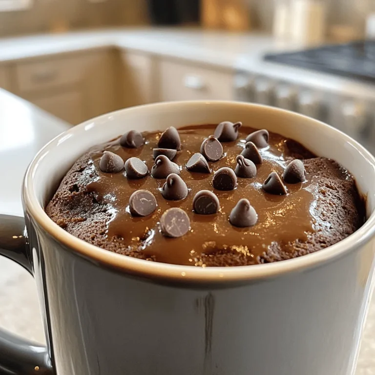 To make a tasty vegan chocolate mug cake, you need these simple ingredients: - 4 tablespoons all-purpose flour - 2 tablespoons unsweetened cocoa powder - 4 tablespoons almond milk (or other plant-based milk) - 2 tablespoons maple syrup - 1 tablespoon vegetable oil (or melted coconut oil) - 1/4 teaspoon baking powder - 1/4 teaspoon vanilla extract - A pinch of salt - Vegan chocolate chips (optional, for extra indulgence) These ingredients come together quickly, making this recipe perfect for a sweet craving. You can make your mug cake even better with these add-ins: - A sprinkle of cinnamon for warmth - A tablespoon of peanut butter or almond butter for creaminess - A few chopped nuts for crunch - A handful of fresh berries or banana slices for fruity flavor These options let you customize your cake to fit your taste. If you need to swap ingredients, here are some great ideas: - Use whole wheat flour instead of all-purpose flour for added fiber. - Replace maple syrup with agave nectar or date syrup for sweetness. - If you don’t have almond milk, try soy milk, oat milk, or coconut milk. - You can use applesauce instead of oil for a lower-fat option. These substitutes keep your mug cake vegan and delicious while giving you choices! To start, grab a microwave-safe mug. This mug will hold your delicious cake. Next, add these dry ingredients into the mug: - 4 tablespoons all-purpose flour - 2 tablespoons unsweetened cocoa powder - 1/4 teaspoon baking powder - A pinch of salt Mix these well with a fork. Make sure there are no lumps. Now, it's time for the wet ingredients. Add: - 4 tablespoons almond milk (or other plant-based milk) - 2 tablespoons maple syrup - 1 tablespoon vegetable oil (or melted coconut oil) - 1/4 teaspoon vanilla extract Stir until smooth. If you want a richer taste, fold in vegan chocolate chips. Now, let’s cook! Place your mug in the microwave. Cook it on high for 30-40 seconds. Watch closely as it cooks. The cake will rise and look set but still moist. Remember, it will keep cooking a bit after you take it out. For the best mug cake, do not overcook it. Every microwave is different. You might need to adjust the time. If it seems a bit wet, it’s fine. Let the cake cool for one minute before eating. For added flavor, top it with more chocolate chips, whipped coconut cream, or fresh berries. Enjoy your quick and easy vegan chocolate mug cake! To make a great vegan chocolate mug cake, focus on key points. First, measure your ingredients accurately. Too much flour makes the cake dry. Next, mix well but don’t overdo it. Overmixing can create a tough texture. When microwaving, keep an eye on the time. Start with 30 seconds and check. If it looks wet, add more time in 10-second bursts. Avoid opening the microwave door too soon. The cake needs time to rise. Enjoy your mug cake warm for the best taste. Let it cool for one minute before eating. This helps avoid burns and lets the flavors settle. Pair it with whipped coconut cream or fresh berries. You can also sprinkle more vegan chocolate chips on top. This adds texture and richness. Share it with friends for fun! Mug cakes are great for quick treats. Want to boost the flavor? Try adding a pinch of cinnamon or nutmeg. These spices add warmth and depth. You can also mix in a tablespoon of nut butter. This makes the cake richer and creamier. For extra texture, fold in nuts or seeds. They add crunch and healthy fats. If you love fruit, add mashed banana or applesauce. This can make your cake moist and flavorful. Enjoy experimenting! You can find more ideas in the Full Recipe. {{image_2}} You can change the flavor of your vegan chocolate mug cake. Here are a few fun ideas: - Peanut Butter: Swirl in a tablespoon of peanut butter before cooking. It adds a rich, nutty taste. - Mint Chocolate: Add a few drops of peppermint extract in place of vanilla. This gives a fresh twist. - Coffee: Mix in a teaspoon of instant coffee granules for a mocha flavor. It enhances the chocolate taste. Feel free to mix and match these flavors. This way, you can find your favorite! If you need a gluten-free version, don’t worry! You can use gluten-free flour blends instead of all-purpose flour. Look for blends that work in equal amounts. Here are some great options: - Almond Flour: This gives a nutty flavor and moist texture. - Coconut Flour: Use only a little, as it absorbs more liquid. A tablespoon is often enough. - Oat Flour: Just grind oats into a fine powder. It works well for a light texture. Using gluten-free options makes this mug cake easy for everyone to enjoy! Toppings can make your mug cake even better! Here are some ideas for tasty additions: - Vegan Whipped Cream: A dollop on top adds creaminess. - Fresh Berries: Strawberries or raspberries give a bright, fruity flavor. - Nuts: Chopped walnuts or almonds add crunch and health benefits. - Coconut Flakes: Toasted coconut on top adds texture and sweetness. Feel free to mix and match these toppings to create your dream dessert! Enjoy the process of making this cake your own. For the full recipe, check out the details above. If you have leftover vegan chocolate mug cake, store it in a sealed container. Make sure it cools to room temperature first. You can keep it in the fridge for up to three days. For best results, cover the top with plastic wrap or a lid. This helps keep it moist. To reheat your mug cake, place it in the microwave. Heat it for 10 to 15 seconds. Check if it's warm enough. If not, heat it a bit more. Be careful not to overheat. This will make the cake dry. The mug cake stays fresh in the fridge for about three days. If you want to keep it longer, you can freeze it. Wrap the mug cake tightly in plastic wrap, then place it in a freezer bag. It can last for up to three months in the freezer. When you're ready to eat it, thaw it overnight in the fridge. Reheat it as needed. For the full recipe, you can refer back to the main article. Yes, you can make this mug cake in an oven. Preheat the oven to 350°F (175°C). Use an oven-safe mug or small ramekin. Bake for about 10-12 minutes. Check for doneness with a toothpick. It should come out clean. You can use different plant-based options. For milk, try soy, oat, or rice milk. Maple syrup can be swapped for agave syrup or date syrup. Use coconut oil instead of vegetable oil. For a gluten-free option, choose almond flour or gluten-free flour. The mug cake is done when it rises and looks set. It should feel soft but not wet. Use a toothpick to test. If it comes out clean, your cake is ready. Remember, it continues to cook a bit after you take it out. This guide showed you how to make a tasty vegan chocolate mug cake. You learned the key ingredients, step-by-step instructions, and helpful tips. I shared ways to avoid mistakes and different flavor ideas. Storing or reheating is easy with the tips provided. Remember, you can customize this cake to fit your taste. Enjoy experimenting and creating your perfect mug cake!