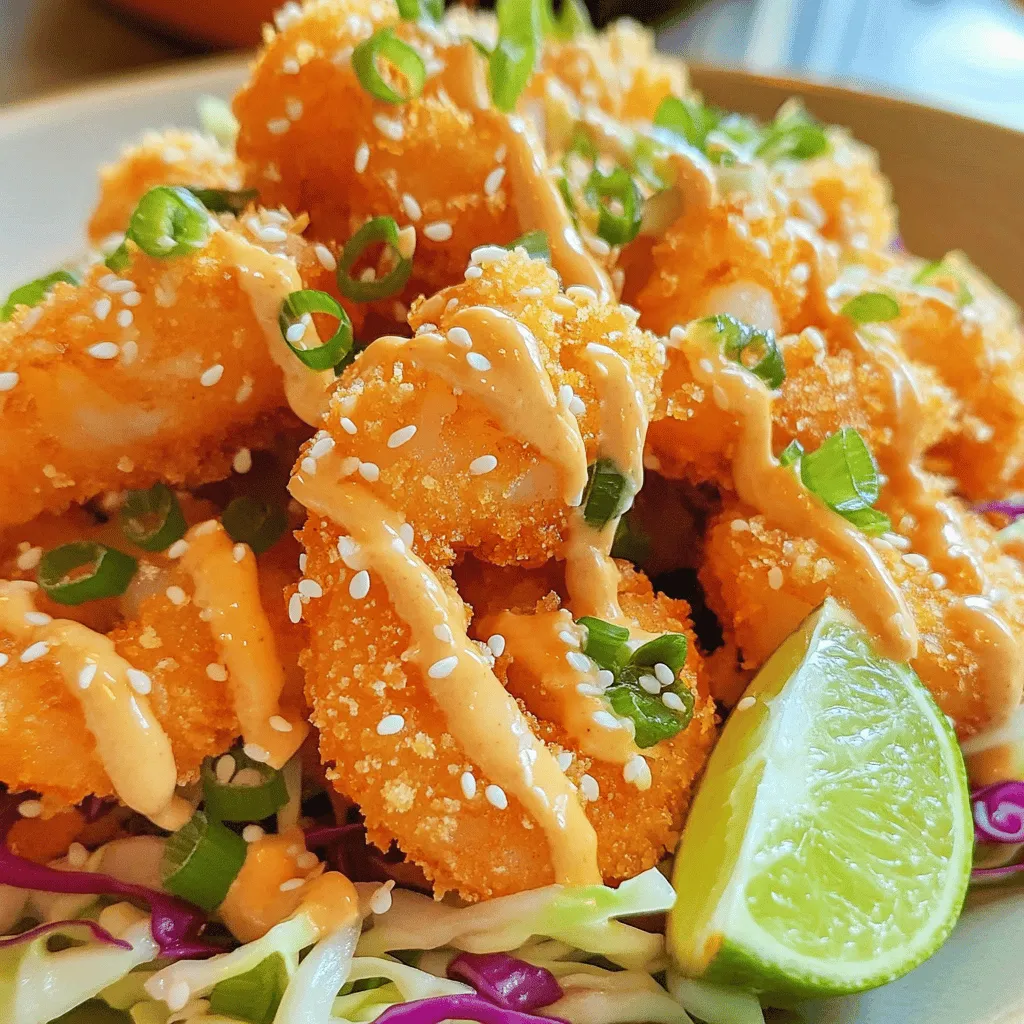 To create the perfect Bang Bang Shrimp, gather these main ingredients: - 1 pound large shrimp, peeled and deveined - 1 cup buttermilk - 1 cup all-purpose flour - 1 cup panko breadcrumbs - 1 teaspoon garlic powder - 1 teaspoon paprika - 1/2 teaspoon cayenne pepper (adjust for heat preference) - 1/2 teaspoon salt - 1/2 teaspoon black pepper - Oil for frying These ingredients will help you make shrimp that is crispy, flavorful, and fun to eat. This sauce is the star of the dish. You need: - 1/2 cup mayonnaise - 1/4 cup sweet chili sauce - 1 tablespoon sriracha (or to taste) - 1 teaspoon lime juice - 1 teaspoon honey This sauce adds a sweet and spicy kick that pairs well with the shrimp. If you have trouble finding some items, here are a few swaps: - For buttermilk, mix 1 cup milk with 1 tablespoon vinegar or lemon juice. - You can use gluten-free flour instead of all-purpose flour. - If you want less spice, leave out the cayenne pepper or reduce the sriracha. - Substitute Greek yogurt for mayonnaise to make it lighter. These options ensure you can still enjoy Bang Bang Shrimp, no matter your kitchen situation. For the full recipe, check out the details above. Start by preparing the shrimp. In a medium bowl, soak 1 pound of peeled and deveined shrimp in 1 cup of buttermilk. Let the shrimp sit for at least 30 minutes. This step adds flavor and keeps the shrimp juicy. While the shrimp soaks, set up your breading station. Use three bowls: - In the first bowl, mix 1 cup of all-purpose flour with 1 teaspoon of garlic powder, 1 teaspoon of paprika, 1/2 teaspoon of cayenne pepper, 1/2 teaspoon of salt, and 1/2 teaspoon of black pepper. - In the second bowl, pour in 1 cup of panko breadcrumbs. - In the third bowl, keep the remaining buttermilk ready. Now, it's time to fry the shrimp. Heat oil in a deep pan over medium-high heat. Make sure the oil is hot, around 350°F or 175°C. 1. Remove the shrimp from the buttermilk. 2. Dip each shrimp in the flour mixture, coating it fully. 3. Shake off any extra flour. 4. Dip the shrimp in the buttermilk again. 5. Roll it in panko breadcrumbs until well covered. Once the shrimp are breaded, gently place a few shrimp in the hot oil. Fry until they turn golden brown, about 2-3 minutes on each side. Use a slotted spoon to remove the shrimp and let them drain on a paper towel. Now, your crispy Bang Bang shrimp are ready! For the full recipe, check out the details above. To get that perfect crispy coating, follow these steps: - Buttermilk Soak: Soak your shrimp in buttermilk. This keeps them moist. - Triple Dipping: Dip shrimp in flour, then buttermilk, and finally panko. This adds layers. - Oil Temperature: Make sure your oil is hot enough. Aim for 350°F. If it's too cold, the shrimp will soak up oil. - Batch Frying: Fry in small batches to keep the oil temperature steady. This helps them stay crispy. You can easily change the heat in your Bang Bang Shrimp: - Cayenne Pepper: Use less if you want milder shrimp. A sprinkle is enough for a kick. - Sriracha: Add more sriracha to the sauce for extra heat. Taste as you mix. - Sweet Chili Sauce: This balances heat. Use more for a sweeter flavor without heat. Here are some fun ways to serve your Bang Bang Shrimp: - On a Plate: Serve shrimp on a bed of shredded cabbage. This adds a nice crunch. - Garnish: Top with sliced green onions or sesame seeds for flair. - Lime Wedges: Add lime wedges on the side for a fresh squeeze. This brightens the dish. - Dipping Sauce: Serve extra Bang Bang sauce on the side for dipping. For the full recipe, check out the Bang Bang Shrimp Delight . Enjoy these tips to make your dish shine! {{image_2}} Bang Bang shrimp work great in tacos. To make these, prepare your shrimp as usual. Then, place them in warm corn or flour tortillas. Add shredded cabbage for crunch. Top with avocado slices and fresh cilantro. Drizzle extra Bang Bang sauce on top for flavor. This twist brings a fun, fresh vibe to your meal. For a lighter option, try a Bang Bang shrimp salad. Start with a bed of mixed greens. Add cucumbers, cherry tomatoes, and red onions for color. Toss in your crispy shrimp and drizzle with the Bang Bang sauce. This salad is not just tasty; it’s also healthy and refreshing. You can enjoy Bang Bang flavors without shrimp. Use cauliflower or tofu as a substitute. Cut them into bite-sized pieces and follow the same breading and frying process. For a vegan sauce, swap mayonnaise with a plant-based alternative. This way, you keep the crunch and flavor without seafood. For the full recipe, check out the Full Recipe section above. To store leftover Bang Bang Shrimp, let them cool first. Place them in an airtight container. This keeps them fresh and prevents sogginess. Store the container in the fridge for up to two days. Make sure not to stack them too high to avoid crushing the crispy coating. When you’re ready to enjoy your leftovers, reheating is key. Preheat your oven to 350°F (175°C). Spread the shrimp on a baking sheet. Bake for about 10-12 minutes, or until they're hot and crispy again. Avoid using the microwave; it can make the shrimp soggy. For extra crispiness, you can use an air fryer at 375°F (190°C) for 6-8 minutes. Yes, you can freeze Bang Bang Shrimp! First, let them cool completely. Arrange them in a single layer on a baking sheet. Freeze for about an hour, then transfer them to a freezer bag. Remove as much air as possible to prevent freezer burn. They can stay in the freezer for up to three months. When ready to eat, thaw in the fridge overnight before reheating. For the best flavor, try to eat them sooner rather than later. For the full recipe, check out the detailed steps to make this crispy delight! Bang Bang Shrimp is a popular appetizer. It features crispy shrimp tossed in a spicy and sweet sauce. The dish combines flavors of mayonnaise, sweet chili sauce, and a hint of sriracha. This mix gives the shrimp a delightful kick. You can serve it as a starter or a snack. I love how easy it is to make at home. You can find the full recipe for a step-by-step guide. Yes, you can make Bang Bang Shrimp without frying. Baking or air frying is a great alternative. For baking, preheat your oven to 425°F (220°C). Place the breaded shrimp on a lined baking sheet. Spray them lightly with oil for crispiness. Bake for about 12-15 minutes or until golden. If you choose air frying, cook at 400°F (200°C) for 8-10 minutes, flipping halfway through. This method keeps the shrimp tasty while reducing the oil. Many restaurants serve Bang Bang Shrimp, especially seafood places. You often find it on the appetizer menu. Some chain restaurants have popular versions too. If you want to try it before making it, check local eateries or seafood restaurants. Many chefs put their twist on the dish, so it’s fun to try different styles. This blog post explored how to make Bang Bang Shrimp from scratch. We covered the main ingredients, including shrimp and sauce, plus substitutes if needed. You learned step-by-step instructions for cooking, tips for crispy coating, and serving ideas. We also discussed fun variations like tacos and salads. Finally, I shared how to store and reheat leftovers. With this guide, you can enjoy delicious Bang Bang Shrimp at home. Now, go ahead and try these methods to impress everyone with your cooking skills!