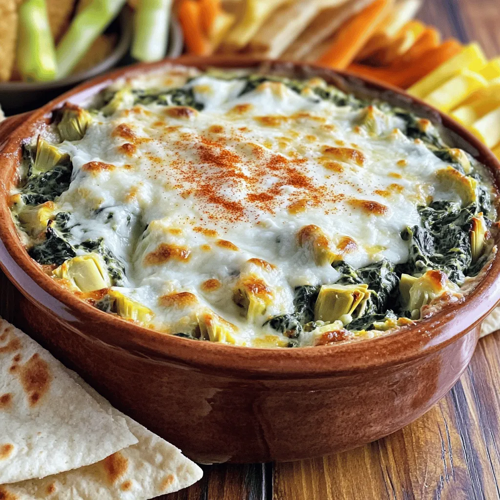 - 1 cup fresh spinach, chopped - 1 cup canned artichoke hearts, drained and chopped - 1 cup cream cheese, softened - 1/2 cup sour cream - 1/2 cup mayonnaise - 1 cup shredded mozzarella cheese - 1/2 cup grated Parmesan cheese - 2 cloves garlic, minced - 1 teaspoon lemon juice - Salt and pepper to taste For this creamy spinach artichoke dip, you will need fresh and canned ingredients. The fresh spinach gives a nice color and taste. Canned artichoke hearts add a unique flavor. The combination of cream cheese, sour cream, and mayonnaise creates a rich base. You can adjust the amount of cheese to your liking. Using mozzarella makes it gooey, while Parmesan adds a nice bite. Garlic brings a savory depth. A splash of lemon juice lifts the flavors nicely. - Baking dish - Mixing bowl - Oven You will need a baking dish to hold the dip as it bakes. A mixing bowl is essential for combining the ingredients. An oven is necessary to heat the dip until bubbly and golden. - Converting cups to grams - How to measure sticky ingredients When measuring, one cup of cream cheese is about 240 grams. To measure sticky ingredients like sour cream, use a spatula to scrape it out smoothly. This helps avoid waste and ensures you get the right amount. Accurate measurements make a better dip. To start, chop the spinach and artichokes. For the spinach, stack the leaves, roll them up, and slice. This method makes it easy to get nice, thin pieces. Drain the canned artichoke hearts, then chop them into small chunks. This way, they mix well in the dip. Next, for mincing garlic, peel the cloves and press them with the flat side of a knife. This helps release their flavor. Then, chop the garlic finely. You want small pieces so they blend into the mix. Now it’s time to mix! In a medium bowl, combine cream cheese, sour cream, and mayonnaise. Using a hand mixer or a spatula, beat them until smooth and creamy. This step is key for a rich dip. Once mixed, add the chopped spinach, artichokes, minced garlic, lemon juice, and a pinch of salt and pepper. Stir well to blend all the flavors. Finally, fold in the shredded mozzarella and grated Parmesan cheese gently. This keeps the mixture fluffy and creamy. Preheat your oven to 350°F (175°C). This ensures even cooking. Transfer your dip mixture into a baking dish and spread it out evenly. Bake for 20 to 25 minutes. You want the dip to be bubbly and lightly golden on top. The baking time is crucial for a great texture. After baking, let it cool for a few minutes before serving. Enjoy your creamy spinach artichoke dip! For more details, check out the full recipe. To achieve the best texture for your creamy spinach artichoke dip, mix the cream cheese first. Make sure it is soft. Then add the sour cream and mayonnaise. Mix until it is smooth. This base helps the dip to be creamy and rich. If you want it thicker, add more cream cheese. For a lighter dip, try using Greek yogurt instead of sour cream. Adjusting flavors is easy. Taste the mixture as you go. If you want more zing, add more lemon juice. A bit of garlic can give it a nice kick too. Salt and pepper are key. Use them to enhance the flavors. For the best accompaniments, serve your dip warm with pita chips or tortilla chips. Fresh veggie sticks, like carrots and celery, also work great. They add a nice crunch and freshness. Presentation is important for gatherings. Transfer the dip to a colorful baking dish. Before baking, sprinkle extra Parmesan on top for a golden crust. You can also add a dash of paprika for color. This makes the dip look inviting and tasty. One common mistake is overmixing the dip. This can make it too soft. Mix until combined, but don’t go overboard. Undermixing is another issue. Make sure all ingredients are mixed well. You want a consistent flavor throughout. Baking time is also crucial. Bake for about 20-25 minutes. Watch for bubbling and a light golden top. If you bake too long, it can dry out. Keep an eye on it to get the best results. {{image_2}} You can make this dip lighter by swapping sour cream for Greek yogurt. Greek yogurt adds a nice tang and keeps the dip creamy. It also packs more protein. Another option is to use low-fat cheese. This switch cuts calories while still giving you that cheesy goodness. To boost flavor, try adding sun-dried tomatoes or crispy bacon. Both add a unique twist. You can also play with spices and herbs. Consider adding garlic powder, onion powder, or fresh basil for extra depth. Decide whether to serve the dip cold or hot. Warm dip is creamy and comforting. Cold dip is refreshing and great for summer. For a fun twist, use creative containers like mini bread bowls or hollowed-out peppers. This makes the dip look fancy and fun! To store your creamy spinach artichoke dip, place it in an airtight container. This keeps it fresh and tasty. Make sure to cool it to room temperature first. The dip will last for about 3 to 5 days in the fridge. If you want it to last longer, think about freezing it. When you reheat the dip, do it slowly. Use a microwave or an oven set to low heat. Stir it every few minutes to keep it from drying out. You can freeze this dip too! Just make sure it cools and is in a safe freezer container. You can make this dip ahead of time for parties. Just prepare it and store it in the fridge. When you’re ready, pop it in the oven. If you want to freeze it, prepare the dip, then put it in a freezer bag. Remove as much air as possible to keep it fresh. You can freeze it for up to 2 months. When you're ready to enjoy it, let it thaw in the fridge overnight before baking. You can use Greek yogurt as a great swap for cream cheese. It gives a nice tang. Another option is cottage cheese. Just blend it until smooth. Both choices will change the texture a bit. Your dip may be less thick, but still tasty. Yes, you can make this dip vegan. Use vegan cream cheese or cashew cream. For the sour cream, try coconut yogurt or another plant-based option. These swaps keep the dip creamy and flavorful. Just be careful with the salt, as some vegan products may be saltier. You can add heat to your dip easily. Try adding diced jalapeños or crushed red pepper flakes. Start with a little and taste as you go. If you want more spice, add more heat gradually. This way, you control the spice level to match your taste. This blog post covers how to make a delicious dip using simple ingredients. We discussed each ingredient, the tools you need, and detailed steps for prep and baking. You learned tips to perfect taste and texture, along with creative serving ideas. In the end, making this dip is easy and fun. Whether you choose to tweak the flavors or stick to the basics, enjoy your tasty creation. It’s sure to be a hit at any gathering!