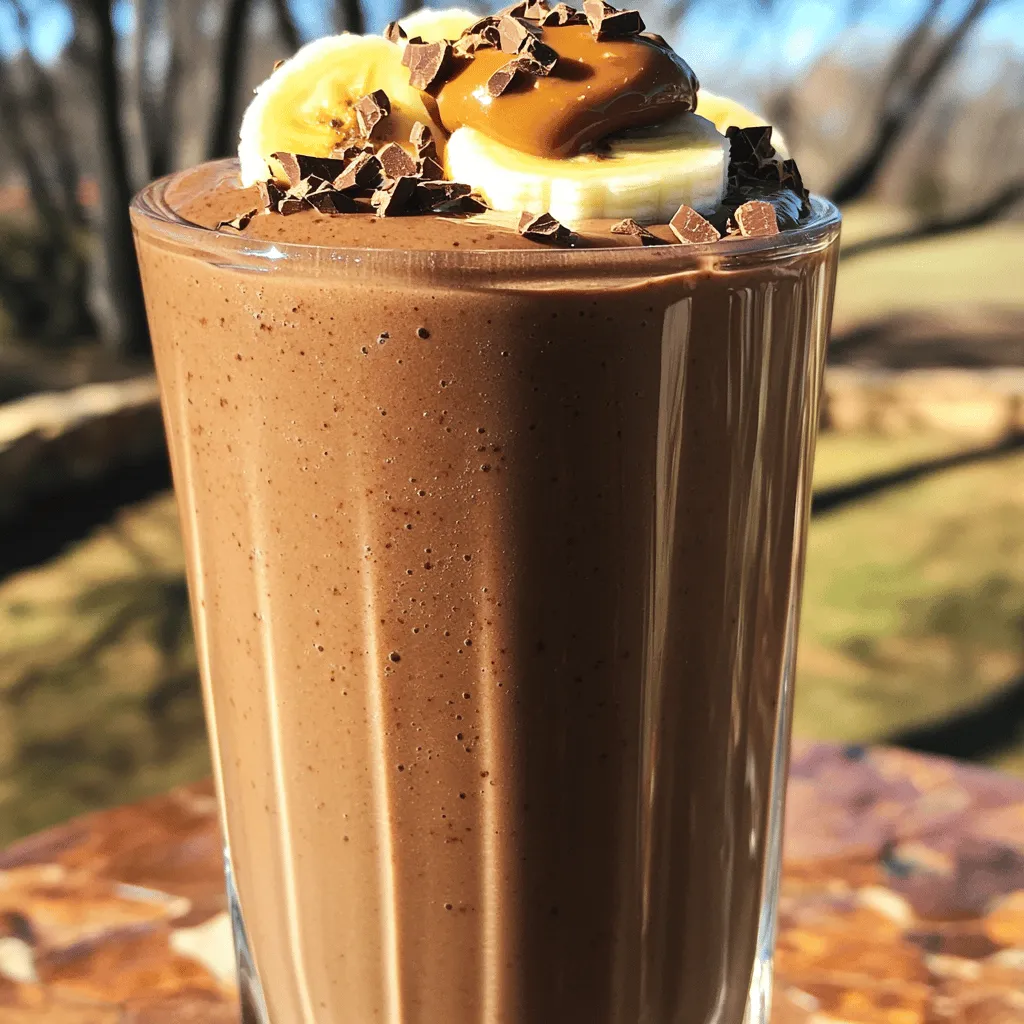 - 2 ripe frozen bananas - 1 cup unsweetened almond milk (or alternative) - 2 tablespoons cocoa powder - 1 tablespoon almond or peanut butter - 1 tablespoon maple syrup (optional) - 1/2 teaspoon vanilla extract - Pinch of sea salt - Optional ice cubes for thickness The key to a great chocolate banana smoothie lies in the ingredients. Start with 2 ripe frozen bananas. Frozen bananas give your smoothie a creamy texture and natural sweetness. If you don't have frozen bananas, peel and slice fresh ones, then freeze them for a few hours. Next, add 1 cup of unsweetened almond milk. You can also use any milk you prefer, like oat or cow's milk. This adds smoothness and helps blend all the flavors together. Then, it's time to introduce the chocolate! Use 2 tablespoons of cocoa powder for that rich taste. It adds a deep chocolate flavor without too much sugar. If you want creaminess, include 1 tablespoon of almond or peanut butter. This also boosts protein and healthy fats. If you like a touch of sweetness, add 1 tablespoon of maple syrup. It's optional, so taste your smoothie before adding it. A dash of 1/2 teaspoon vanilla extract enhances the flavors. Finally, don’t forget a pinch of sea salt. It balances the sweetness and brings out the chocolate flavor. For extra thickness, toss in some ice cubes. This step is optional, but it can make your smoothie even more refreshing. With these ingredients, you set the stage for a delicious treat. For the full recipe, check out the details above. Start by peeling the frozen bananas. Frozen bananas are sweeter and creamier. Break them into smaller pieces. This helps when blending. Next, measure each ingredient carefully. Accurate measurements make a big difference in taste. Here’s what you need: - 2 ripe bananas, frozen - 1 cup unsweetened almond milk (or any milk of choice) - 2 tablespoons cocoa powder - 1 tablespoon almond butter (or peanut butter) - 1 tablespoon maple syrup (optional, to taste) - 1/2 teaspoon vanilla extract - A pinch of sea salt - Ice cubes (optional for extra thickness) Now, it’s time to blend! In a blender, combine the frozen banana pieces, almond milk, cocoa powder, almond butter, and maple syrup. Don’t forget the vanilla extract and sea salt. Blend on high until the mix is smooth and creamy. If needed, stop the blender and scrape down the sides. This ensures everything blends well. If you like your smoothie thicker, add a few ice cubes. Blend again until smooth. Taste the smoothie. If it needs more sweetness, add extra maple syrup. Once blended, pour the smoothie into tall glasses. For a nice touch, you can add a dollop of almond butter on top. Sprinkle cocoa nibs or sliced bananas for a fun look. Serve with a straw for easy sipping. This smoothie is not just tasty; it looks great too! Enjoy your delicious creation! To make your smoothie taste great, you can adjust the sweetness. Use maple syrup for a natural sweet touch. Start with one tablespoon and add more if you like it sweeter. Choosing the right cocoa powder is also key. Look for unsweetened cocoa for rich chocolate taste. Dutch-process cocoa gives a smoother flavor, while natural cocoa has a bit more bite. When blending, stop to scrape down the sides. This helps mix all the ingredients well. Use high-speed settings for a creamy texture. If your blender has a smooth setting, use that for the best results. This makes sure you get every bit of banana mixed in. For a fun finish, try creative garnishing. Top your smoothie with a dollop of almond butter. Sprinkle cocoa nibs or sliced bananas on top for color. Serve it in a tall glass or bowl. A straw makes it easy to sip, and a small spoon can help you enjoy every last bit. Pair it with whole-grain toast or a fruit salad for a complete meal. {{image_2}} You can make your smoothie even healthier. Adding protein powder boosts nutrition. Choose a flavor that fits your taste. If you have nut allergies, use sunflower seed butter or tahini. These options keep it creamy without nuts. Feel free to mix in other fruits. Strawberries, blueberries, or mango add a nice touch. You can also blend in spinach. It adds nutrients without changing the taste much. Your smoothie will still taste like a chocolate treat! Try using oat milk or coconut milk for a twist. Oat milk gives a creamy texture and a hint of sweetness. Coconut milk adds a tropical flair and a rich taste. Each milk type offers unique benefits, enhancing your smoothie experience. To keep your chocolate banana smoothie fresh, store it in the fridge or freezer. If you have leftovers, pour them into an airtight container. This helps keep the flavors strong. You can refrigerate the smoothie for up to two days. If you want to save it longer, consider freezing it. For freezing, use freezer-safe containers or ice cube trays. This way, you can enjoy a quick treat later. When you're ready to enjoy your frozen smoothie, take it out of the freezer. Let it thaw in the fridge or at room temperature for a few hours. If you're in a hurry, you can microwave it in short bursts. Just be careful not to overheat! After thawing, if the smoothie looks a bit thick, stir in a splash of almond milk. This will help refresh its smooth texture before serving. To make a vegan chocolate banana smoothie, use plant-based milk. Almond milk works well, but you can use oat or soy milk too. For creaminess, choose almond butter or peanut butter. These options are dairy-free and full of flavor. You can also skip the maple syrup if you want it less sweet. This smoothie is a tasty treat for everyone, not just vegans! A chocolate banana smoothie is not just yummy; it’s good for you too! Here are some nutritional highlights: - Bananas: They are rich in potassium, which helps your heart. - Cocoa powder: It’s full of antioxidants and can boost your mood. - Almond milk: It is low in calories and high in vitamins. - Nut butter: It gives healthy fats and protein, keeping you full. This smoothie packs a punch of nutrition while tasting great! Using fresh bananas is fine, but it changes the smoothie’s texture. Frozen bananas make it thick and creamy. Fresh bananas give a smoother but lighter texture. If you use fresh ones, you might want to add ice cubes. This keeps it cold and adds thickness. Both options taste good, so choose based on your preference! You can make a tasty Chocolate Banana Smoothie with just a few simple steps. Start with ripe frozen bananas and the right mix of ingredients. Blend until smooth for a treat that's both refreshing and healthy. Don’t forget to try variations, like adding protein powder or other fruits. Smoothies are easy to customize, making them perfect for any taste. Whether you're using almond milk or coconut milk, you can enjoy a sweet snack anytime. Remember, with a little creativity, smoothies can be both fun and nutritious.