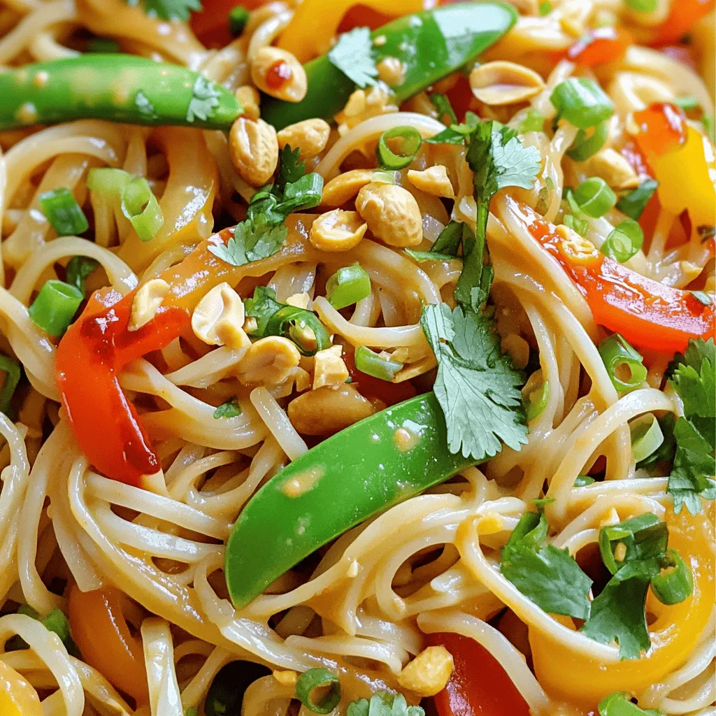 To make Spicy Thai Peanut Noodles, you need the following fresh and vibrant ingredients: - 8 oz rice noodles - 1 cup bell peppers (mixed colors), thinly sliced - 1 cup carrots, julienned - 1 cup snap peas, trimmed - 1/4 cup green onions, chopped - 1/4 cup roasted peanuts, roughly chopped - 1 tablespoon sesame oil - 2 cloves garlic, minced - 1 tablespoon fresh ginger, minced - 1/4 cup peanut butter (creamy) - 3 tablespoons soy sauce - 1 tablespoon sriracha (adjust to taste) - 1 tablespoon lime juice - Salt and pepper to taste - Fresh cilantro, for garnish (optional) Gathering these ingredients sets you up for a quick and tasty meal. The rice noodles provide a soft base, while the veggies add crunch and color. Roasted peanuts give a delightful crunch, and the spicy sauce ties everything together. You can find the full recipe in the next section to guide you through the cooking process. Enjoy the mix of flavors! First, get a large pot and fill it with water. Bring the water to a boil. Once it boils, add 8 oz of rice noodles. Cook them according to the package instructions until they are al dente. This usually takes about 4 to 6 minutes. After that, drain the noodles in a colander. Rinse them under cold water to stop the cooking process. Set the noodles aside for later. Next, take a large skillet or wok. Heat 1 tablespoon of sesame oil over medium-high heat. Once the oil is hot, add 2 cloves of minced garlic and 1 tablespoon of minced ginger. Stir-fry these for about 30 seconds until they smell great. Add 1 cup of thinly sliced bell peppers, 1 cup of julienned carrots, and 1 cup of trimmed snap peas. Stir-fry the vegetables for about 3 to 4 minutes until they are tender but still crisp. In a small bowl, whisk together 1/4 cup of creamy peanut butter, 3 tablespoons of soy sauce, 1 tablespoon of sriracha, and 1 tablespoon of lime juice. Mix until the sauce is smooth. If it feels too thick, add a little warm water. Keep adding until it is just right for you. Now, add the cooked noodles to the skillet with the veggies. Pour the peanut sauce over the noodles. Toss everything together well so all the noodles are covered with sauce and mixed with veggies. Cook for another 2 to 3 minutes to heat everything through. Remove the skillet from heat. Stir in 1/4 cup of chopped green onions and 1/4 cup of roughly chopped roasted peanuts. Season with salt and pepper to taste. Serve the noodles in bowls. You can add garnishes like fresh cilantro or more crushed peanuts for extra flavor. Enjoy your delicious meal! For the full recipe, check the section above. To make the best Spicy Thai Peanut Noodles, always cook the noodles al dente. This means they should be firm but not hard. Overcooked noodles can turn mushy and lose their texture. Adjust the heat level with sriracha to fit your taste. Start with a little, then add more for extra spice. Using high heat for stir-frying is key. It helps the veggies stay crisp and bright. When you rinse the cooked noodles with cold water, it stops the cooking process. This keeps them from sticking together and helps them stay separate. Garnish your dish with fresh cilantro and extra peanuts for crunch. You can also add lime wedges on the side. A squeeze of lime adds a nice zing and enhances the flavors. For a fun twist, try serving the noodles in bowls for a pop of color. For the full recipe, visit [Full Recipe]. {{image_2}} You can easily make this dish gluten-free. Just swap rice noodles for gluten-free noodles made from rice or quinoa. For vegan options, skip the honey and use maple syrup or agave nectar instead. You can also choose a vegan-friendly sauce instead of soy sauce. If you want to change the veggies, try using zucchini, broccoli, or green beans instead of bell peppers, carrots, and snap peas. Seasonal veggies like asparagus or mushrooms can also work great. They add a fresh twist to your meal. For extra protein, add tofu or chicken. If using tofu, choose firm tofu for the best texture. Sauté it until golden brown before adding it to the dish. For chicken, slice it thinly and cook it in the skillet first. Make sure it is cooked through before adding the noodles. These variations keep your meal exciting and allow you to cater to your taste or dietary needs while preparing Spicy Thai Peanut Noodles. For the complete recipe, check out the Full Recipe section. To keep your Spicy Thai Peanut Noodles fresh, store leftovers in a tight container. Make sure the lid seals well. This helps prevent air and moisture from ruining your meal. In the fridge, these noodles will last for about 3 to 4 days. Always check for any signs of spoilage before eating. You can freeze this dish for later use. To do this, let the noodles cool completely first. Then, place them in a freezer-safe container. Make sure to remove as much air as possible before sealing. This will help prevent freezer burn. When you want to eat them, thaw the noodles overnight in the fridge. When it’s time to enjoy your noodles again, the best way to reheat them is in a skillet. Heat it over medium-low heat and add a splash of water or broth. This helps keep the noodles from drying out. Stir often until everything is hot. Avoid using a microwave if you want to keep the texture nice. Microwaves can make them soggy, which isn't ideal for this tasty dish. Spicy Thai Peanut Noodles can last about 3 to 4 days in the fridge. To keep them fresh, store them in an airtight container. This helps prevent them from drying out or absorbing other odors. Always check for any signs of spoilage before eating. Yes, you can prepare Spicy Thai Peanut Noodles ahead of time. Cook the noodles and veggies, then store them separately from the sauce. Mix everything together just before serving. This keeps the noodles and veggies crisp and fresh. If you have a peanut allergy, you can use sunflower seed butter or almond butter. Both options give a creamy texture. You can also try tahini, which is made from sesame seeds. Each choice will alter the flavor slightly, but they all work well. The spice level of Spicy Thai Peanut Noodles depends on how much sriracha you use. For a mild dish, reduce the sriracha. For more heat, add more sriracha or even some chili flakes. You can always adjust it to match your taste. To make Spicy Thai Peanut Noodles nut-free, simply skip the peanut butter. Use sunflower seed butter or tahini instead. You can also omit the peanuts on top and use crispy rice or seeds for crunch. This way, everyone can enjoy the dish safely. For the complete recipe, check out the Full Recipe section. This recipe for Spicy Thai Peanut Noodles is a great way to enjoy tasty food. We used fresh rice noodles, colorful veggies, and a creamy peanut sauce. Each step is easy to follow, from cooking the noodles to stir-frying your ingredients. You can tweak the spice and swap ingredients based on your diet. Don't forget, storing leftovers correctly can save you time later. With these tips and tricks, you can create a dish that's not only delicious but fills you with pride. Enjoy cooking and sharing this flavorful meal!