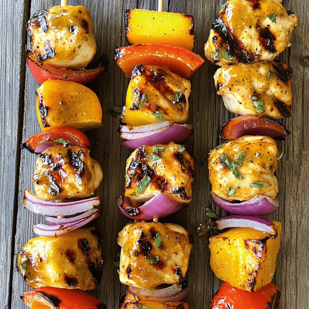 - 1 lb chicken breast, cut into 1-inch cubes - 2 tablespoons honey - 2 tablespoons Dijon mustard - 1 tablespoon olive oil - 1 teaspoon garlic powder - 1 teaspoon onion powder - Salt and pepper to taste - 1 bell pepper, cut into 1-inch pieces - 1 red onion, cut into wedges - Skewers (wooden or metal) You need fresh chicken breast for these skewers. Cut the chicken into 1-inch cubes. This size helps it cook well and stay juicy. Honey and Dijon mustard create a sweet and tangy marinade. Olive oil keeps the chicken moist while grilling. Garlic powder and onion powder add depth of flavor. Don’t forget the salt and pepper! They bring out the taste of the meat and veggies. Bell pepper and red onion add a nice crunch. Cut them into 1-inch pieces for easy grilling. - Additional spices (paprika, cumin) - Fresh herbs (parsley, cilantro) If you want more flavor, add spices like paprika or cumin. These spices give a warm touch. Fresh herbs like parsley or cilantro can brighten the dish. You can sprinkle them on at the end for a fresh taste. - Grilled vegetables - Rice or quinoa salad - Fresh green salad For a complete meal, think about side dishes. Grilled vegetables pair well with the skewers. A rice or quinoa salad adds texture and nutrition. A fresh green salad brings a crisp element to your plate. These sides balance the flavors and make your meal more colorful. You can find the full recipe to make these Honey Mustard Chicken Skewers easily. To start, grab a medium bowl. In it, mix together the following: - 2 tablespoons honey - 2 tablespoons Dijon mustard - 1 tablespoon olive oil - 1 teaspoon garlic powder - 1 teaspoon onion powder - Salt and pepper to taste Whisk these ingredients until they blend well. This marinade gives your chicken a sweet and tangy flavor. Next, take your chicken breast, cut into 1-inch cubes. Add the chicken to the bowl with your marinade. Make sure the chicken is well-coated. Cover the bowl with plastic wrap. Let the chicken marinate in the fridge for at least 30 minutes, but up to 2 hours works best. This step enhances the flavor. When your chicken is ready, it’s time to grill. Preheat your grill to medium-high heat. Now, take skewers, either wooden or metal. Start threading the marinated chicken onto the skewers. Alternate with pieces of bell pepper and onion. Once you have your skewers ready, place them on the grill. Cook for 10-12 minutes, turning them occasionally. The chicken should reach an internal temperature of 165°F (75°C). This ensures it is safe to eat and juicy. For the full recipe, check out the Honey Mustard Chicken Skewers section above. To grill perfect honey mustard chicken skewers, start with medium-high heat. This allows the chicken to cook evenly and get a nice char. If your grill has a lid, close it while cooking. This keeps the heat in and cooks the chicken faster. Be sure to use a thermometer. The chicken should reach 165°F (75°C) to be safe. Prevent sticking by oiling your grill grates. Use a paper towel soaked in oil and a pair of tongs. Wipe the grates before placing the skewers on them. You can also use non-stick spray on the grates. This makes flipping and removing the skewers much easier. To keep your chicken juicy, avoid overcooking it. Check the internal temperature often. If you cook it too long, it becomes dry. Let the skewers rest for a few minutes after grilling. This helps the juices redistribute, making each bite flavorful and tender. Enjoy this easy yet delicious dish with my full recipe! {{image_2}} You can swap chicken for other proteins. Shrimp works great, adding a sweet and delicate taste. Tofu is a fantastic choice for a vegan option. It absorbs flavors well, enhancing the dish. Beef also makes for a hearty skewer. Just remember to adjust cooking times. Shrimp cooks fast, while beef needs a bit longer to reach a safe temperature. While honey mustard shines in this recipe, other marinades can add new flavors. Teriyaki sauce brings a sweet and savory twist. Barbecue sauce adds a rich, smoky taste. A lemon herb blend can brighten your skewers with fresh notes. Feel free to experiment with your favorite sauces. Each will create a unique take on this dish. Using seasonal vegetables can elevate your skewers. Zucchini adds a crisp texture and mild flavor in summer. Cherry tomatoes burst with sweetness and color. Mushrooms provide a savory depth that pairs well with the honey mustard. Mix and match your favorite veggies to keep things interesting. This not only enhances flavors but also adds nutrition to your meal. For a full recipe, check the [Full Recipe]. To store leftover skewers, allow them to cool first. Place them in an airtight container. Cover the container tightly. Store it in the fridge for up to three days. This keeps the chicken and veggies fresh and tasty. To reheat your skewers, use an oven or a skillet. Preheat your oven to 350°F. Place the skewers on a baking sheet. Cover them with aluminum foil. Heat for about 10-15 minutes. If using a skillet, add a little oil to prevent sticking. Heat on medium-low, turning gently. This keeps them moist and prevents drying out. For freezing, marinate the chicken as usual. Place the marinated chicken in a freezer bag. Remove excess air before sealing. You can also freeze pre-cooked skewers. Place them on a baking sheet first, then freeze until solid. Once frozen, transfer them to a freezer bag. Label the bags and store for up to three months. When ready to use, thaw in the fridge before grilling or reheating. For more details, check the Full Recipe. Yes, but proper thawing is recommended before marinating. To thaw chicken safely, place it in the fridge overnight or use the defrost setting on your microwave. This keeps the chicken safe and helps it absorb flavors well during marination. If you lack skewers, you can make a grill-friendly dish without them. Simply place the marinated chicken and veggies directly on the grill. Use a grill basket to hold smaller pieces. You can also cook everything in a grill pan. Just remember to turn them often for even cooking. To check if the chicken is done, use a meat thermometer. The internal temperature should reach 165°F (75°C). You can also look for clear juices running from the chicken. It should no longer be pink inside. These steps will help ensure your chicken skewers are safe and tasty. In this article, we covered how to make honey mustard chicken skewers. You learned about the required and optional ingredients, plus suggested side dishes. We shared step-by-step instructions for marinating and grilling, along with tips for perfect skewers. You now know about variations and how to store leftovers too. These skewers are easy, tasty, and fun to make. Enjoy sharing them with friends and family!