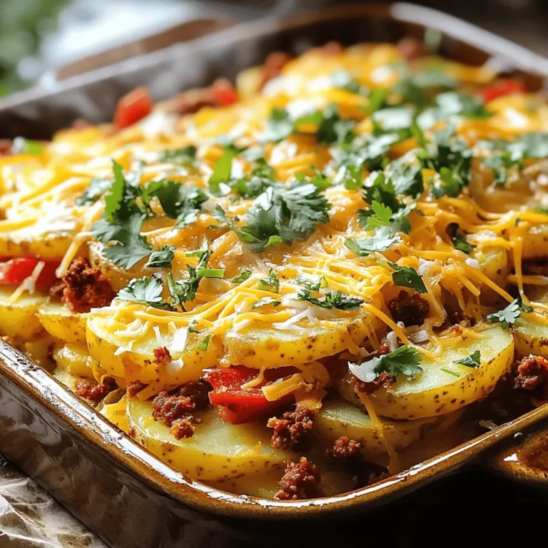To make Chorizo & Potato Egg Casserole, you will need: - 1 pound chorizo, casings removed - 3 medium potatoes, diced - 1 small onion, finely chopped - 1 red bell pepper, diced - 1 cup shredded cheddar cheese - 6 large eggs - 1 cup milk - 1 teaspoon smoked paprika - 1 teaspoon garlic powder - Salt and pepper to taste - Chopped fresh cilantro or parsley for garnish (optional) Each ingredient plays a key role in creating a rich, savory flavor. The chorizo gives a spicy kick, while the potatoes add heartiness. The eggs and cheese bind everything together in a creamy, satisfying dish. If you have dietary needs or preferences, you can make easy swaps. Try using turkey chorizo for a leaner option. For a dairy-free version, replace milk and cheese with plant-based alternatives. You can also use sweet potatoes instead of regular potatoes for a sweeter touch. If you want to skip the heat, use a mild sausage instead of chorizo. To round out your meal, serve this casserole with fresh fruit or a simple salad. A dollop of sour cream enhances the creaminess. You could also try some avocado slices for added richness. Each of these sides makes the dish even more enjoyable. Remember, this recipe is all about comfort and flavor, making it perfect for brunch or dinner. For the full recipe, check out the link provided! Start by gathering all your ingredients. You will need chorizo, potatoes, onion, red bell pepper, eggs, milk, cheese, and spices. First, preheat your oven to 375°F (190°C). Grab a 9x13-inch baking dish and grease it with cooking spray or butter. This will help prevent sticking later. Next, in a skillet over medium heat, cook the chorizo for about 5-7 minutes. Make sure to break it apart as it cooks. It should be nicely browned and crumbly. After cooking, transfer it to a plate lined with paper towels. This will soak up any extra grease. In the same skillet, add the diced potatoes. Cook them for about 10 minutes, stirring often. You want them to start softening. After that, add the chopped onion and red bell pepper. Cook for another 5 minutes until the onion turns clear. While your veggies are cooking, take a large bowl and whisk together the eggs, milk, smoked paprika, garlic powder, salt, and pepper. Mix until everything is well combined. Now, it’s time to layer your casserole. In the greased baking dish, place the cooked chorizo first. Next, add the potato mixture on top of it. Finally, pour the egg mixture over everything. Don’t forget to sprinkle the shredded cheddar cheese on top! Place the casserole in your preheated oven. Bake it for 30-35 minutes. You know it’s done when the center is set and the top looks slightly golden. After baking, let it cool for a few minutes. This makes it easier to slice into squares or rectangles. For the best taste, serve it hot. A sprinkle of fresh cilantro or parsley adds a nice touch. If you like, add a dollop of sour cream or some avocado slices on the side. Enjoy this tasty comfort dish! For the full recipe, check out the details above. To get the right texture in your casserole, cook the potatoes until they are soft but not mushy. Dicing them into small cubes helps them cook evenly. When you mix in the chorizo, ensure it is crumbly. This keeps the casserole light and fluffy. Baking it at 375°F allows the top to crisp while the inside stays creamy. Let it cool for a few minutes before cutting. This helps it hold its shape better. For extra flavor, use fresh herbs like cilantro or parsley. They add a nice touch and color. You can also try adding jalapeños for heat or swapping the cheddar for pepper jack cheese. Smoked paprika gives a lovely warmth, but don’t forget the garlic powder to boost the savory notes. A splash of hot sauce before serving can take it to the next level! One mistake is overcooking the chorizo. Cook it just until browned, then drain the grease. Another is not seasoning enough. A pinch of salt and pepper can make a big difference. Make sure to whisk the egg mixture well; this ensures even cooking. Lastly, avoid skipping the cooling step. Letting it rest helps the casserole set and makes serving easier. Check out the Full Recipe for all the details! {{image_2}} You can make a tasty vegetarian version of this casserole. Swap out the chorizo for cooked black beans or lentils. These will add protein and fiber. Use a mix of spices to mimic the chorizo's flavor. Try smoked paprika, cumin, and a bit of chili powder. You can also add more veggies like spinach or mushrooms. This keeps the dish hearty without meat. If you're looking for cheese alternatives, try using a dairy-free option. Nutritional yeast gives a cheesy flavor without dairy. Vegan cheese melts well, so it works great here. You can use crumbled feta or goat cheese for a tangy twist. Both add a unique taste that pairs well with potatoes and eggs. Feel free to get creative with veggie add-ins. Zucchini, kale, or corn can bring more color and nutrition. You can also add broccoli or asparagus for a crunchy texture. Carrots can add a hint of sweetness. Just remember to chop them small, so they cook evenly. Mix and match to find your favorite combination! For the full recipe, check out the complete guide! After you bake your chorizo and potato egg casserole, let it cool down. Once it cools, cover it tightly with plastic wrap or aluminum foil. You can also use an airtight container. Store it in the fridge for up to three days. If you want to keep the casserole for a longer time, freezing works well. Cut it into portions and wrap each piece in plastic wrap. Then, place the wrapped pieces in a freezer-safe bag. This allows for easy thawing later. You can freeze it for up to three months. When you’re ready to enjoy leftovers, reheat the casserole. You can use the oven or microwave. For the oven, preheat it to 350°F (175°C). Bake the casserole for about 20-25 minutes. If using a microwave, heat in 30-second intervals until warm. Make sure it is heated all the way through. Enjoy your tasty dish again! For the full recipe, check the previous section. You can prepare this casserole a day in advance. Cook the chorizo and potatoes as the recipe states. Then, layer the cooked ingredients in the baking dish. Pour the egg mixture on top, but do not bake it yet. Cover the dish with plastic wrap and store it in the fridge overnight. In the morning, bake it straight from the fridge. Just add a few extra minutes to the cooking time. This makes breakfast easy and quick! Yes, you can use other types of sausage. Italian sausage or turkey sausage work well. Just remember to cook them until they are browned and crumbly. The flavor will change, but it can still be delicious. Play around with spices to match your taste. Each type of sausage brings a unique twist to this dish. This casserole is hearty and filling. You can serve it with a fresh salad for balance. A fruit salad adds sweetness and brightness, too. If you want something warm, consider serving toast or crusty bread. You might even enjoy a side of guacamole or salsa for added flavor. These sides will enhance your meal and make it even more enjoyable. For the full recipe, check out the link above! You learned about creating a delicious Chorizo & Potato Egg Casserole. We explored the key ingredients, offered substitutions, and shared great side dish ideas. The step-by-step guide provided clear prep and cooking instructions. I shared tips for texture and flavor and highlighted common mistakes to avoid. You also found variations for different diets and storage tips. Keep these ideas in mind to make the best casserole. Enjoy cooking and sharing this dish with others!