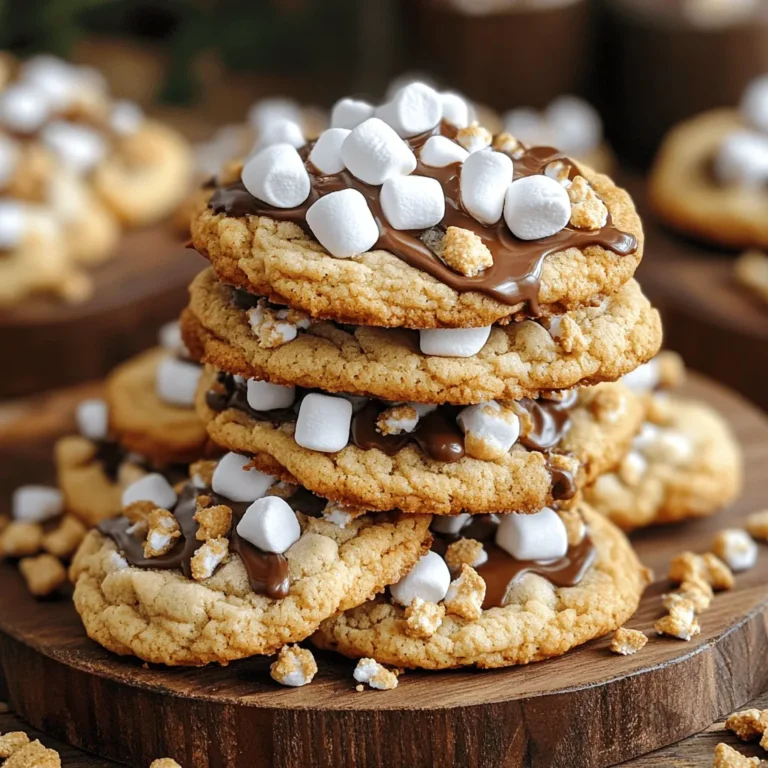 Let's gather all the tasty ingredients you need to make S'mores Cookies. Each part plays a vital role in creating that delicious flavor you crave. - Butter, sugars, and eggs - 1 cup unsalted butter, softened - 1 cup brown sugar - 1/2 cup granulated sugar - 2 large eggs - 1 teaspoon vanilla extract These ingredients form the base of your cookie dough. The butter adds richness, while the sugars provide sweetness. Eggs help bind the dough and give it a nice texture. - Dry ingredients: flour, baking soda, and salt - 3 cups all-purpose flour - 1 teaspoon baking soda - 1/2 teaspoon salt The flour gives your cookies structure. Baking soda helps them rise, and salt balances the sweetness. - Mix-ins: mini marshmallows, chocolate chips, and crushed graham crackers - 1 cup mini marshmallows - 1 cup chocolate chips (semi-sweet or milk chocolate) - 1 cup crushed graham crackers These fun mix-ins create that classic s'mores flavor. The marshmallows add chewiness, while the chocolate brings a sweet, melty goodness. The graham crackers add a nice crunch and flavor, making each bite unforgettable. For the full recipe, be sure to check the detailed instructions. Now, let’s get ready to bake those amazing cookies! To start, you need to preheat your oven to 350°F (175°C). This temperature helps the cookies bake evenly. While the oven heats, line two baking sheets with parchment paper. This step stops the cookies from sticking. You will need a few essential tools. A large mixing bowl, measuring cups, and a cookie scoop are key. A whisk and a spatula will also help mix your ingredients well. Begin by mixing your wet ingredients. In a large bowl, cream together the softened butter, brown sugar, and granulated sugar. Mix until the mixture looks light and fluffy. Add the eggs, one at a time. Make sure to mix well after each egg. Finally, stir in the vanilla extract. In a separate bowl, whisk together your dry ingredients: flour, baking soda, and salt. This step makes sure everything blends well. Gradually add the dry mix to the wet mix. Be careful not to overmix. You want to combine them until just mixed. Now it's time to scoop your cookies. Use a cookie scoop or a tablespoon to drop rounded balls of dough onto your baking sheets. Make sure to leave about 2 inches of space between each cookie. This space allows them to spread. Bake your cookies in the preheated oven for about 10 to 12 minutes. Look for lightly golden edges. The centers may seem soft, but they will firm up as they cool. When done, let the cookies cool on the baking sheets for 5 minutes before moving them to a wire rack. This helps them set perfectly. For the full recipe, check out the details above. To get the right cookie texture, start with your butter. Use softened butter at room temperature. This helps it blend smoothly with sugars. The sugar ratios matter too. Use more brown sugar for chewiness and granulated sugar for crispness. This mix gives you a nice balance. Do not overmix your dough. Once you add the dry ingredients, mix just until combined. Overmixing can make your cookies tough and dry, which is not what we want. You can add fun flavors to your cookies. A pinch of cinnamon or a dash of almond extract can enhance the taste. Experiment with spices, but do not overpower the s'mores flavor. Let’s talk about chocolate. Semi-sweet chocolate chips work well, but milk chocolate is sweeter. Pair them with mini marshmallows for that classic s'mores taste. You can also try flavored marshmallows for a twist! Baking cookies can be tricky. One common mistake is not measuring ingredients correctly. Always use the right tools to measure flour and sugar. Too much flour can lead to dry cookies. If your cookies are underbaked, put them back in the oven for a few minutes. For overbaked cookies, you can try to soften them by adding a slice of bread in the container. This can help them retain moisture. When you follow these tips, you will bake amazing s'mores cookies. For the full recipe, check out the details above. Enjoy the process! {{image_2}} You can easily make gluten-free s'mores cookies. Start by using gluten-free flour. Options like almond flour or coconut flour work well. Look for a blend that mimics regular flour. This helps keep the taste and texture similar to the classic version. When you swap flours, you may need to adjust your recipe a bit. Sometimes, gluten-free flour absorbs more moisture. Add a little extra butter or an egg. This will keep your cookies soft and chewy. Making vegan s'mores cookies is fun and simple. Replace the butter with vegan margarine or coconut oil. Use flaxseed or chia seeds mixed with water instead of eggs. This creates a great binding effect. For the chocolate chips, look for dairy-free options. Brands like Enjoy Life offer tasty plant-based chocolate that pairs well with the other flavors. You won’t miss the dairy in your cookies! Want to switch things up? Try adding nuts or dried fruits. Chopped pecans or walnuts add a nice crunch. Dried cranberries or cherries bring some sweetness. You can also experiment with flavored marshmallows or chocolate chips. Try mint or caramel flavored options for a fun twist. Combining these flavors can take your s'mores cookies to a whole new level! For the full recipe, check out the complete instructions above. To keep your s'mores cookie dough fresh, you can refrigerate or freeze it. If you plan to bake later, shape the dough into balls and place them on a baking sheet. Freeze the balls for about 30 minutes. Once firm, transfer them to a zip-top bag. This method keeps the dough fresh for up to three months. When refrigerating dough, wrap it tightly in plastic wrap. This prevents it from drying out. Use the dough within one week for the best taste. Once your cookies are baked, let them cool completely. Store them in an airtight container to keep them soft. A glass jar or a plastic container works well. If you want the cookies to last longer, freeze them. Layer the cookies with parchment paper in an airtight bag. They can stay fresh for up to three months. To enjoy your cookies warm, reheat them in the oven. Set your oven to 300°F (150°C) and bake for about 5 minutes. You can also microwave a cookie for about 10-15 seconds. This warms them up nicely. For a fun twist, try making s'mores ice cream sandwiches. Take two cookies and add a scoop of your favorite ice cream in between. Press gently and enjoy a delicious treat. For more ideas, check out the Full Recipe for s'mores cookies. S'mores cookies stay fresh for about five days at room temperature. Store them in an airtight container to keep them soft and chewy. If you want them to last longer, freeze them. Just place them in a freezer bag and remove as much air as possible. They can last up to three months in the freezer. When you're ready to eat them, let them thaw at room temperature. Yes! You can prepare the dough a day in advance. Just cover the bowl with plastic wrap and place it in the fridge. This helps the flavors blend well. If you want to freeze the dough, scoop the cookie balls onto a baking sheet and freeze until solid. Then, transfer them to a freezer bag. You can bake them straight from the freezer, just add a minute or two to the baking time. If you're not a fan of chocolate, try using peanut butter chips or butterscotch chips instead. You can also mix in dried fruits like cranberries or cherries for a fruity twist. For a fun crunch, add some toffee bits or crushed Oreos. Customize your s'mores cookies to fit your taste! Absolutely! To make nut-free s'mores cookies, simply skip any nuts in your mix-ins. Use chocolate chips that are labeled nut-free. If you want added crunch, consider using sunflower seeds or pumpkin seeds instead. Always check labels to ensure your ingredients are free from cross-contamination. Enjoy your nut-free treat without worry! In this post, I shared how to make delicious s'mores cookies. You learned about key ingredients, step-by-step baking steps, and helpful tips. I also covered fun variations, storage advice, and answers to common questions. Remember, the perfect cookie texture comes from careful mixing and baking times. Experimenting with flavors can create unique treats. Whether you choose classic or gluten-free options, enjoy baking these goodies. Your kitchen will soon smell amazing!