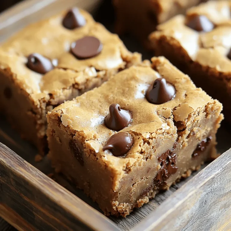 To make these tasty peanut butter chocolate chip blondies, you'll need simple ingredients. Here’s what you should gather: - 1 cup creamy peanut butter - 1/2 cup unsalted butter, softened - 1 cup brown sugar, packed - 1/2 cup granulated sugar - 2 large eggs - 1 teaspoon vanilla extract - 1 1/2 cups all-purpose flour - 1 teaspoon baking powder - 1/2 teaspoon salt - 1 cup chocolate chips (semi-sweet or dark) Each ingredient plays a key role in the final taste and texture. The creamy peanut butter gives the blondies their rich flavor. The butter adds moisture, making them soft. Brown sugar gives a nice chew and caramel flavor, while granulated sugar adds sweetness. Eggs help bind the mix together and create a lovely rise. The flour is crucial for structure, and baking powder helps them puff up. The salt balances the sweetness, enhancing all the flavors. Finally, the chocolate chips add a delicious, gooey surprise in every bite. You can find the full recipe for these blondies in the Full Recipe section. Get ready to bake something delightful! First, preheat your oven to 350°F (175°C). This ensures even baking. Next, prepare a 9x9 inch baking dish. You can grease it lightly or line it with parchment paper for easy removal later. Now, let’s cream the butter and peanut butter mixture. In a large mixing bowl, add the softened unsalted butter and the creamy peanut butter. Use a hand mixer or a spatula. Mix them until the blend is smooth and fluffy. Next, combine the sugars. Add 1 cup of brown sugar and 1/2 cup of granulated sugar to the peanut butter mix. Stir until well combined. Then, add the eggs. Beat in 2 large eggs, one at a time. Make sure each egg is fully mixed before adding the next. Stir in 1 teaspoon of vanilla extract for extra flavor. In a separate bowl, whisk together the dry ingredients. Combine 1 1/2 cups of all-purpose flour, 1 teaspoon of baking powder, and 1/2 teaspoon of salt. Mix them well. Gradually add these dry ingredients to the wet mixture. Stir until just combined. Be careful not to overmix. Finally, fold in 1 cup of chocolate chips. This adds a delightful sweetness. Now, pour the batter into your prepared baking dish. Spread it out evenly to ensure even cooking. Bake for 25-30 minutes. Keep an eye on it! The top should turn golden brown. To check for doneness, insert a toothpick in the center. If it comes out with a few moist crumbs, it’s ready. Once done, remove it from the oven. Let it cool in the pan for about 10 minutes. Then, transfer it to a wire rack to cool completely. After cooling, cut into squares and enjoy your delicious blondies! You can find the full recipe above to ensure you don't miss any step! To get the right texture for your blondies, pay attention to the mixing. Cream the butter and peanut butter until they are fluffy. This step creates air pockets that make your blondies light. When you add the flour, mix just until combined. Overmixing can make them dense and chewy. To check for doneness, insert a toothpick in the center. If it comes out with a few moist crumbs, your blondies are ready. A clean toothpick means they are overbaked. Keep an eye on the time. Every oven is different, so start checking around 25 minutes. If you run out of peanut butter, you can try almond butter or sunflower seed butter. Both work well and add a nice twist. For a nut-free option, sunflower seed butter is a great choice as it has a similar taste. When it comes to chocolate chips, feel free to mix it up! You can use milk chocolate or even white chocolate chips for a sweeter flavor. Dark chocolate adds a rich taste that balances the sweetness of the blondies. You can also use chunks for a more rustic look. These blondies taste great on their own, but pairing them with ice cream takes them to the next level. Vanilla or chocolate ice cream complements the peanut butter flavor perfectly. Drizzle some chocolate or caramel sauce on top for added sweetness. Blondies are perfect for many occasions. They make great snacks for parties or picnics. You can serve them at family gatherings or bake sales. Their friendly flavor and easy preparation make them a hit with everyone! To find the full recipe, check out the earlier section. {{image_2}} You can get creative with these blondies. Adding nuts or dried fruit can change the taste. Try walnuts or pecans for a nice crunch. Dried cranberries or raisins can add a sweet twist. You can also swap chocolate for butterscotch chips. This gives a new flavor that pairs well with peanut butter. Want to make gluten-free blondies? It's easy! Use a 1:1 gluten-free flour blend instead of all-purpose flour. This keeps the texture nice. Make sure to check that your baking powder is gluten-free too. For a vegan version, replace the eggs with flax eggs. Just mix one tablespoon of ground flaxseed with three tablespoons of water. Let it sit for a few minutes to thicken. Use a plant-based butter instead of regular butter. You can also choose dairy-free chocolate chips. This way, anyone can enjoy these tasty treats. Explore the [Full Recipe] to get started on your blondies today! To keep your peanut butter chocolate chip blondies fresh, store them properly. At room temperature, place them in an airtight container. They will stay soft for about three days. If you want to keep them longer, try refrigerating them. Just remember to wrap them tightly or place them in a container to avoid drying out. If you have extra blondies or want to save some for later, freezing is easy. First, let the blondies cool completely. Then, cut them into squares. Wrap each square in plastic wrap. Place the wrapped blondies in a freezer-safe bag. They can last up to three months in the freezer. When you're ready to enjoy, just take them out and let them thaw on the counter. When stored correctly, blondies can last up to a week at room temperature. If refrigerated, they can last about ten days. Freezing extends their life to three months. Always check for any signs of spoilage before eating. Keeping track of their freshness helps you enjoy those delicious treats at their best! You can check if your blondies are done by looking at their color. They should be golden brown on top. You can also use a toothpick. Insert it in the center; if it comes out with a few moist crumbs, your blondies are ready. If it comes out wet, bake them a bit longer. Yes, you can make blondies without eggs! Use alternatives like applesauce or mashed bananas. For each egg, use 1/4 cup of applesauce or 1/2 a mashed banana. This will keep your blondies moist and tasty. Blondies and brownies are both delicious but different. Blondies have a lighter color and taste sweeter, thanks to brown sugar and vanilla. Brownies are darker, richer, and often have cocoa powder. Both are great but offer unique flavors. Homemade blondies can last about a week at room temperature. Store them in an airtight container to keep them fresh. If you want them to last longer, you can freeze them. Just wrap them well, and they can last for up to three months. For the full recipe, check out the details provided above. This blog post shared a simple way to make delicious blondies. We covered the key ingredients, step-by-step instructions, and smart baking tips. I shared different flavor ideas and storage methods, making sure you can enjoy them later. In the end, blondies are easy to customize and share at any event. So get baking and make these tasty treats for friends and family!