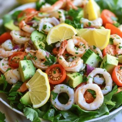 For a great seafood salad, choose fresh seafood. I suggest using: - 1 cup cooked shrimp, peeled and deveined - 1 cup cooked calamari rings - 1 cup fresh crab meat (or imitation crab) These options provide a nice mix of flavors. The shrimp adds sweetness, while calamari gives a chewy texture. Crab meat brings a rich, delicate taste to the dish. Fresh veggies enhance the salad's crunch and color. I recommend: - 1 cup cherry tomatoes, halved - 1 cucumber, diced - 1 avocado, diced - 1/4 cup red onion, finely chopped - 1/4 cup fresh parsley, chopped These ingredients offer freshness and nutrition. The tomatoes add juiciness, while cucumber gives a crisp bite. Avocado adds creaminess, and parsley brightens the dish. A simple dressing ties everything together. Use: - 2 tablespoons lemon juice - 2 tablespoons olive oil - Salt and pepper to taste The lemon juice gives a tangy kick. Olive oil adds richness, making the salad feel luxurious. Adjust salt and pepper to your liking for a perfect finish. For the full recipe, check out the Ocean Delight Seafood Salad. First, gather your seafood. You need cooked shrimp, calamari rings, and crab meat. I prefer fresh seafood for the best taste. If you use frozen, make sure it is fully thawed. Begin by placing the shrimp, calamari, and crab in a large mixing bowl. This mix is the heart of your salad. Next, wash and chop your vegetables. You will need cherry tomatoes, cucumber, avocado, red onion, and fresh parsley. Slice the cherry tomatoes in half. Dice the cucumber and avocado. Finely chop the red onion and parsley. Add all these fresh ingredients to the seafood bowl. This adds vibrant colors and flavors to your dish. Now, let’s make the dressing. In a small bowl, combine lemon juice and olive oil. Whisk them together until mixed well. This dressing is simple but really brightens up the salad. You can add salt and pepper to taste if you like. Finally, pour the dressing over the seafood and vegetables. Gently toss everything together until the salad is well coated. Be careful not to mash the avocado. After mixing, taste and adjust the seasoning if needed. Serve it on a bed of mixed greens. This adds a nice crunch and makes the dish look great. For the full recipe, check out the Ocean Delight Seafood Salad section. Choose seafood that looks fresh and smells like the ocean. The shrimp should be firm and translucent. For calamari, look for a white color and a slight sheen. Fresh crab meat should have a sweet scent and a soft texture. Always buy from trusted sources to ensure safety and flavor. If you use frozen seafood, thaw it slowly in the fridge. This keeps it tender and tasty. A good dressing makes all the difference. Use fresh lemon juice for a bright taste. Mix it well with olive oil to create a smooth blend. You can add a pinch of salt and pepper to enhance the flavor. For a twist, try adding a hint of Dijon mustard or minced garlic. Just a little can make your dressing pop. Taste it as you mix to find the right balance. Serve your seafood salad on a bed of mixed greens. This adds color and freshness. You can also use lettuce wraps for a fun twist. Garnish with lemon wedges and fresh herbs for a vibrant look. For a complete meal, pair it with crusty bread or a light soup. Enjoy it cold on a hot summer day. This dish not only looks great but tastes even better. For the full recipe, check out Ocean Delight Seafood Salad. {{image_2}} You can mix and match seafood for great flavor. Try using scallops or lobster for a special kick. If you prefer, swap the shrimp for cooked crab or even fish. Each choice adds a unique taste to your salad. Feel free to experiment based on what you find fresh at the market. Add a variety of veggies for color and crunch. Bell peppers offer sweetness and a nice bite. You can also use celery for extra crunch. Fresh herbs like dill or cilantro can brighten the salad. Explore what’s in season to keep the dish interesting and fresh. While lemon and olive oil are classic, other dressings work well too. A tangy vinaigrette can add zest. Consider mixing yogurt with herbs for a creamy option. Experiment with different flavors to find what you love. Each dressing can change the whole feel of the salad, making it fun to try new things. For the complete recipe, check the Full Recipe section. To store leftover seafood salad, place it in an airtight container. Make sure to seal it well to keep out air. You can keep it in the fridge for up to two days. If you need to store it longer, freeze it. However, freezing may change the texture of the seafood. Seafood salad is best served cold, so reheating is not recommended. If you must, gently warm a portion in the microwave for about 30 seconds. Stir it well and check if it is warm enough. Avoid overheating, as this may make the seafood tough. To keep your seafood salad fresh, use the freshest ingredients possible. Always check seafood for smell and clarity. If you make the salad ahead of time, add the dressing just before serving. This keeps the veggies crisp and the seafood flavorful. Enjoy your Ocean Delight Seafood Salad fresh and vibrant! For the full recipe, refer to the earlier sections. You can use many types of seafood in a salad. My favorites are shrimp, crab, and calamari. You can also add scallops or even lobster if you want something special. If you prefer a lighter option, stick to shrimp and crab. They bring a sweet and fresh taste. Don’t forget to cook the seafood properly to keep it safe to eat. Yes, you can make seafood salad ahead of time! I like to prepare it a few hours before serving. This lets the flavors blend well. Just keep it in the fridge until you are ready to serve. If you plan to make it a day ahead, leave out the avocado. Add it just before serving to keep it fresh. Seafood salad is healthy! It is low in calories and high in protein. The seafood provides essential nutrients, like omega-3 fatty acids. The fresh veggies add fiber and vitamins. Using olive oil in the dressing gives healthy fats. Overall, it’s a great choice for a light meal or snack. Seafood salad should not sit out for long. It is best to serve it right away or keep it chilled. If it sits out at room temperature, it should not stay out for more than two hours. After that time, the seafood can spoil and become unsafe to eat. Always keep an eye on it when serving! We explored various ingredients for a tasty seafood salad, from fresh seafood to vibrant veggies. I shared step-by-step instructions, making it easy to create this dish. You learned tips for choosing quality seafood and perfecting your dressing. We discussed fun variations and how to store leftovers safely. Remember, a seafood salad can be healthy and colorful. What you choose to mix can make it unique. Enjoy crafting your version with confidence!