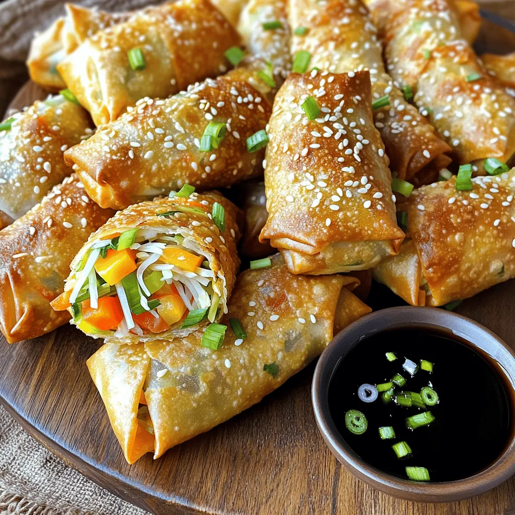 To make these veggie spring rolls, you'll need fresh and crunchy vegetables. Here’s what to gather: - 1 cup shredded cabbage - 1 cup shredded carrots - 1/2 cup bean sprouts - 1/2 cup chopped bell peppers (any color) - 1/4 cup chopped green onions - 2 cloves garlic, minced These veggies add texture and bright colors. Feel free to mix and match your favorites! Seasoning makes your spring rolls pop! I like to add: - 1 tablespoon soy sauce - 1 teaspoon sesame oil - Salt and pepper to taste These seasonings enhance the flavors of the veggies. Adjust them to your taste for a personal touch. For the outer layer, you will need: - 1 package spring roll wrappers (about 8-10 wrappers) These wrappers hold all your tasty filling. Choose high-quality ones for the best results. Once you have all your ingredients, you are ready to start making these air fryer veggie spring rolls! Check out the Full Recipe for a detailed guide. To start, gather your ingredients. You will need: - 1 cup shredded cabbage - 1 cup shredded carrots - 1/2 cup bean sprouts - 1/2 cup chopped bell peppers (any color) - 1/4 cup chopped green onions - 2 cloves garlic, minced - 1 tablespoon soy sauce - 1 teaspoon sesame oil - Salt and pepper to taste In a large bowl, mix the cabbage, carrots, bean sprouts, bell peppers, green onions, and garlic. This mix gives the spring rolls their crunch and flavor. Next, drizzle in the soy sauce and sesame oil. Add salt and pepper to taste. Toss everything until well combined. This step is key to making sure every bite is tasty. Now, it’s time to roll! Take a spring roll wrapper and lay it flat with a corner pointing toward you. Spoon about 2 tablespoons of your veggie mix near the corner closest to you. Fold that corner over the filling and tuck it in tightly. Then, fold in the sides and keep rolling until you seal it up. Repeat this process with the remaining wrappers and filling. You want each roll to be tight so they don’t open during cooking. Before air frying, preheat your air fryer to 375°F (190°C) for about 5 minutes. This step ensures even cooking. Lightly spray or brush each spring roll with cooking spray or olive oil. This tiny bit of oil helps them get crispy. Place the rolls in the air fryer basket in a single layer. Avoid overcrowding; it’s better to cook in batches. Cook for 12-15 minutes, flipping them halfway to ensure they brown evenly. They should come out golden brown and crispy. Let them cool for a few minutes before serving. For a fun touch, serve with soy sauce or sweet chili sauce for dipping. Enjoy! To get the best crisp, ensure you preheat your air fryer. Preheating helps create that golden crunch. Lightly spray or brush the spring rolls with oil. This adds a nice layer for crispiness. Avoid overcrowding the basket. Cook in batches if needed. Flip the rolls halfway through cooking for even browning. You can prep the filling earlier in the day. Store it in the fridge for up to 24 hours. When ready, just roll the spring rolls. You can also wrap them in plastic wrap. This keeps them fresh until you’re ready to cook. If you want to freeze the rolls, do so before cooking. They can last up to a month in the freezer. One mistake is using too much filling. If you overstuff the rolls, they may burst. Another issue is not sealing the edges well. Make sure to press them tightly. Lastly, don’t skip the oil spray. Without it, your rolls may not crisp up properly. Follow these tips for a perfect snack every time! {{image_2}} You can add protein to your veggie spring rolls for extra flavor. Cooked shrimp, chicken, or tofu work well. Simply chop the protein into small pieces and mix it into your veggie filling. This gives you a heartier snack. If you're using tofu, make sure to press it first to remove excess water. This helps the tofu absorb flavors better. For a gluten-free version, choose rice paper wrappers instead of traditional spring roll wrappers. Rice paper gives a nice chewy texture. You can typically find rice paper at Asian markets or online. Make sure to check the label to ensure they are gluten-free. Also, use tamari instead of soy sauce for a gluten-free seasoning option. You can change the flavor of your spring rolls to suit your taste. Try adding fresh herbs like cilantro or mint for a fresh twist. You can also add spices like chili flakes for heat or curry powder for warmth. Another idea is to include different vegetables like zucchini or mushrooms. These small changes can create a completely new and exciting spring roll. For more detailed instructions and a full recipe, check out the [Full Recipe]. To keep your air fryer veggie spring rolls fresh, store them in an airtight container. You can place parchment paper between layers to avoid sticking. Make sure the rolls cool completely before sealing. This helps maintain their crispiness. Store them in the fridge for up to 3 days. When you're ready to enjoy your spring rolls again, preheat your air fryer to 375°F (190°C). Place the rolls in the basket in a single layer. Cook them for about 5-7 minutes. This will make them crispy again. You can also use an oven at the same temperature. Just keep an eye on them to avoid burning. If you want to save some for later, freezing is a great option. Before cooking, lay the rolled spring rolls on a baking sheet lined with parchment paper. Freeze them for about 1-2 hours until solid. Then transfer them to a freezer bag. They can last up to 3 months in the freezer. To cook from frozen, add an extra 3-5 minutes to the cooking time. Enjoy your crunchy snack anytime! Yes, you can make these spring rolls ahead of time. Prepare the filling and roll them up. Then, store them in the fridge for up to a day. Cover them with a damp cloth to keep them moist. When ready to cook, just pop them in the air fryer. This way, you save time and enjoy fresh spring rolls with little effort. Spring rolls taste great with many dipping sauces. Here are a few popular options: - Soy sauce - Sweet chili sauce - Peanut sauce - Hoisin sauce These sauces add extra flavor and enhance your spring rolls. Feel free to mix and match to find your favorite combo. You can tell when the spring rolls are done by looking for a golden brown color. They should also feel crisp to the touch. If you flip them halfway through cooking and see they are browning evenly, they are likely finished. Cook for 12-15 minutes total for the best results. Enjoy your perfectly cooked spring rolls! For the complete recipe, check out the Full Recipe. You learned how to make tasty spring rolls with fresh veggies and seasonings. Preparing the filling, rolling them up, and air frying is simple. I shared tips to get that perfect crisp and avoid common mistakes. You can customize these rolls with proteins or gluten-free options. Remember proper storage methods to keep them fresh. Enjoy experimenting with this recipe and make it your own. Spring rolls are fun to make and share!