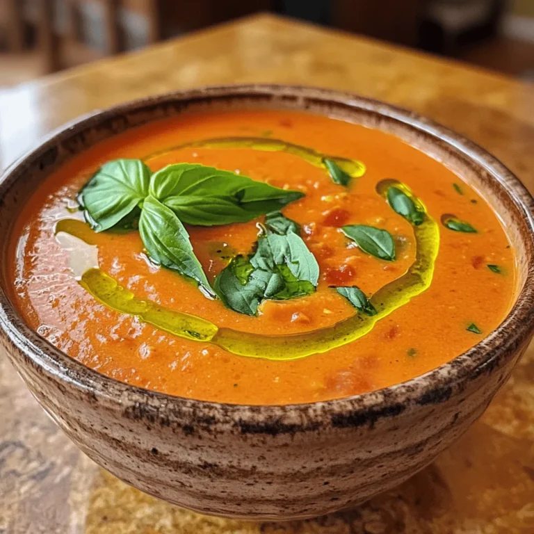 - 2 tablespoons olive oil - 1 medium onion, chopped - 3 cloves garlic, minced - 1 can (28 oz) crushed tomatoes - 2 cups vegetable broth - 1 teaspoon sugar - Salt and pepper to taste - 1 cup heavy cream (or coconut cream for a vegan option) - 1 cup fresh basil leaves, chopped - 1 tablespoon balsamic vinegar This soup shines with fresh, simple ingredients. You start with olive oil, which brings a rich flavor. Chopped onion adds sweetness and depth. Minced garlic brings a warm, aromatic touch. Canned crushed tomatoes form the base, offering a rich, tangy flavor. Vegetable broth adds a savory note. A bit of sugar balances the acidity of tomatoes. Salt and pepper enhance all the flavors. The cream gives the soup its silky texture. You can use heavy cream or coconut cream for a vegan option. Fresh basil leaves add a burst of freshness. Finally, balsamic vinegar brightens the taste and adds a hint of sweetness. With these ingredients, you can create a comforting bowl of tomato basil soup right at home. For the full recipe, check the earlier section. Step 1: Sauté onions and garlic Start by heating 2 tablespoons of olive oil in a large pot over medium heat. Add 1 medium chopped onion and sauté it for about 5 minutes. You want the onion to turn soft and translucent. Next, throw in 3 minced garlic cloves and cook for 1 more minute. The smell will be amazing! Step 2: Add tomatoes and broth Now, pour in 1 can of crushed tomatoes (28 oz) and 2 cups of vegetable broth. Stir in 1 teaspoon of sugar, and season with salt and pepper to taste. This mix needs to come to a gentle simmer. Step 3: Simmer for flavor development Let the soup simmer for 15 to 20 minutes. This step is key! Stir occasionally to mix all the flavors. You want those tastes to blend well together. Step 4: Blend the soup for desired texture After simmering, take the pot off the heat. Use an immersion blender to blend the soup until it’s nice and smooth. If you don’t have one, carefully transfer the soup to a blender in batches. Just be careful with hot soup! Step 5: Incorporate cream and basil Put the pot back on low heat. Stir in 1 cup of heavy cream (or coconut cream for a vegan choice). Heat gently until warm. Then, add 1 cup of chopped fresh basil leaves and 1 tablespoon of balsamic vinegar. Mix it all well! Step 6: Adjust seasoning and serve Taste your soup and adjust the seasoning. Add more salt and pepper if needed. Now, it’s time to serve your delicious soup warm. You can garnish it with extra basil leaves and a drizzle of olive oil if you like. Enjoy your creamy tomato basil bliss! For a full recipe, check out [Full Recipe]. - Use fresh basil for a vibrant taste: Fresh basil really makes a difference. It adds a bright and fresh flavor that dried herbs cannot match. Always try to add it at the end of cooking for the best taste. - Option to roast tomatoes for depth: Roasting the tomatoes before adding them to the soup brings out their natural sweetness. This step adds a rich, deep flavor that elevates your soup. Just slice the tomatoes, drizzle with olive oil, and roast them at 400°F for about 20 minutes. - Thin the soup with additional broth: If your soup is too thick, you can add more vegetable broth. This keeps the flavor strong while adjusting the texture to your liking. - Thicken with a cornstarch slurry if necessary: If your soup is too thin, mix one tablespoon of cornstarch with two tablespoons of cold water. Stir this mixture into the soup while it simmers. This will help thicken it without changing the taste. These tips will help you create a comforting and flavorful bowl of tomato basil soup. For the complete cooking guide, check out the Full Recipe. {{image_2}} You can easily make this soup vegan. To do this, just swap out the heavy cream. Use coconut cream instead. It gives the soup a nice, creamy texture. Plus, it adds a hint of sweetness. You can also try nut-based creams. Almond or cashew cream works well. These options add richness and flavor. They help keep the soup creamy without dairy. Want to kick up the flavor? Add roasted red peppers. They bring a sweet, smoky taste to the soup. Just chop them up and stir them in. If you like heat, add a pinch of red pepper flakes. It gives the soup a nice kick. Start small and adjust to your liking. For more ideas, check out the [Full Recipe]. To keep your homemade tomato basil soup fresh, follow these simple steps: - Refrigeration guidelines for leftovers: After serving, cool the soup to room temperature. Then, pour it into an airtight container. Store it in the fridge for up to 3-5 days. Make sure to seal it tightly to prevent any odors from other foods. - Freezing instructions for long-term storage: If you want to save some for later, freezing works great! Use freezer-safe containers or bags. Leave some space at the top for expansion. Your soup can last in the freezer for about 3 months. When you’re ready to enjoy it, just thaw it overnight in the fridge. When you want to enjoy your soup again, reheating is easy: - Recommended methods to reheat without compromising flavor: I suggest using a pot on the stove. Heat it over low to medium heat. Stir it often to avoid sticking. You can also use a microwave. Just heat in short bursts, stirring in between to warm it evenly. - Best practices for maintaining texture: If the soup seems too thick after freezing, add a splash of broth or water to loosen it up. This keeps the texture creamy and smooth. Always taste and adjust the seasoning after reheating, as flavors can change during storage. How long does homemade tomato basil soup last in the fridge? Homemade tomato basil soup lasts about 4 to 5 days in the fridge. Store it in an airtight container. Always check for any off smells or changes in color before eating. Can I use fresh tomatoes instead of canned? Yes, you can use fresh tomatoes. Use about 2 pounds of fresh tomatoes. Blanch and peel them first. This adds a fresh taste to your soup. What can I serve with tomato basil soup? Tomato basil soup pairs well with grilled cheese sandwiches or crusty bread. You can also enjoy it with a fresh salad. These sides enhance your meal and add variety. Is it possible to make tomato basil soup ahead of time? Absolutely! You can make the soup a day ahead. Just store it in the fridge. Reheat it gently before serving. This allows the flavors to meld well. How can I make this soup spicier? To add spice, include crushed red pepper flakes. Start with a pinch and taste as you go. You can also add a diced jalapeño or hot sauce for extra heat. For the full recipe, visit [Full Recipe]. Homemade tomato basil soup is simple and rewarding. You need just a few fresh ingredients for great taste. Start by sautéing onion and garlic, then add tomatoes and broth. Blend your soup to your liking, add cream, and finish with fresh basil. You can easily tweak the recipe for vegan options too. Remember to store your leftovers well and reheat carefully. With these tips, you'll enjoy delicious soup anytime. Dive in, share with friends, and savor each bowl. Happy cooking!