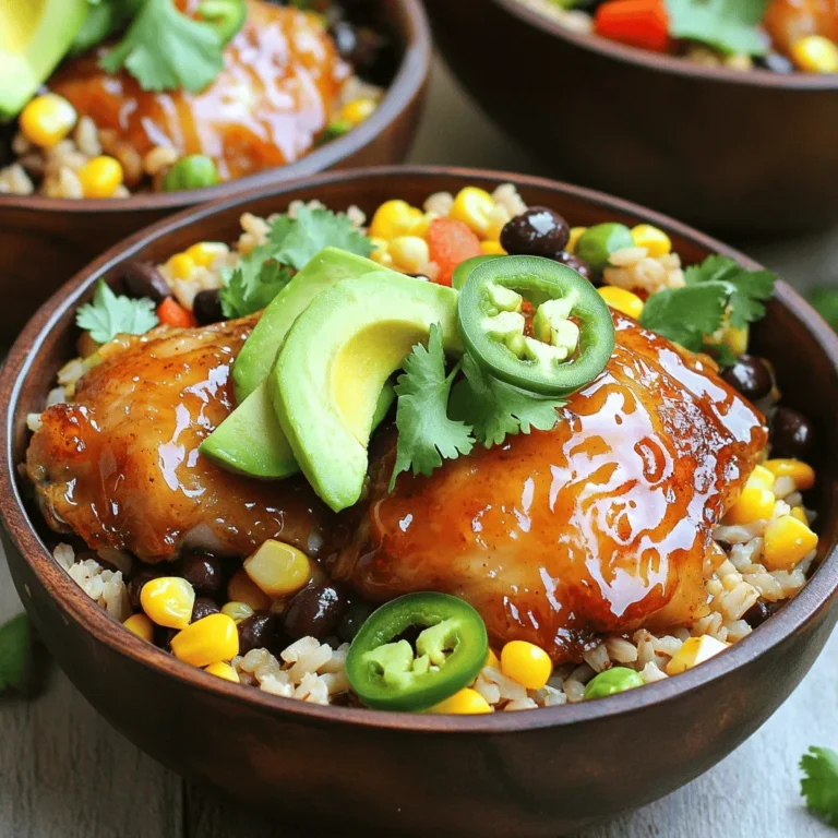 To make your hot honey chicken bowls, gather these ingredients: - 1 lb boneless, skinless chicken thighs - 2 tablespoons olive oil - 1 teaspoon paprika - 1 teaspoon garlic powder - 1 teaspoon onion powder - 1 teaspoon salt - 1/2 teaspoon black pepper - 1/4 teaspoon cayenne pepper (adjust to taste) - 1/3 cup hot honey (store-bought or homemade) - 2 cups cooked brown rice or quinoa - 1 cup corn kernels (fresh or canned) - 1 cup black beans, rinsed and drained - 1/2 cup diced bell pepper (red or yellow) - 1/4 cup chopped fresh cilantro - Juice of 1 lime - Sliced jalapeños (for garnish, optional) - Avocado slices (for garnish, optional) You will need a few essential tools to make this dish: - Large mixing bowl - Skillet or frying pan - Spatula or tongs - Measuring spoons and cups - Knife and cutting board - Serving bowls Choosing fresh ingredients makes a big difference. Here are my tips: - Chicken Thighs: Look for thighs that are pink and moist. Avoid any that look dull or slimy. - Vegetables: Choose bright bell peppers and firm corn. Fresh veggies add crunch and flavor. - Cilantro: Pick cilantro with bright green leaves. Avoid any with wilting or yellowing. - Hot Honey: If buying, check the label for natural ingredients. If making, use quality honey and your favorite hot sauce. Using fresh ingredients ensures your hot honey chicken bowls taste great! For the full recipe, check out the Hot Honey Chicken Bowls section above. Marinating the chicken adds great flavor. Start with a mixing bowl. Combine the olive oil, paprika, garlic powder, onion powder, salt, black pepper, and cayenne pepper. Mix well until smooth. Add the chicken thighs and coat them evenly. Cover the bowl and let it sit for at least 30 minutes. You can also refrigerate it for up to 2 hours. This step makes the chicken juicy and tasty. To cook the chicken, heat a large skillet over medium-high heat. Add the marinated chicken thighs to the skillet. Cook them for about 6-7 minutes on each side. Look for a golden brown color. The chicken is done when it reaches 165°F inside. In the last few minutes, drizzle the hot honey over the chicken. This creates a sweet glaze. Turn the chicken to coat it well in the hot honey. Now it’s time to prepare the bowl base. In a separate bowl, mix the cooked brown rice or quinoa with the corn, black beans, diced bell pepper, lime juice, and chopped cilantro. Stir everything together. Taste it and add salt if needed. This bowl base is colorful and nutritious. It pairs nicely with the glazed chicken. For the full recipe, check out the [Full Recipe]. To get the best flavor from hot honey, choose quality honey. Look for honey that has a kick from chili peppers. You can also make your own hot honey. Just mix regular honey with crushed red pepper flakes. Heat it gently to blend the flavors. Let it sit for a while to develop the heat. This will give your chicken an exciting taste. Cooking time is key for juicy chicken. Start by marinating your chicken for at least 30 minutes. This helps it absorb flavor. Heat your skillet on medium-high before adding the chicken. Cook each side for 6-7 minutes. Use a meat thermometer to check the chicken. It should reach an internal temperature of 165°F. This will ensure it's safe to eat and still juicy. Serving is as fun as cooking! Use deep bowls to give your meal a hearty look. Start with a base of brown rice or quinoa. Slice the chicken and place it on top. Add colorful veggies like bell peppers and corn. For a fresh touch, sprinkle chopped cilantro on top. A lime wedge adds zing and brightness. You can also drizzle extra hot honey over the chicken for added flavor. Enjoy your beautiful, tasty bowl! For the full recipe, check out the detailed instructions above. {{image_2}} You can make this dish vegetarian with ease. Replace the chicken with hearty tofu or tempeh. Both soak up flavors well. Press and cube the tofu for a firmer texture. Marinate as you would the chicken. Cook the tofu until golden brown for a nice crunch. You can also use chickpeas for a protein boost. They add a nice texture and flavor to the bowl. If you love heat, add more spice! You can increase the cayenne pepper in the marinade. For an extra kick, mix in some diced habanero or serrano peppers. Sliced jalapeños work great as a topping too. You can even drizzle on extra hot honey for a sweet and spicy finish. Adjust the heat level to match your taste. The base of your bowl is just as important. While brown rice and quinoa are great, you can mix it up. Try using farro or couscous for a different bite. Cauliflower rice is a low-carb option that adds a fresh twist. You can also use a mix of grains for varied textures. Each base brings its own flavor, so don’t be afraid to experiment. After enjoying your hot honey chicken bowls, you may have some leftovers. To keep them fresh, place the chicken and rice mixture in airtight containers. This method helps lock in moisture and flavor. Store them in the fridge for up to three days. Remember to let the food cool to room temperature before sealing. This prevents condensation, which can make your meal soggy. When it's time to reheat, you want to keep your meal tasty. Use a microwave or stovetop for best results. If using a microwave, cover the bowl with a damp paper towel. This helps keep the chicken moist. Heat for one to two minutes, checking halfway. If using the stovetop, warm it on low heat in a skillet. Stir gently to avoid drying out the chicken. Freezing is a great option if you want to save your hot honey chicken bowls for later. First, let the dish cool completely. Then, portion it into freezer-safe containers. You can freeze these for up to three months. When ready to eat, thaw in the fridge overnight. Reheat on the stove or in the microwave. Your meal will taste fresh and delicious, just like the first time. You can find the full recipe here. Hot honey is a sweet and spicy blend. It combines honey with chili peppers. You can buy it at stores or make it at home. To make it, heat honey in a pot. Add crushed red pepper flakes or fresh chili peppers. Let it simmer for a few minutes. This lets the flavors mix well. You can adjust the heat by adding more or less spice. Hot honey adds a unique kick to many dishes. It works great on pizza, wings, and even in drinks. Yes, you can use chicken breasts instead of thighs. Chicken breasts are leaner and cook faster. They may not be as juicy, but they still taste good. Just be careful not to overcook them. Cook them until they reach 165°F. This keeps them tender and safe to eat. You can follow the same steps in the recipe. The flavor from the hot honey will still shine through. Hot honey chicken bowls are tasty on their own. You can serve them with various sides to enhance the meal. Here are some ideas: - Steamed vegetables: Broccoli or green beans add color and nutrients. - Salad: A fresh garden salad can balance the heat. - Cornbread: This sweet bread pairs well with the spicy chicken. - Pickles: They add a nice crunch and tang. Feel free to mix and match your sides! They can add different flavors and textures to your meal. For the full recipe, check out the details above. This blog post covered everything you need for hot honey chicken bowls. We identified fresh ingredients and essential tools to get started. I shared steps for marinating and cooking the chicken to perfection. Flavor tips and serving ideas can enhance your dish even more. Explore variations for vegetarian options and spicy twists. Lastly, I included storage and reheating tips to keep your meals tasty. Now, you have everything to make delicious bowls that impress!