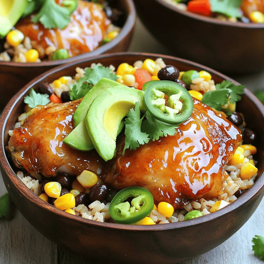 To make your hot honey chicken bowls, gather these ingredients: - 1 lb boneless, skinless chicken thighs - 2 tablespoons olive oil - 1 teaspoon paprika - 1 teaspoon garlic powder - 1 teaspoon onion powder - 1 teaspoon salt - 1/2 teaspoon black pepper - 1/4 teaspoon cayenne pepper (adjust to taste) - 1/3 cup hot honey (store-bought or homemade) - 2 cups cooked brown rice or quinoa - 1 cup corn kernels (fresh or canned) - 1 cup black beans, rinsed and drained - 1/2 cup diced bell pepper (red or yellow) - 1/4 cup chopped fresh cilantro - Juice of 1 lime - Sliced jalapeños (for garnish, optional) - Avocado slices (for garnish, optional) You will need a few essential tools to make this dish: - Large mixing bowl - Skillet or frying pan - Spatula or tongs - Measuring spoons and cups - Knife and cutting board - Serving bowls Choosing fresh ingredients makes a big difference. Here are my tips: - Chicken Thighs: Look for thighs that are pink and moist. Avoid any that look dull or slimy. - Vegetables: Choose bright bell peppers and firm corn. Fresh veggies add crunch and flavor. - Cilantro: Pick cilantro with bright green leaves. Avoid any with wilting or yellowing. - Hot Honey: If buying, check the label for natural ingredients. If making, use quality honey and your favorite hot sauce. Using fresh ingredients ensures your hot honey chicken bowls taste great! For the full recipe, check out the Hot Honey Chicken Bowls section above. Marinating the chicken adds great flavor. Start with a mixing bowl. Combine the olive oil, paprika, garlic powder, onion powder, salt, black pepper, and cayenne pepper. Mix well until smooth. Add the chicken thighs and coat them evenly. Cover the bowl and let it sit for at least 30 minutes. You can also refrigerate it for up to 2 hours. This step makes the chicken juicy and tasty. To cook the chicken, heat a large skillet over medium-high heat. Add the marinated chicken thighs to the skillet. Cook them for about 6-7 minutes on each side. Look for a golden brown color. The chicken is done when it reaches 165°F inside. In the last few minutes, drizzle the hot honey over the chicken. This creates a sweet glaze. Turn the chicken to coat it well in the hot honey. Now it’s time to prepare the bowl base. In a separate bowl, mix the cooked brown rice or quinoa with the corn, black beans, diced bell pepper, lime juice, and chopped cilantro. Stir everything together. Taste it and add salt if needed. This bowl base is colorful and nutritious. It pairs nicely with the glazed chicken. For the full recipe, check out the [Full Recipe]. To get the best flavor from hot honey, choose quality honey. Look for honey that has a kick from chili peppers. You can also make your own hot honey. Just mix regular honey with crushed red pepper flakes. Heat it gently to blend the flavors. Let it sit for a while to develop the heat. This will give your chicken an exciting taste. Cooking time is key for juicy chicken. Start by marinating your chicken for at least 30 minutes. This helps it absorb flavor. Heat your skillet on medium-high before adding the chicken. Cook each side for 6-7 minutes. Use a meat thermometer to check the chicken. It should reach an internal temperature of 165°F. This will ensure it's safe to eat and still juicy. Serving is as fun as cooking! Use deep bowls to give your meal a hearty look. Start with a base of brown rice or quinoa. Slice the chicken and place it on top. Add colorful veggies like bell peppers and corn. For a fresh touch, sprinkle chopped cilantro on top. A lime wedge adds zing and brightness. You can also drizzle extra hot honey over the chicken for added flavor. Enjoy your beautiful, tasty bowl! For the full recipe, check out the detailed instructions above. {{image_2}} You can make this dish vegetarian with ease. Replace the chicken with hearty tofu or tempeh. Both soak up flavors well. Press and cube the tofu for a firmer texture. Marinate as you would the chicken. Cook the tofu until golden brown for a nice crunch. You can also use chickpeas for a protein boost. They add a nice texture and flavor to the bowl. If you love heat, add more spice! You can increase the cayenne pepper in the marinade. For an extra kick, mix in some diced habanero or serrano peppers. Sliced jalapeños work great as a topping too. You can even drizzle on extra hot honey for a sweet and spicy finish. Adjust the heat level to match your taste. The base of your bowl is just as important. While brown rice and quinoa are great, you can mix it up. Try using farro or couscous for a different bite. Cauliflower rice is a low-carb option that adds a fresh twist. You can also use a mix of grains for varied textures. Each base brings its own flavor, so don’t be afraid to experiment. After enjoying your hot honey chicken bowls, you may have some leftovers. To keep them fresh, place the chicken and rice mixture in airtight containers. This method helps lock in moisture and flavor. Store them in the fridge for up to three days. Remember to let the food cool to room temperature before sealing. This prevents condensation, which can make your meal soggy. When it's time to reheat, you want to keep your meal tasty. Use a microwave or stovetop for best results. If using a microwave, cover the bowl with a damp paper towel. This helps keep the chicken moist. Heat for one to two minutes, checking halfway. If using the stovetop, warm it on low heat in a skillet. Stir gently to avoid drying out the chicken. Freezing is a great option if you want to save your hot honey chicken bowls for later. First, let the dish cool completely. Then, portion it into freezer-safe containers. You can freeze these for up to three months. When ready to eat, thaw in the fridge overnight. Reheat on the stove or in the microwave. Your meal will taste fresh and delicious, just like the first time. You can find the full recipe here. Hot honey is a sweet and spicy blend. It combines honey with chili peppers. You can buy it at stores or make it at home. To make it, heat honey in a pot. Add crushed red pepper flakes or fresh chili peppers. Let it simmer for a few minutes. This lets the flavors mix well. You can adjust the heat by adding more or less spice. Hot honey adds a unique kick to many dishes. It works great on pizza, wings, and even in drinks. Yes, you can use chicken breasts instead of thighs. Chicken breasts are leaner and cook faster. They may not be as juicy, but they still taste good. Just be careful not to overcook them. Cook them until they reach 165°F. This keeps them tender and safe to eat. You can follow the same steps in the recipe. The flavor from the hot honey will still shine through. Hot honey chicken bowls are tasty on their own. You can serve them with various sides to enhance the meal. Here are some ideas: - Steamed vegetables: Broccoli or green beans add color and nutrients. - Salad: A fresh garden salad can balance the heat. - Cornbread: This sweet bread pairs well with the spicy chicken. - Pickles: They add a nice crunch and tang. Feel free to mix and match your sides! They can add different flavors and textures to your meal. For the full recipe, check out the details above. This blog post covered everything you need for hot honey chicken bowls. We identified fresh ingredients and essential tools to get started. I shared steps for marinating and cooking the chicken to perfection. Flavor tips and serving ideas can enhance your dish even more. Explore variations for vegetarian options and spicy twists. Lastly, I included storage and reheating tips to keep your meals tasty. Now, you have everything to make delicious bowls that impress!