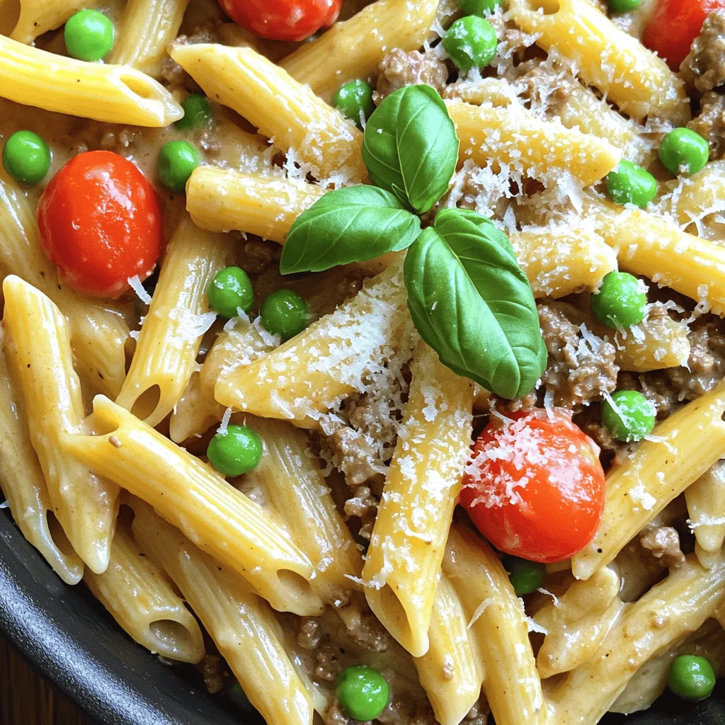 - 1 lb (450g) ground beef - 12 oz (340g) penne pasta - 4 cups beef broth - 1 cup heavy cream - 1 cup cherry tomatoes, halved - 1 medium onion, chopped - 3 cloves garlic, minced - 1 cup frozen peas - 1 tablespoon Italian seasoning - 2 tablespoons olive oil - Salt and pepper to taste - Grated Parmesan cheese for serving - Fresh basil leaves for garnish (optional) Ground beef is the star of this dish. It gives the pasta a rich flavor. Penne pasta holds sauce well, making each bite creamy and satisfying. Beef broth adds depth. It enriches the sauce and ties the flavors together. Cherry tomatoes bring a fresh sweetness. They add color and a juicy burst. Heavy cream creates that luxurious creamy texture. It makes the dish feel special yet simple. Garlic and onion boost flavor. Their aroma fills your kitchen as they cook. Finally, frozen peas add a pop of color and nutrition. If you want to change things up, here are some good swaps. For ground beef, use ground turkey or chicken. They are leaner but still tasty. For pasta, any short pasta works well. Try rotini or fusilli if you prefer. Instead of beef broth, use vegetable broth for a lighter option. If you need a dairy-free choice, coconut cream can replace heavy cream. For a fresh twist, add spinach or bell peppers instead of peas. These options keep the dish fun and creative. Check out the Full Recipe for more details! To start, gather all your ingredients. You need ground beef, penne pasta, beef broth, and more. Measure each item out before you begin. This makes cooking smooth and easy. Chop the onion and mince the garlic. Prepare the cherry tomatoes by halving them. This prep will save you time later. First, heat the olive oil in a large pot over medium heat. Add the chopped onion and sauté until soft, about 3-4 minutes. Next, add the minced garlic and cook for 1 minute. Be careful not to burn it. Add the ground beef and break it apart with a spoon. Cook until browned, about 5-7 minutes. Season with salt, pepper, and Italian seasoning. Pour in the beef broth and bring it to a boil. Add the penne pasta and cherry tomatoes. Stir well, then reduce to a simmer. Cover the pot and cook for 10-12 minutes. Stir occasionally to keep the pasta from sticking. You want the pasta to be al dente, and most of the liquid absorbed. After that, stir in the heavy cream and frozen peas. Heat through for another 3-4 minutes. Taste and adjust the seasoning if needed. Remove the pot from heat and let it sit for 2 minutes. This helps the flavors blend together. When ready to serve, dish out the creamy beef pasta. Top each serving with grated Parmesan cheese and fresh basil leaves. This adds color and taste. Enjoy your meal! For the complete recipe, check out the Full Recipe. To make your pasta creamy, use heavy cream. It adds rich flavor. After cooking the pasta, stir in the cream slowly. This helps it blend well. Let it heat through but don’t boil it again. A little patience goes a long way. You can also add cheese for extra creaminess. Grated Parmesan melts nicely and enhances the taste. For more flavor, try adding fresh herbs. Basil and parsley give a fresh taste. You can also mix in a dash of hot sauce for heat. If you want depth, sauté some mushrooms with the onions. They add umami that complements the beef. Another option is to include a splash of Worcestershire sauce. This adds a savory kick that rounds out the dish. One big mistake is overcooking the pasta. You want it al dente, not mushy. Stir the pasta occasionally while cooking. This prevents it from sticking together. Also, don't skip the seasoning. Salt and pepper boost the overall flavor. Lastly, avoid rushing the addition of cream. Let the pasta cool slightly before adding it. This will help keep the cream from separating. Follow these tips for a perfect One-Pot Creamy Beef Pasta. For detailed cooking steps, check out the Full Recipe. {{image_2}} You can swap the ground beef for turkey or chicken. These meats are leaner. They still pack a punch in flavor. You could also use plant-based meat for a vegetarian meal. Look for options made from beans or lentils. They give a rich taste without meat. This choice is great for meatless Mondays! Adding veggies to your dish boosts nutrition. You can mix in bell peppers, spinach, or zucchini. Toss in some mushrooms for an earthy flavor. Carrots add sweetness and color. Just chop them small so they cook fast. The more colors, the better your meal looks and tastes! If you need a gluten-free meal, choose gluten-free pasta. It cooks just like regular pasta. You can find it in most stores now. Check the package for cooking times, as they may differ. Use gluten-free broth too. This way, you keep the creamy taste without the gluten! For the full recipe, check out the section above. Store your One-Pot Creamy Beef Pasta in an airtight container. Let it cool down first. Place it in the fridge for up to three days. Make sure to label the container with the date. This helps you keep track of how fresh it is. To reheat, scoop out what you need. Place it in a pot over medium heat. Stir often to heat it evenly. You might need to add a splash of water or cream to keep it creamy. Heat until hot, then serve. You can also use a microwave. Just cover it to avoid splatters. Heat it in short bursts, stirring in between. If you want to freeze your creamy beef pasta, do it right after cooking. Let it cool completely, then transfer to a freezer-safe container. It can last up to three months in the freezer. When ready to eat, thaw it overnight in the fridge. Reheat it on the stove or microwave. Be sure to stir in a bit of cream to revive the sauce's texture. For the best taste, enjoy it fresh. But freezing works well for busy days ahead. Check out the Full Recipe for more details! To make One-Pot Creamy Beef Pasta, follow these steps closely. First, heat olive oil in a large pot. Add chopped onion and cook for 3-4 minutes. Then, add minced garlic and stir for around 1 minute. Next, add ground beef and break it up as it cooks. Brown the beef for 5-7 minutes. Season with salt, pepper, and Italian seasoning. After browning the beef, pour in beef broth and bring to a boil. Add penne pasta and halved cherry tomatoes. Stir well and reduce heat to a simmer. Cover and cook for 10-12 minutes until the pasta is tender. Stir in heavy cream and frozen peas for 3-4 more minutes. Adjust seasoning and let the dish sit for 2 minutes before serving. You can find the full recipe in the article above. Yes, you can easily customize this recipe. Change the pasta type based on what you have. Use fusilli, rotini, or even spaghetti. You can also add your favorite vegetables like spinach, bell peppers, or zucchini. For a spicy kick, add red pepper flakes. If you want more protein, try adding cooked sausage or chicken. Ground beef works best for this dish. I recommend using 80/20 ground beef, as it has enough fat for flavor. You can also use lean ground beef if you prefer a lighter option. For a different taste, try ground turkey or chicken. These options will still give you great flavor in your creamy pasta. This blog post explored making a One-Pot Creamy Beef Pasta. We discussed ingredients, key insights, and substitute options. The step-by-step instructions guided you through each preparation and cooking phase. You learned tips for the perfect creamy texture and flavor enhancements. We covered variations like meat alternatives and gluten-free options. Finally, storage tips helped you manage leftovers. Remember, this recipe can be a fun way to customize meals while avoiding common mistakes. Enjoy experimenting with your version!
