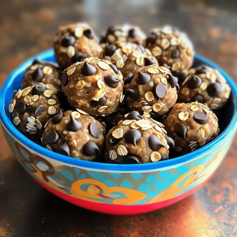 To make Peanut Butter Chocolate Chip Energy Bites, you'll need these simple ingredients: - 1 cup rolled oats - 1/2 cup natural peanut butter - 1/4 cup honey or maple syrup - 1/2 cup chocolate chips (dark or semi-sweet) - 1/4 cup ground flaxseed - 1/4 teaspoon sea salt - 1/2 teaspoon vanilla extract - Optional additions: mini marshmallows or dried fruits Each ingredient plays a key role. The oats give the bites a chewy texture. Peanut butter adds creaminess and protein. Honey or maple syrup sweetens the mix. Chocolate chips provide a tasty touch. Ground flaxseed boosts the fiber content. Sea salt enhances flavors, while vanilla adds warmth. You can customize your bites with extras like mini marshmallows or dried fruits. These options make the recipe even more fun. Get creative! Use your favorite flavors to make these energy bites your own. This recipe is easy, quick, and perfect for a snack or energy boost. For the full recipe, check the details above. To make Peanut Butter Chocolate Chip Energy Bites, start by mixing the dry ingredients. In a large bowl, combine: - 1 cup rolled oats - 1/4 cup ground flaxseed - 1/4 teaspoon sea salt Stir these together until they are well mixed. This step ensures that you spread the flavors evenly. Next, combine the wet ingredients in another bowl. You will need: - 1/2 cup natural peanut butter - 1/4 cup honey or maple syrup - 1/2 teaspoon vanilla extract Mix these until they create a smooth blend. Then, add the wet mix to the dry mix. Stir until everything comes together into a sticky dough. Now, it’s time to form the energy bites. Fold in: - 1/2 cup chocolate chips You can also add optional ingredients like mini marshmallows or dried fruits. Use your hands to shape the mixture into small balls, about 1 inch wide. If the mix feels too sticky, dampen your hands or chill the mix for 15-30 minutes. This makes shaping easier. After you shape the bites, place them on a parchment-lined baking sheet. Refrigerate them for at least 30 minutes. This step helps them firm up and hold their shape. For storing, keep the energy bites in an airtight container. They stay fresh in the fridge for up to one week. If you want to keep them longer, freeze them! They make a great snack anytime you need a quick energy boost. You can find the full recipe for these bites in the earlier sections. To make sure your energy bites hold together, you need the right balance. Use creamy peanut butter and sticky sweeteners like honey or maple syrup. These help bind the dry ingredients together. If your mixture seems too dry, add a touch more peanut butter or honey. If you find the mixture too sticky while shaping, try wetting your hands. This simple trick makes forming the bites easier. Alternatively, chill the mixture for 15 to 30 minutes before shaping. This helps firm it up and makes it less messy. For serving, make your energy bites look great! Use a colorful bowl to present them. You can top them with a sprinkle of chocolate chips or oats for a nice touch. These bites work well as snacks any time. They are also great after workouts. Enjoy them on the go, or pair them with fruit for a balanced snack. For more ideas, check out the Full Recipe for different ways to enjoy these tasty bites! {{image_2}} You can change the flavor of your energy bites easily. Try different nut butters like almond or cashew. They each give a unique taste. You can also swap honey for maple syrup or agave. Each sweetener adds its own twist. Mix-ins can boost flavor too. Add seeds like chia or sunflower for crunch. Nuts like walnuts or almonds add a nice texture and taste. You can even throw in spices like cinnamon for warmth. Be creative and have fun with your choices! For those who need gluten-free options, use certified gluten-free oats. This way, everyone can enjoy these bites without worry. If you follow a vegan diet, you can find great substitutes. Maple syrup works as a sweetener. For binders, try using mashed bananas or applesauce instead of honey. These swaps keep your bites tasty and aligned with your diet. These variations let you customize your bites to fit your taste and dietary needs. The recipe is versatile, making it easy to create a snack everyone will love. Each energy bite has about 100 calories. This makes them great for a quick snack. Here’s a breakdown of the key nutrients: - Protein: Each bite has around 3 grams. Peanut butter and flaxseed boost protein. - Fiber: You get about 2 grams per bite. Oats and flaxseed add fiber for digestion. - Healthy Fats: The peanut butter provides good fats that help keep you full. These bites are not just yummy; they pack a nice nutritional punch too! Oats, peanut butter, and flaxseed offer many health perks: - Oats: They are great for heart health. Oats help lower cholesterol and keep you energetic. - Peanut Butter: It has healthy fats and protein. This helps with muscle recovery and keeps hunger at bay. - Flaxseed: These tiny seeds are full of omega-3 fatty acids. They support heart health and reduce inflammation. These energy bites fit well into a balanced diet. You can enjoy them before a workout or as a midday snack. They offer energy without a sugar crash later. Eating these can help you stay healthy and satisfied! Can I make these bites nut-free? Yes, you can! Use sun butter or soy nut butter instead of peanut butter. These options give you a creamy texture without nuts. If you avoid all nut products, check for nut-free labels on your ingredients. How long do energy bites last in the fridge? These bites stay fresh for up to one week. Store them in an airtight container. For longer storage, consider freezing them. Can I freeze Peanut Butter Chocolate Chip Energy Bites? Absolutely! Freeze them for up to three months. Just place them in a freezer-safe bag or container. When you want to eat one, let it thaw in the fridge or at room temperature. What to do if the mixture is too dry or too wet? If it's dry, add a little more peanut butter or honey. Mix well until it comes together. If it's too wet, add more oats or flaxseed. This will help absorb the extra moisture. How can I add protein to my energy bites without altering the taste? You can add protein powder. Start with a small amount, like one tablespoon, and mix it in. It won’t change the flavor much, and it boosts the protein content. You can also use Greek yogurt or cottage cheese for added protein. In this post, I covered how to make delicious Peanut Butter Chocolate Chip Energy Bites. You learned about the key ingredients, the simple steps to prepare them, and how to chill and store your bites. I shared tips for perfecting your mix and serving ideas for snacks. Plus, I highlighted variations and the bites' nutritional benefits. These energy bites are easy to customize and packed with nutrients. They fit well into your meals or as quick snacks. Enjoy making them your own!