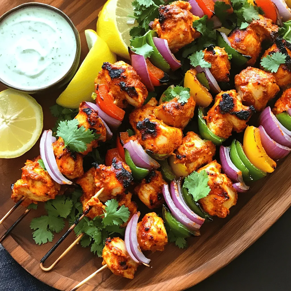 - 1 lb (450g) boneless chicken thighs, cubed - 1 cup plain yogurt - 2 tablespoons tandoori masala (store-bought or homemade) - 1 tablespoon ginger-garlic paste - 1 tablespoon lemon juice - 1 tablespoon olive oil - 1 teaspoon ground cumin - 1 teaspoon paprika - 1/2 teaspoon cayenne pepper (adjust for desired heat) - Salt to taste - Fresh cilantro for garnish - 1 red onion, cut into wedges - 1 bell pepper, cut into squares Gather these ingredients before you start. Chicken thighs work best for this dish. They stay juicy and flavorful when grilled. You’ll use plain yogurt to make the marinade creamy and tangy. Tandoori masala is the spice that gives this dish its unique flavor. If you can’t find it, you can make your own. You also need ginger-garlic paste, lemon juice, olive oil, ground cumin, paprika, and cayenne pepper. Adjust the cayenne to control the heat. Remember to add salt to taste. Fresh cilantro will add a pop of color and flavor as a garnish. The veggies, red onion and bell pepper, add color and taste to the skewers. - Skewers (wooden or metal) - Grill or oven - Mixing bowl You can use wooden or metal skewers. If you choose wooden skewers, soak them in water for 30 minutes. This will help prevent burning on the grill. You’ll need either a grill or an oven to cook the skewers. A mixing bowl is important for combining the marinade. - Naan bread - Raita (yogurt sauce) - Lemon wedges These optional ingredients can elevate your meal. Naan bread is great for wrapping the chicken. Raita adds a cool, creamy touch. Lemon wedges can brighten the flavors. Enjoy your Tandoori Chicken Skewers with these delicious sides! To make a tasty marinade, you start by mixing yogurt and spices. Combine the following in a bowl: - 1 cup plain yogurt - 2 tablespoons tandoori masala - 1 tablespoon ginger-garlic paste - 1 tablespoon lemon juice - 1 tablespoon olive oil - 1 teaspoon ground cumin - 1 teaspoon paprika - 1/2 teaspoon cayenne pepper - Salt to taste Stir well until everything blends. This mix brings out rich flavors in the chicken. Next, add chicken to the marinade. Make sure each piece is covered well. Cover the bowl with plastic wrap. Place it in the fridge for at least 2 hours. For a stronger flavor, let it marinate overnight. This time lets the chicken soak up all the good spices. While the chicken marinates, prepare your skewers. If you use wooden skewers, soak them in water for 30 minutes. This keeps them from burning on the grill. Now, preheat your grill or oven to medium-high heat, about 400°F (200°C). This sets the stage for a nice char. Now, it’s time to put everything on the skewers. Take the marinated chicken and thread it onto the skewers. Alternate pieces of chicken with colorful veggies like red onion and bell pepper. This not only looks great but adds more flavor. Grill the skewers for 15 to 20 minutes. Turn them often to ensure even cooking. The chicken should be fully cooked with nice grill marks. When done, let them rest for a couple of minutes. Garnish with fresh cilantro before serving. This step adds a pop of color and freshness to your dish. For the complete process, check out the full recipe. Enjoy your flavorful grilled delight! When making tandoori chicken skewers, marination is key. You can choose between two methods: overnight or quick marination. - Overnight marination: This is the best choice for deep flavors. It allows the spices to fully soak into the chicken. Ideally, marinate for 8-12 hours in the fridge. - Quick marination: In a hurry? Marinate for at least 2 hours. While it won’t be as rich, you still get good taste. Just be sure to coat every chicken piece well. Getting the perfect char on your skewers takes a bit of skill. Here’s how to do it right: - Preheat your grill: Aim for medium-high heat. This helps to cook the chicken evenly. - Use soaked wooden skewers: Soaking prevents burning. Keep them in water for 30 minutes before grilling. - Turn the skewers often: This ensures even cooking and prevents dryness. Cook for about 15-20 minutes. Look for a nice char and clear juices to know they’re done. How you serve your tandoori chicken skewers can enhance the meal. Here are some fun ideas: - Plating: Use a large platter for a beautiful presentation. - Add color: Include lemon wedges and fresh cilantro. They brighten up the dish. - Pair with sides: Serve with naan bread or a cool raita for dipping. These add texture and balance to the meal. Use these tips to make your tandoori chicken skewers flavorful and fun! For the full recipe, check out the details in the recipe section. {{image_2}} If you want a meat-free option, try using tofu or vegetables. Firm tofu works best. Cut it into cubes and marinate it just like the chicken. You can also use a mix of veggies. Bell peppers, zucchini, and mushrooms taste great when grilled. They soak up the marinade well, giving you that tasty flavor. Skewering the tofu or veggies with onions adds a nice touch. Adjusting the heat in your marinade is easy. For a milder flavor, use less cayenne pepper. You can even skip it if you prefer. If you like it spicy, add more cayenne or some chili powder. This way, you can cater to everyone's taste. It’s fun to play with the spice levels to find what you love. Enhance your meal with tasty sides and sauces. Serve the skewers with naan bread for a nice touch. Raita, a yogurt sauce, cools down the heat and adds creaminess. Lemon wedges brighten up the dish and add freshness. You can also try a side salad for crunch. These accompaniments make your tandoori chicken skewers even more delicious. To store leftover tandoori chicken skewers, first let them cool. Place the skewers in an airtight container. You can add a layer of parchment paper between layers to prevent sticking. Refrigerate them within two hours of cooking. When you want to eat them again, preheat your oven to 350°F (175°C). Bake for about 10-15 minutes until hot. If you want to save some skewers for later, freezing is a great option. First, remove the chicken from the skewers. Place the marinated chicken in a freezer-safe bag. Remove as much air as possible before sealing. You can freeze it for up to three months. When you're ready to grill, thaw the chicken in the fridge overnight before cooking. Cooked tandoori chicken skewers can stay fresh in the fridge for about three to four days. After that, the quality may drop. If you notice any off smells or colors, it's best to toss them. Enjoy your skewers while they are fresh for the best taste! To check if the chicken is done, use a meat thermometer. Insert it into the thickest part of the meat. The internal temperature should reach 165°F (75°C). If you don’t have a thermometer, cut into a piece. The meat should be white with no pink inside. Yes, you can use chicken breast. It has less fat than thighs. This change may make the chicken a bit drier, so be careful not to overcook it. Marinating longer can help keep it moist. Tandoori masala is a spice mix used in Indian cooking. It usually includes cumin, coriander, paprika, and other spices. You can find it at Indian grocery stores or online. Many brands sell it ready-made. Yes, you can bake the skewers in the oven. Preheat the oven to 400°F (200°C). Place the skewers on a baking sheet lined with parchment paper. Bake for about 15-20 minutes or until cooked through, turning halfway. These skewers pair well with naan bread, rice, or a fresh salad. Raita, a yogurt sauce, is a great dip. You can also serve lemon wedges for a fresh kick. For the full details on making Tandoori Chicken Skewers, check out the [Full Recipe]. This blog shared a simple recipe for Tandoori Chicken Skewers, highlighting key ingredients and steps. I discussed how to marinate chicken, prepare the grill, and grill the skewers for the best taste. You can adjust spice levels and try vegetarian alternatives for variety. Cooking and sharing these skewers create fun moments with family and friends. Enjoy trying this recipe and making it your own!