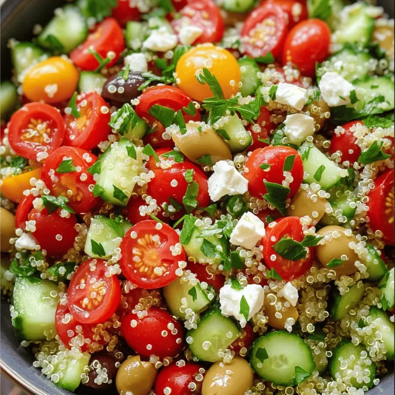 For the Savory Quinoa Salad with Feta, gather your ingredients to create a tasty dish. This salad is full of vibrant flavors and textures. You can find the complete recipe included below. Fresh ingredients make this salad pop. You will need: - 1 cup cherry tomatoes, halved - 1 cucumber, diced - 1 red bell pepper, diced - 1/2 red onion, finely chopped - 1/4 cup fresh parsley, chopped - 1/4 cup Kalamata olives, pitted and sliced These fresh items add crunch and color. The tomatoes bring sweetness, while cucumbers add a refreshing bite. The red onion gives a nice zing, and olives add a briny touch. Quinoa is the star of this dish. You will need: - 1 cup quinoa - 2 cups vegetable broth (or water) - 1 cup feta cheese, crumbled Quinoa is a great source of protein and fiber. It cooks up fluffy and light. Feta cheese adds creaminess and tang, bringing it all together. The broth makes the quinoa even more flavorful. Enjoy this nutrient-packed dish that balances flavors and textures! Start by rinsing the quinoa. Use a fine mesh strainer. This step removes the bitter taste. Next, bring two cups of vegetable broth or water to a boil in a medium saucepan. Add one cup of rinsed quinoa. Lower the heat, cover the pot, and let it simmer for 15 to 20 minutes. The quinoa will absorb all the liquid and turn fluffy. After cooking, remove it from heat and let it cool. While the quinoa cools, take a large bowl. In the bowl, combine one cup of halved cherry tomatoes, one diced cucumber, one diced red bell pepper, and half a finely chopped red onion. Add one-fourth cup of sliced Kalamata olives. Mix these fresh ingredients well to blend the colors and flavors. Once the quinoa is cool, add it to the bowl with the vegetables. Drizzle three tablespoons of olive oil and two tablespoons of lemon juice over the mixture. Sprinkle in one teaspoon of dried oregano, and season with salt and pepper to taste. Toss everything gently to combine. Finally, fold in one cup of crumbled feta cheese and one-fourth cup of chopped parsley. This adds a fresh aroma and enhances the dish. Allow the salad to sit for at least 15 minutes. This waiting time helps the flavors meld. For serving, use a large bowl or individual bowls. Garnish with a sprig of parsley and some extra feta for a stunning display. Enjoy this nutrient-packed dish, inspired by the [Full Recipe]. To boost flavor, try adding fresh herbs. Basil or mint works well. You can also add more lemon juice for a brighter taste. A pinch of chili flakes gives it a nice kick. Mix in some garlic for a savory touch. Always taste and adjust the seasoning to your liking. For a crunchy bite, add nuts or seeds. Almonds or sunflower seeds are great options. You can also switch up the quinoa. Use tri-color quinoa for more color and texture. If you like creaminess, try mixing in avocado. This will make the salad richer and smoother. Presentation matters! Serve the salad in a large bowl for sharing. Top it with a sprinkle of feta and parsley for color. For individual servings, use small bowls. You can layer the ingredients to show off the colors. A drizzle of olive oil on top adds a nice shine. For the complete recipe, check out the Full Recipe section. {{image_2}} You can change up the salad by adding more veggies. Try using spinach, kale, or arugula for a fresh twist. Carrots add a nice crunch, while roasted zucchini gives a warm flavor. You can also toss in some sweet corn or peas for extra sweetness. Each vegetable brings its own taste and nutrients. Want to boost the protein? Add cooked chicken, shrimp, or chickpeas. Black beans also work well for a hearty touch. If you like fish, grilled salmon adds a rich flavor. These protein options make the salad even more filling and satisfying. For a vegan version, skip the feta cheese. Use avocado or a dairy-free cheese instead. You can also mix in hemp seeds for extra protein and healthy fats. These swaps keep the salad tasty and nutrient-rich while fitting a vegan diet. Don't forget to check out the Full Recipe to create your own savory quinoa salad! After enjoying your savory quinoa salad, store leftovers in an airtight container. This will keep the salad fresh for up to three days in the fridge. Make sure to keep it cool. If you notice any moisture, drain it before sealing the container. Always check for any signs of spoilage before eating. You can freeze this salad, but it might change the texture of some ingredients. To freeze, place the salad in a freezer-safe container. It can last up to three months. However, I suggest freezing only the quinoa and veggies, leaving out the feta and fresh herbs. Add these back in when you thaw and serve. When you're ready to eat, thaw the salad overnight in the fridge. You can gently reheat the quinoa in the microwave. Add a splash of water or olive oil to keep it moist. Avoid reheating the feta, as it tastes best fresh. Mix the feta back in after reheating for the best flavor. Enjoy your meal! Yes, you can make this salad ahead of time. It tastes great when chilled. Just keep it in the fridge for up to three days. The flavors will blend nicely as it sits. To keep the feta fresh, add it just before serving. This way, it stays creamy and doesn’t get soggy. Quinoa cooks quickly. It usually takes about 15 to 20 minutes. Start by bringing your vegetable broth or water to a boil. Once you add the rinsed quinoa, reduce the heat and cover it. You’ll know it’s done when all the liquid is absorbed and the grains are fluffy. This salad pairs well with many dishes. Here are a few favorites: - Grilled chicken or fish adds protein. - Serve it with roasted veggies for more flavor. - A slice of crusty bread complements the meal nicely. - You can also enjoy it with a light soup on the side. These pairings make your meal even more satisfying and delicious. For more ideas, check the Full Recipe. This blog post covered a tasty salad recipe. We looked at fresh produce, grains, and dairy options. You learned step-by-step instructions for preparation, mixing, and serving. Our tips provided ways to enhance flavor and texture. We also explored variations, storage info, and answered common questions. Overall, making this salad is fun and easy. Enjoy your healthy dish any day!
