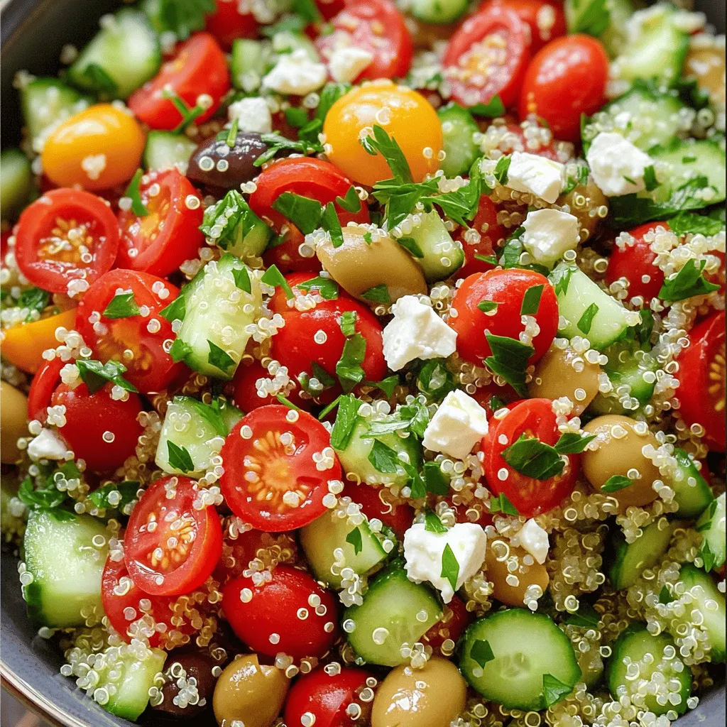 For the Savory Quinoa Salad with Feta, gather your ingredients to create a tasty dish. This salad is full of vibrant flavors and textures. You can find the complete recipe included below. Fresh ingredients make this salad pop. You will need: - 1 cup cherry tomatoes, halved - 1 cucumber, diced - 1 red bell pepper, diced - 1/2 red onion, finely chopped - 1/4 cup fresh parsley, chopped - 1/4 cup Kalamata olives, pitted and sliced These fresh items add crunch and color. The tomatoes bring sweetness, while cucumbers add a refreshing bite. The red onion gives a nice zing, and olives add a briny touch. Quinoa is the star of this dish. You will need: - 1 cup quinoa - 2 cups vegetable broth (or water) - 1 cup feta cheese, crumbled Quinoa is a great source of protein and fiber. It cooks up fluffy and light. Feta cheese adds creaminess and tang, bringing it all together. The broth makes the quinoa even more flavorful. Enjoy this nutrient-packed dish that balances flavors and textures! Start by rinsing the quinoa. Use a fine mesh strainer. This step removes the bitter taste. Next, bring two cups of vegetable broth or water to a boil in a medium saucepan. Add one cup of rinsed quinoa. Lower the heat, cover the pot, and let it simmer for 15 to 20 minutes. The quinoa will absorb all the liquid and turn fluffy. After cooking, remove it from heat and let it cool. While the quinoa cools, take a large bowl. In the bowl, combine one cup of halved cherry tomatoes, one diced cucumber, one diced red bell pepper, and half a finely chopped red onion. Add one-fourth cup of sliced Kalamata olives. Mix these fresh ingredients well to blend the colors and flavors. Once the quinoa is cool, add it to the bowl with the vegetables. Drizzle three tablespoons of olive oil and two tablespoons of lemon juice over the mixture. Sprinkle in one teaspoon of dried oregano, and season with salt and pepper to taste. Toss everything gently to combine. Finally, fold in one cup of crumbled feta cheese and one-fourth cup of chopped parsley. This adds a fresh aroma and enhances the dish. Allow the salad to sit for at least 15 minutes. This waiting time helps the flavors meld. For serving, use a large bowl or individual bowls. Garnish with a sprig of parsley and some extra feta for a stunning display. Enjoy this nutrient-packed dish, inspired by the [Full Recipe]. To boost flavor, try adding fresh herbs. Basil or mint works well. You can also add more lemon juice for a brighter taste. A pinch of chili flakes gives it a nice kick. Mix in some garlic for a savory touch. Always taste and adjust the seasoning to your liking. For a crunchy bite, add nuts or seeds. Almonds or sunflower seeds are great options. You can also switch up the quinoa. Use tri-color quinoa for more color and texture. If you like creaminess, try mixing in avocado. This will make the salad richer and smoother. Presentation matters! Serve the salad in a large bowl for sharing. Top it with a sprinkle of feta and parsley for color. For individual servings, use small bowls. You can layer the ingredients to show off the colors. A drizzle of olive oil on top adds a nice shine. For the complete recipe, check out the Full Recipe section. {{image_2}} You can change up the salad by adding more veggies. Try using spinach, kale, or arugula for a fresh twist. Carrots add a nice crunch, while roasted zucchini gives a warm flavor. You can also toss in some sweet corn or peas for extra sweetness. Each vegetable brings its own taste and nutrients. Want to boost the protein? Add cooked chicken, shrimp, or chickpeas. Black beans also work well for a hearty touch. If you like fish, grilled salmon adds a rich flavor. These protein options make the salad even more filling and satisfying. For a vegan version, skip the feta cheese. Use avocado or a dairy-free cheese instead. You can also mix in hemp seeds for extra protein and healthy fats. These swaps keep the salad tasty and nutrient-rich while fitting a vegan diet. Don't forget to check out the Full Recipe to create your own savory quinoa salad! After enjoying your savory quinoa salad, store leftovers in an airtight container. This will keep the salad fresh for up to three days in the fridge. Make sure to keep it cool. If you notice any moisture, drain it before sealing the container. Always check for any signs of spoilage before eating. You can freeze this salad, but it might change the texture of some ingredients. To freeze, place the salad in a freezer-safe container. It can last up to three months. However, I suggest freezing only the quinoa and veggies, leaving out the feta and fresh herbs. Add these back in when you thaw and serve. When you're ready to eat, thaw the salad overnight in the fridge. You can gently reheat the quinoa in the microwave. Add a splash of water or olive oil to keep it moist. Avoid reheating the feta, as it tastes best fresh. Mix the feta back in after reheating for the best flavor. Enjoy your meal! Yes, you can make this salad ahead of time. It tastes great when chilled. Just keep it in the fridge for up to three days. The flavors will blend nicely as it sits. To keep the feta fresh, add it just before serving. This way, it stays creamy and doesn’t get soggy. Quinoa cooks quickly. It usually takes about 15 to 20 minutes. Start by bringing your vegetable broth or water to a boil. Once you add the rinsed quinoa, reduce the heat and cover it. You’ll know it’s done when all the liquid is absorbed and the grains are fluffy. This salad pairs well with many dishes. Here are a few favorites: - Grilled chicken or fish adds protein. - Serve it with roasted veggies for more flavor. - A slice of crusty bread complements the meal nicely. - You can also enjoy it with a light soup on the side. These pairings make your meal even more satisfying and delicious. For more ideas, check the Full Recipe. This blog post covered a tasty salad recipe. We looked at fresh produce, grains, and dairy options. You learned step-by-step instructions for preparation, mixing, and serving. Our tips provided ways to enhance flavor and texture. We also explored variations, storage info, and answered common questions. Overall, making this salad is fun and easy. Enjoy your healthy dish any day!