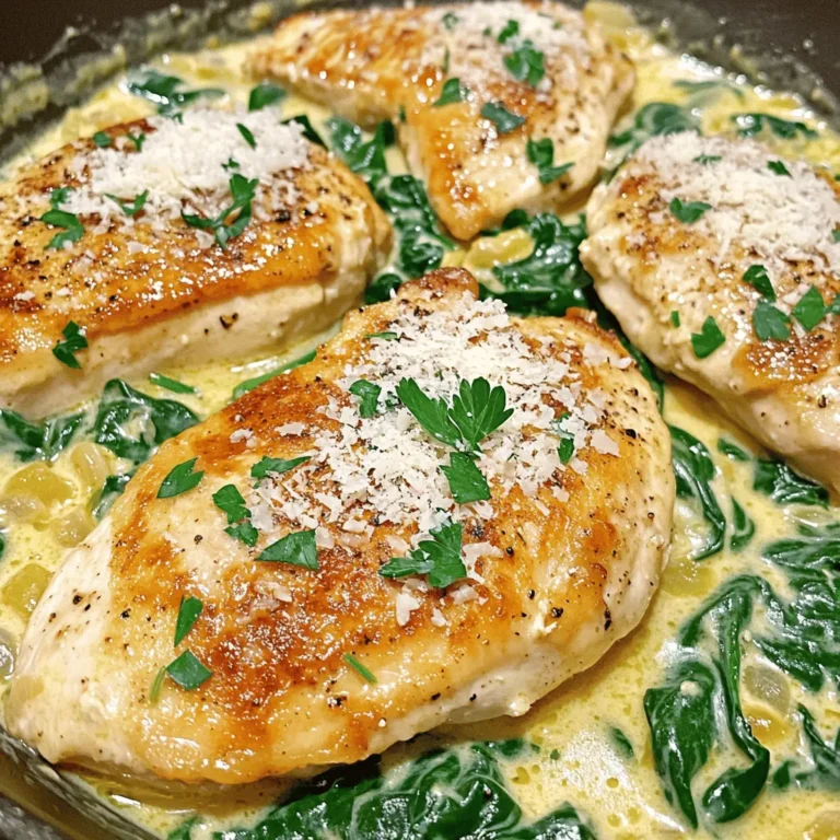 - 4 boneless, skinless chicken breasts - 3 tablespoons olive oil - 4 cloves garlic, minced For this dish, I start with chicken breasts. They offer a nice, tender bite. Next, I use olive oil for cooking. It adds flavor and helps the chicken brown well. Finally, garlic is key. Its aroma fills the kitchen and makes everything better. - 1 cup heavy cream - ½ cup grated Parmesan cheese Heavy cream is my go-to for creaminess. It makes the sauce rich and smooth. Parmesan cheese adds depth. It melts well and brings a salty punch to the dish. - 1 teaspoon dried thyme - 1 teaspoon dried oregano - 1 teaspoon onion powder - Salt and pepper to taste I love to season my chicken with dried thyme and oregano. They give a lovely herbal taste. Onion powder adds a layer of flavor without being strong. Lastly, salt and pepper are a must. They enhance every ingredient in the dish. You can find the full recipe below to guide you through the entire process. 1. Seasoning the chicken Start with 4 chicken breasts. Sprinkle each side with salt, pepper, thyme, and oregano. This adds flavor right from the start. 2. Heating the skillet Pour 3 tablespoons of olive oil into a large skillet. Heat the oil on medium-high. You want it hot enough to sizzle when the chicken goes in. 1. Browning the chicken Place the seasoned chicken in the hot skillet. Cook for 6-7 minutes on each side. Look for a golden-brown crust. This seals in the juices. 2. Sautéing garlic Once the chicken is done, take it out and set it aside. Lower the heat to medium. Add 4 minced garlic cloves to the skillet. Sauté for about 1 minute. The smell will make your mouth water! 3. Combining sauce ingredients Pour in 1 cup of chicken broth. Stir to get the tasty bits off the bottom. Let it simmer for 2-3 minutes. Now add 1 cup of heavy cream and 1 teaspoon of onion powder. Mix well and let the sauce thicken for another 3-4 minutes. 1. Adding baby spinach Stir in 1 cup of baby spinach. Cook for 1 minute. You want it just wilted, not mushy. 2. Stirring in Parmesan Add ½ cup of grated Parmesan cheese next. Stir until it melts into the sauce. Taste and adjust salt and pepper if needed. 3. Heating the chicken in sauce Finally, return the chicken to the skillet. Spoon the creamy sauce over the top. Let it all heat together for about 2 minutes. Enjoy this delicious meal straight from the skillet! For the complete recipe, check out the Full Recipe. To get tender chicken, start with good quality meat. Choose fresh, boneless, skinless chicken breasts. Season them well with salt and pepper. I like to use dried thyme and oregano for extra flavor. Cook the chicken until it’s golden brown on both sides. This usually takes about 6-7 minutes per side. Let the chicken rest for a few minutes after cooking. This resting time helps keep the juices inside, making the chicken moist and tasty. The sauce should be creamy but not too thick. If it’s too thick, add a little more chicken broth or cream to loosen it up. If you want it thicker, let it simmer a bit longer. For a richer flavor, try adding more garlic or some lemon juice. These small changes can really enhance your sauce. For side dishes, I recommend serving it with rice, pasta, or mashed potatoes. These help soak up the creamy sauce. You can also add a simple salad to balance the meal. When plating, use a large spoon to drizzle the sauce over the chicken. Sprinkle some chopped parsley on top for a fresh look. This makes your dish not only tasty but also beautiful. For the full recipe, check the main article. {{image_2}} You can easily switch the chicken for shrimp or tofu. Shrimp cooks fast and adds a lovely taste. Use medium shrimp for the best results. Sauté them until pink, then follow the same steps. Tofu provides a great plant-based option. Use firm tofu, cut into cubes, and cook until golden. Incorporating other greens can balance the flavors. Try kale, Swiss chard, or even broccoli. Add these veggies in the last few minutes of cooking. They will get tender but stay bright. Seasonal vegetables also work well. In spring, use asparagus or peas. In fall, add roasted squash or Brussels sprouts. These options add color and nutrients. Using different herbs can change the dish’s profile. Rosemary or basil adds a different twist. You can also experiment with spices like paprika or red pepper flakes for a kick. Cheese alternatives can also enhance the flavor. Replace Parmesan with feta for a tangy taste. Or, try goat cheese for creaminess. These small changes keep the recipe fresh and exciting. For the full recipe, you can refer to the earlier section. To store your leftovers, let the dish cool first. Place it in an airtight container. This keeps it fresh for up to three days. Label the container with the date. This way, you know when to eat it. Reheat Creamy Garlic Chicken Skillet on the stove. Use medium heat to warm it gently. Stir often to avoid burning. You can also use the microwave. Heat in short bursts, stirring in between. This keeps the chicken moist and the sauce creamy. You can freeze this dish for up to three months. Make sure it cools down completely first. Place it in a freezer-safe container. When you're ready to eat, thaw it overnight in the fridge. Reheat on the stove or microwave. Stir well to restore its creamy texture. Enjoy your meal as if it was just made! Yes, you can prepare this dish ahead of time. Cook the chicken and sauce, then cool them down. Store them in separate containers. This keeps the chicken juicy and the sauce creamy. When ready to eat, reheat the chicken and sauce together in a skillet. Add a splash of chicken broth if the sauce is too thick. This way, you save time on busy days. You have many tasty options to pair with this dish. Here are some ideas: - Mashed potatoes: Creamy and buttery, they soak up the sauce well. - Rice: White or brown rice adds a nice base. - Steamed vegetables: Broccoli or green beans add color and nutrients. - Salad: A fresh green salad balances the richness of the chicken. - Crusty bread: Perfect for dipping into the creamy sauce. There are easy swaps for a lighter meal. Consider these options: - Use chicken thighs instead of breasts for more flavor. - Swap heavy cream for half-and-half or coconut milk. - Use low-sodium chicken broth to cut down on salt. - Add more vegetables, like mushrooms or bell peppers, to increase fiber. - Replace Parmesan with nutritional yeast for a dairy-free option. For the full recipe, check out the Creamy Garlic Chicken Skillet section above. This blog post covered a delicious Creamy Garlic Chicken Skillet recipe. We looked at key ingredients like chicken, olive oil, and garlic. I shared step-by-step instructions, tips for perfecting your chicken, and ideas for variations. You now have easy ways to store and reheat your meal. In closing, this dish is simple and can fit many tastes. Feel free to try your own twists. Enjoy cooking and make this recipe your own!