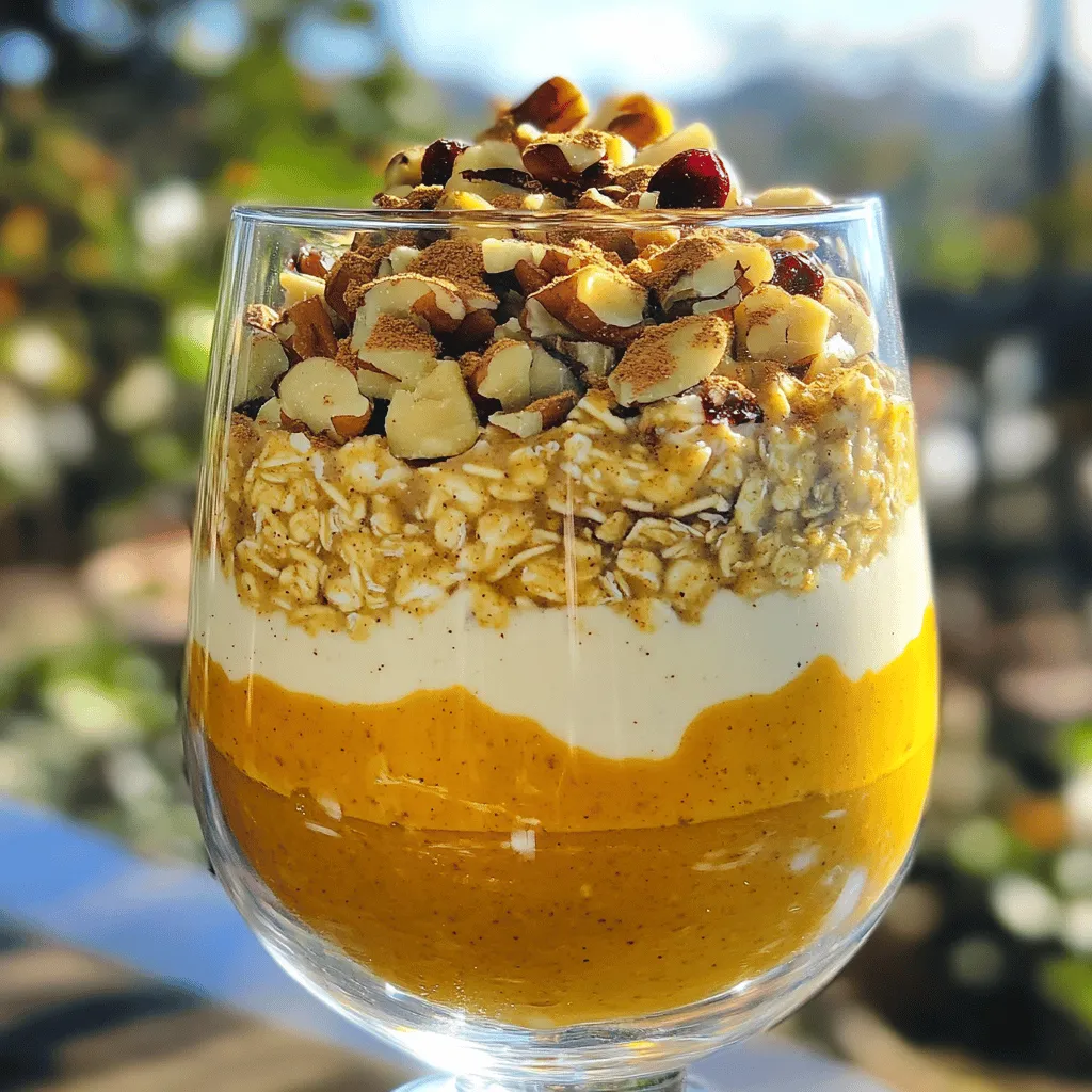 For my pumpkin spice overnight oats, I use these key ingredients: - 1 cup rolled oats - 1 cup almond milk (or any milk of choice) - 1/2 cup pumpkin puree - 1 tablespoon maple syrup (adjust for sweetness) - 1 teaspoon pumpkin spice blend - 1/2 teaspoon vanilla extract - Pinch of salt These ingredients work together to create a smooth and creamy texture. The oats soak up the milk and flavors overnight. The pumpkin adds natural sweetness and a rich taste. You can personalize your oats with these fun toppings: - Chopped nuts - Dried cranberries - A dollop of yogurt These toppings add crunch and extra flavor. I love how they make breakfast special. If you need to swap ingredients, here are some easy options: - Use any milk you like, such as soy or oat milk. - Substitute pumpkin puree with applesauce for a different taste. - Maple syrup can be replaced with honey or agave syrup. These swaps keep your oats tasty while fitting your needs. You can enjoy a delicious breakfast without stress. For the full recipe, check the earlier section. To start, gather your ingredients. You need rolled oats, almond milk, pumpkin puree, maple syrup, pumpkin spice blend, vanilla extract, and a pinch of salt. In a medium bowl or mason jar, combine the rolled oats with the almond milk. Mix well until the oats are fully covered in the milk. Next, add the pumpkin puree, maple syrup, pumpkin spice blend, vanilla extract, and a pinch of salt. Stir the mixture until all the ingredients blend well. You want a smooth and creamy texture. Cover your bowl or jar with a lid or plastic wrap. Place it in the fridge overnight. If you're in a hurry, let it chill for at least four hours. This time allows the oats to soak up all the flavors and thicken nicely. In the morning, take your oats out of the fridge. Give them a good stir. If they seem too thick, add a splash more almond milk. This helps you reach your desired consistency. For serving, I like to use a clear glass. It shows off the layers and colors of the oats. Top with your favorite options like chopped nuts, dried cranberries, or a dollop of yogurt. You can also sprinkle a bit of extra pumpkin spice on top for a nice touch. Enjoy your healthy, fluffy start! To get the best texture for your pumpkin spice overnight oats, focus on the oats and milk ratio. Use one cup of rolled oats with one cup of almond milk. This balance keeps the oats creamy and thick. If your oats feel too thick in the morning, just add a splash of milk. Stir well and enjoy a smooth, fluffy texture. For a festive touch, serve your oats in clear glasses. This makes the layers look pretty. You can add a sprinkle of pumpkin spice on top for extra flair. If you're hosting a brunch, create a toppings bar. Offer options like chopped nuts or dried cranberries. Guests will love customizing their bowls, making it fun for everyone. To make your pumpkin spice oats even richer, try adding a pinch of nutmeg or cinnamon. These spices boost the pumpkin flavor. You can also mix in a spoonful of peanut butter or almond butter for creaminess. This adds a nutty taste that pairs well with the pumpkin spice. Experiment until you find your favorite blend! {{image_2}} You can change up the flavor of pumpkin spice overnight oats with seasonal fruits. In fall, add chopped apples or pears for crunch. In winter, try dried figs or dates for sweetness. In spring, mix in berries for a fresh twist. Each fruit pairs well with the warm spice of pumpkin. This keeps your oats exciting and fun all year. To make your oats vegan, use almond milk or coconut milk. Both give a creamy texture. For a gluten-free option, ensure your oats are labeled gluten-free. Most rolled oats are naturally gluten-free. You can also swap maple syrup for agave nectar if you prefer. These simple swaps keep your dish healthy and tasty. Want to amp up the protein? Add a scoop of your favorite protein powder. Mix it in when you combine the oats and liquid. Greek yogurt is another great choice. You can stir in a dollop before serving. This helps keep you full longer. Plus, it adds a creamy texture to your overnight oats. For the full recipe, check out the complete details above. To keep your pumpkin spice overnight oats fresh, store them in an airtight container. You can use a glass jar or a plastic bowl with a tight lid. This method helps the oats stay moist and prevents them from absorbing smells from the fridge. You can enjoy your pumpkin spice overnight oats for up to five days in the fridge. If you want to keep them longer, consider freezing them. Just remember, the texture may change a bit after thawing. So, it’s best to eat them fresh. If you prefer warm oats, heat them in the microwave. Place the oats in a bowl and add a splash of almond milk. Microwave for about 30 seconds, then stir. Repeat until they reach your desired warmth. Enjoy your cozy, delicious oats! For the full recipe, check below. Yes, you can use quick oats. Quick oats will make the dish softer and creamier. They absorb liquid faster than rolled oats. This change may alter the texture a bit. If you like a smooth finish, quick oats work well. To make this recipe dairy-free, use almond milk or oat milk. These options give a nice flavor. You can also try coconut milk for a creamier texture. Just be sure to check for added sugars if you want to keep it healthy. You can use sweet potato puree or butternut squash puree. Both offer a similar taste and texture. You can also blend cooked carrots for a different twist. Each option keeps your oats tasty and healthy. To adjust sweetness, add more or less maple syrup. Start with a small amount and taste as you go. Honey or agave syrup can also work well. Just remember that different sweeteners can change the flavor. Great toppings include chopped nuts, dried cranberries, or yogurt. You can also try fresh fruit like bananas or apples. A sprinkle of extra pumpkin spice adds a nice touch too. Get creative with toppings to make it your own. For the full recipe, check out the complete guide to making these delicious pumpkin spice overnight oats! This blog post covered key tips for making pumpkin spice overnight oats. We explored essential ingredients, optional toppings, and smart substitutions. You learned step-by-step instructions, from prep to serving ideas. I shared tips for perfecting the texture and enhancing flavors. We also looked at seasonal twists and dietary variations, plus storage info and FAQs. Enjoy creating your delicious oats, and feel free to innovate with your flavor choices. Happy cooking!