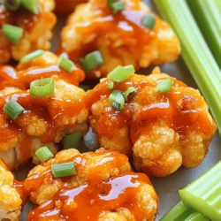 - 1 medium head of cauliflower - 1 cup all-purpose flour (or gluten-free option) - 1 cup water - Garlic powder - Onion powder - Smoked paprika - Cayenne pepper - Salt - Buffalo sauce - Chopped green onions - Celery sticks To make Buffalo cauliflower bites, you start with a fresh head of cauliflower. Cut it into bite-sized florets. Cauliflower is great for this dish since it absorbs flavors well. You'll also need flour and water to create a tasty batter. For seasonings, I suggest adding garlic powder, onion powder, and smoked paprika. These spices give a warm, savory touch. A bit of cayenne pepper will add heat, so adjust it to your taste. Finally, salt enhances all the flavors. Buffalo sauce is the star of this dish. You can use store-bought or make your own. Either way, it brings that classic tangy flavor. Don’t forget the optional garnishes! Chopped green onions add color and crunch. Celery sticks make a perfect side. They cool down the heat and add a fresh bite. This simple list of ingredients makes it easy to create a crispy and flavorful snack. You can find the Full Recipe for more detailed steps and tips. Enjoy your cooking! 1. Preheat your oven to 450°F (230°C). This heat will help the bites get crispy. 2. Line a baking sheet with parchment paper. This makes cleanup easy later. 3. In a large bowl, mix together these ingredients: - 1 cup all-purpose flour (or gluten-free flour) - 1 cup water - 1 teaspoon garlic powder - 1 teaspoon onion powder - 1 teaspoon smoked paprika - ½ teaspoon cayenne pepper - ½ teaspoon salt Whisk until smooth. 1. Take each cauliflower floret and dip it into the batter. Let the excess batter drip off. 2. Place the coated florets on the baking sheet. Make sure to leave space between each piece. This helps them cook evenly. 1. Bake the cauliflower for 25 minutes. Flip the pieces halfway through to ensure they get golden and crispy. 2. While the cauliflower bakes, melt 2 tablespoons of unsalted butter in a small pan over low heat. 3. Once melted, add 1 cup of buffalo sauce and stir well. Set this aside for later. 1. After the first baking phase, take out the cauliflower. Drizzle the buffalo sauce over the hot florets. 2. Toss gently to coat each piece evenly in the sauce. 3. Return the bites to the oven and bake for another 10 minutes. This will make them extra crispy. 4. Once done, let them cool a bit before serving. You can garnish with chopped green onions and serve with celery sticks. For the full recipe, check [Full Recipe]. Enjoy your delicious Buffalo Cauliflower Bites! To make your Buffalo Cauliflower Bites crispy, start with a hot oven. Preheat to 450°F (230°C) for the best results. Use parchment paper on your baking sheet. This prevents sticking and helps with crispiness. Flipping the florets halfway through baking is key. This ensures even cooking and browning. Use tongs to turn them carefully without breaking apart. To boost flavor, consider adding more spices. Try smoked paprika or extra garlic powder. Experiment with cumin or chili powder for a twist. You can choose between homemade and store-bought buffalo sauce. Homemade sauce is simple and fresh. Mix melted butter with hot sauce for a quick version. Store-bought is faster but may lack depth. Choose what fits your time and taste. Pair these bites with your favorite dips. Ranch or blue cheese dressing works great. Celery sticks add freshness and crunch. For plating, use a large platter. Arrange the cauliflower bites in a circle. Garnish with chopped green onions for color. You can even drizzle extra sauce on top for a nice touch. Try serving with craft beers or fizzy drinks. The flavors balance well, making your snack even better. Enjoy these bites with friends for a fun gathering! {{image_2}} You can make buffalo cauliflower bites fit your taste. To control the heat, adjust the cayenne pepper. Use less cayenne for a milder flavor. If you like it hot, add more. You can also swap out the buffalo sauce. Try different hot sauces for varied flavors. Each one brings a unique kick. Not everyone can use regular flour. You can use gluten-free flour as a great option. This keeps it tasty for those with dietary needs. For a dairy-free option, swap butter for vegan butter. You can also explore other vegetables. Try using broccoli or Brussels sprouts for a twist. Each vegetable brings its own fun flavor. Get creative with how you serve buffalo cauliflower bites. You can make a buffalo cauliflower salad. Toss the bites with fresh greens and your favorite dressing. Another fun idea is buffalo cauliflower tacos. Place the bites in soft tortillas and add toppings. Try avocado, salsa, or cabbage. These options keep it fresh and exciting. For the full recipe, you can refer back to the main section. To store leftover Buffalo Cauliflower Bites, let them cool first. Place them in an airtight container. They will stay fresh for about three days in the fridge. Make sure to keep them in a single layer if possible. This helps to keep them from getting too soggy. If you want to freeze these bites, let them cool completely. Place them in a freezer-safe bag or container. They can last up to three months in the freezer. For best results, freeze them in single layers, so they don’t stick together. When you're ready to enjoy the bites again, use the oven for the best texture. Preheat your oven to 375°F (190°C). Place the bites on a baking sheet and heat for about 10-15 minutes. This keeps them crispy. If you use a microwave, they might get soggy. For a quicker method, you can use the microwave, but the texture won't be the same. To keep the bites crispy, try to reheat them in the oven after microwaving. For the full recipe, click [here](#). For a gluten-free option, you can use several kinds of flour. Here are a few great choices: - Almond flour - Coconut flour - Chickpea flour - Rice flour Each flour has its own taste and texture. Almond flour gives a nutty flavor, while coconut flour adds a slight sweetness. Chickpea flour is hearty and works well for binding. Rice flour is light and crispy. Yes, you can make Buffalo Cauliflower Bites ahead of time. Here’s how: 1. Prepare the cauliflower as usual but do not bake it yet. 2. After coating the florets with batter, place them on a baking sheet. 3. Cover and refrigerate for up to 24 hours. 4. When ready to cook, bake them straight from the fridge. 5. Follow the baking instructions, adding a few extra minutes if needed. You can also bake them ahead and store in the fridge. To reheat, place them in the oven at 375°F (190°C) for about 10 minutes. Making homemade buffalo sauce is easy and quick. Here’s a simple recipe: 1. In a small saucepan, melt ½ cup of unsalted butter over low heat. 2. Once melted, remove from heat and stir in 1 cup of hot sauce. 3. Add a splash of vinegar for extra tang. 4. Mix well until smooth. Feel free to adjust the heat level by adding more hot sauce or cayenne pepper. This sauce works great with Buffalo Cauliflower Bites. You can find the full recipe for the bites above! In this post, we explored how to make delicious Buffalo Cauliflower Bites. We covered main ingredients, seasonings, preparation steps, and cooking tips. We also discussed variations and storage methods for your bites. Remember, you can customize the spice level and try different sauces. With a few simple steps, you can enjoy a fun, tasty snack. Enjoy your cooking, and share this recipe with friends for a great culinary experience!