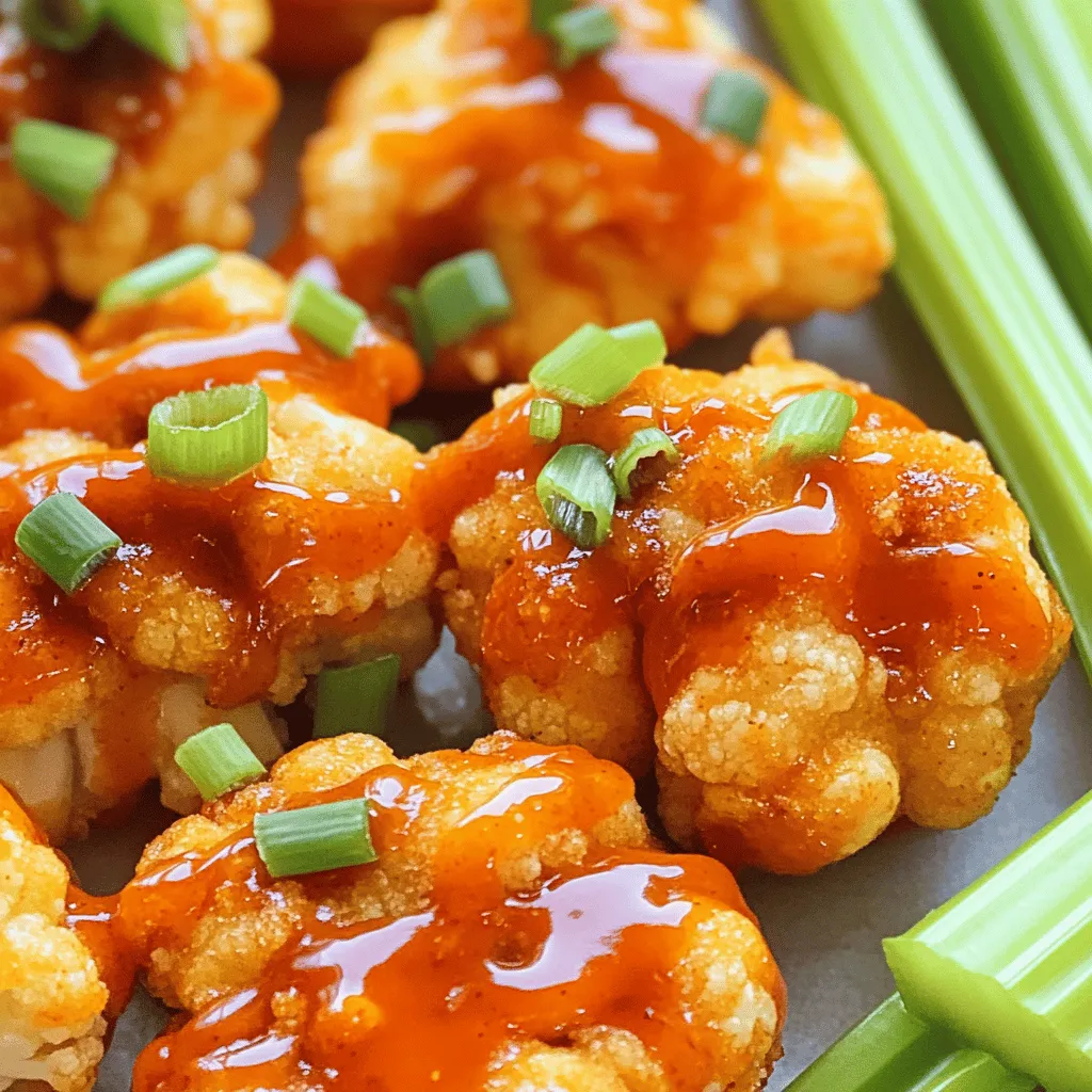 - 1 medium head of cauliflower - 1 cup all-purpose flour (or gluten-free option) - 1 cup water - Garlic powder - Onion powder - Smoked paprika - Cayenne pepper - Salt - Buffalo sauce - Chopped green onions - Celery sticks To make Buffalo cauliflower bites, you start with a fresh head of cauliflower. Cut it into bite-sized florets. Cauliflower is great for this dish since it absorbs flavors well. You'll also need flour and water to create a tasty batter. For seasonings, I suggest adding garlic powder, onion powder, and smoked paprika. These spices give a warm, savory touch. A bit of cayenne pepper will add heat, so adjust it to your taste. Finally, salt enhances all the flavors. Buffalo sauce is the star of this dish. You can use store-bought or make your own. Either way, it brings that classic tangy flavor. Don’t forget the optional garnishes! Chopped green onions add color and crunch. Celery sticks make a perfect side. They cool down the heat and add a fresh bite. This simple list of ingredients makes it easy to create a crispy and flavorful snack. You can find the Full Recipe for more detailed steps and tips. Enjoy your cooking! 1. Preheat your oven to 450°F (230°C). This heat will help the bites get crispy. 2. Line a baking sheet with parchment paper. This makes cleanup easy later. 3. In a large bowl, mix together these ingredients: - 1 cup all-purpose flour (or gluten-free flour) - 1 cup water - 1 teaspoon garlic powder - 1 teaspoon onion powder - 1 teaspoon smoked paprika - ½ teaspoon cayenne pepper - ½ teaspoon salt Whisk until smooth. 1. Take each cauliflower floret and dip it into the batter. Let the excess batter drip off. 2. Place the coated florets on the baking sheet. Make sure to leave space between each piece. This helps them cook evenly. 1. Bake the cauliflower for 25 minutes. Flip the pieces halfway through to ensure they get golden and crispy. 2. While the cauliflower bakes, melt 2 tablespoons of unsalted butter in a small pan over low heat. 3. Once melted, add 1 cup of buffalo sauce and stir well. Set this aside for later. 1. After the first baking phase, take out the cauliflower. Drizzle the buffalo sauce over the hot florets. 2. Toss gently to coat each piece evenly in the sauce. 3. Return the bites to the oven and bake for another 10 minutes. This will make them extra crispy. 4. Once done, let them cool a bit before serving. You can garnish with chopped green onions and serve with celery sticks. For the full recipe, check [Full Recipe]. Enjoy your delicious Buffalo Cauliflower Bites! To make your Buffalo Cauliflower Bites crispy, start with a hot oven. Preheat to 450°F (230°C) for the best results. Use parchment paper on your baking sheet. This prevents sticking and helps with crispiness. Flipping the florets halfway through baking is key. This ensures even cooking and browning. Use tongs to turn them carefully without breaking apart. To boost flavor, consider adding more spices. Try smoked paprika or extra garlic powder. Experiment with cumin or chili powder for a twist. You can choose between homemade and store-bought buffalo sauce. Homemade sauce is simple and fresh. Mix melted butter with hot sauce for a quick version. Store-bought is faster but may lack depth. Choose what fits your time and taste. Pair these bites with your favorite dips. Ranch or blue cheese dressing works great. Celery sticks add freshness and crunch. For plating, use a large platter. Arrange the cauliflower bites in a circle. Garnish with chopped green onions for color. You can even drizzle extra sauce on top for a nice touch. Try serving with craft beers or fizzy drinks. The flavors balance well, making your snack even better. Enjoy these bites with friends for a fun gathering! {{image_2}} You can make buffalo cauliflower bites fit your taste. To control the heat, adjust the cayenne pepper. Use less cayenne for a milder flavor. If you like it hot, add more. You can also swap out the buffalo sauce. Try different hot sauces for varied flavors. Each one brings a unique kick. Not everyone can use regular flour. You can use gluten-free flour as a great option. This keeps it tasty for those with dietary needs. For a dairy-free option, swap butter for vegan butter. You can also explore other vegetables. Try using broccoli or Brussels sprouts for a twist. Each vegetable brings its own fun flavor. Get creative with how you serve buffalo cauliflower bites. You can make a buffalo cauliflower salad. Toss the bites with fresh greens and your favorite dressing. Another fun idea is buffalo cauliflower tacos. Place the bites in soft tortillas and add toppings. Try avocado, salsa, or cabbage. These options keep it fresh and exciting. For the full recipe, you can refer back to the main section. To store leftover Buffalo Cauliflower Bites, let them cool first. Place them in an airtight container. They will stay fresh for about three days in the fridge. Make sure to keep them in a single layer if possible. This helps to keep them from getting too soggy. If you want to freeze these bites, let them cool completely. Place them in a freezer-safe bag or container. They can last up to three months in the freezer. For best results, freeze them in single layers, so they don’t stick together. When you're ready to enjoy the bites again, use the oven for the best texture. Preheat your oven to 375°F (190°C). Place the bites on a baking sheet and heat for about 10-15 minutes. This keeps them crispy. If you use a microwave, they might get soggy. For a quicker method, you can use the microwave, but the texture won't be the same. To keep the bites crispy, try to reheat them in the oven after microwaving. For the full recipe, click [here](#). For a gluten-free option, you can use several kinds of flour. Here are a few great choices: - Almond flour - Coconut flour - Chickpea flour - Rice flour Each flour has its own taste and texture. Almond flour gives a nutty flavor, while coconut flour adds a slight sweetness. Chickpea flour is hearty and works well for binding. Rice flour is light and crispy. Yes, you can make Buffalo Cauliflower Bites ahead of time. Here’s how: 1. Prepare the cauliflower as usual but do not bake it yet. 2. After coating the florets with batter, place them on a baking sheet. 3. Cover and refrigerate for up to 24 hours. 4. When ready to cook, bake them straight from the fridge. 5. Follow the baking instructions, adding a few extra minutes if needed. You can also bake them ahead and store in the fridge. To reheat, place them in the oven at 375°F (190°C) for about 10 minutes. Making homemade buffalo sauce is easy and quick. Here’s a simple recipe: 1. In a small saucepan, melt ½ cup of unsalted butter over low heat. 2. Once melted, remove from heat and stir in 1 cup of hot sauce. 3. Add a splash of vinegar for extra tang. 4. Mix well until smooth. Feel free to adjust the heat level by adding more hot sauce or cayenne pepper. This sauce works great with Buffalo Cauliflower Bites. You can find the full recipe for the bites above! In this post, we explored how to make delicious Buffalo Cauliflower Bites. We covered main ingredients, seasonings, preparation steps, and cooking tips. We also discussed variations and storage methods for your bites. Remember, you can customize the spice level and try different sauces. With a few simple steps, you can enjoy a fun, tasty snack. Enjoy your cooking, and share this recipe with friends for a great culinary experience!