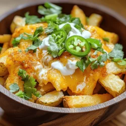 To make Voodoo Fries, you need simple and tasty ingredients. Here’s the full list: - 4 large russet potatoes, cut into fries - 2 tablespoons olive oil - 1 teaspoon smoked paprika - 1 teaspoon garlic powder - 1 teaspoon onion powder - 1 teaspoon cayenne pepper (adjust to taste) - Salt to taste - 1 cup shredded pepper jack cheese - 1 jalapeño, sliced (optional for garnish) - ¼ cup sour cream - 2 tablespoons green onions, sliced - 1 tablespoon fresh cilantro, chopped You can swap russet potatoes for sweet potatoes for a healthier option. Olive oil can be replaced with canola oil or avocado oil if you prefer. If you want less spice, use less cayenne pepper or pick a milder cheese like mozzarella. For a creamier touch, substitute sour cream with Greek yogurt. This gives you a lighter feel but still keeps the taste. Feel free to mix and match to fit your taste! 1. Preheat the Oven: Start by preheating your oven to 425°F (220°C). This step is key for crispiness. 2. Prepare the Potatoes: Rinse the cut fries under cold water. This helps remove starch, making fries crispier. Pat them dry with a kitchen towel. 3. Season the Fries: In a large bowl, toss the fries with: - 2 tablespoons olive oil - 1 teaspoon smoked paprika - 1 teaspoon garlic powder - 1 teaspoon onion powder - 1 teaspoon cayenne pepper (adjust to taste) - Salt to taste Mix until the fries are evenly coated. This blend gives Voodoo Fries their unique flavor. 1. Spread the Fries: Lay the seasoned fries in a single layer on a baking sheet lined with parchment paper. Avoid stacking them to promote even cooking. 2. Bake for Crispiness: Bake for 30-35 minutes. Halfway through, flip the fries. This is crucial for getting that golden brown color. 1. Assemble the Voodoo Fries: After baking, take the fries out. Immediately sprinkle 1 cup shredded pepper jack cheese over them. Return to the oven for about 5 minutes. This melts the cheese perfectly. 2. Garnish for Presentation: While the cheese melts, prepare the toppings. Slice 1 jalapeño, chop 1 tablespoon fresh cilantro, and slice 2 tablespoons green onions. 3. Complete the Dish: Once the cheese is bubbly, take the fries out. Top with jalapeños, a drizzle of ¼ cup sour cream, green onions, and cilantro. Serve your Voodoo Fries hot for the best taste. For a fun touch, place them in a rustic bowl or on a colorful platter. To make great Voodoo Fries, start with the right technique. Use russet potatoes for the best texture. Cut them evenly so they cook uniformly. Rinse the fries to remove extra starch. This helps them crisp up nicely. After rinsing, dry them well with a towel. Toss the fries with olive oil and spices in a big bowl. Adjust the spice level to suit your taste. If you love heat, add more cayenne pepper. For a milder flavor, cut back on the cayenne. You can also try other spices like chili powder or cumin to mix things up. Getting the cheese to melt just right makes a big difference. After baking the fries, sprinkle the cheese on top while they are still hot. This helps the cheese melt perfectly. Bake for five more minutes to achieve that gooey texture. If you want to switch things up, try other cheese options. Cheddar adds a sharp flavor. Mozzarella gives a stretchy texture. You can even use a vegan cheese if you prefer. Use a sturdy baking sheet lined with parchment paper. This helps prevent sticking and makes cleanup easier. A large bowl is perfect for mixing the fries and spices. You'll want a good knife for cutting the potatoes. A cutting board is essential for safety. Consider a mandoline slicer for even fry sizes. This tool helps you cut the potatoes quickly and uniformly. A spatula is great for flipping the fries halfway through cooking. With the right tools, you can make your Voodoo Fries even better. Check out the Full Recipe for more tips! {{image_2}} You can customize Voodoo Fries with many tasty toppings. Try adding crispy bacon for a savory crunch. Guacamole adds a creamy touch and fresh flavor. Other great toppings include jalapeños, diced tomatoes, or even chili. Each choice boosts the flavor and texture. Mix and match to find your favorite combo! You can cook Voodoo Fries in different ways. Baking gives them a crispy texture without much oil. Frying makes them extra crunchy but uses more oil. If you have an air fryer, use it for a healthier option. The air fryer cooks the fries quickly and keeps them crispy. Whichever method you choose, the flavor stays amazing! Want to make this dish vegetarian? Swap out the cheese for a plant-based version. You can also use sweet potatoes for a twist. For a low-carb option, try using zucchini or eggplant instead of potatoes. These swaps keep the spirit of Voodoo Fries while fitting your diet. Enjoy experimenting with flavors and textures! To keep your Voodoo Fries fresh, store them in an airtight container. This helps prevent moisture and keeps them crispy. Let the fries cool to room temperature. Then, transfer them to the container and seal it tight. You can keep them in the fridge for up to three days. This way, you can enjoy those great flavors later! To reheat your fries and keep them crispy, use the oven. Preheat it to 400°F (200°C). Spread the fries on a baking sheet in a single layer. Heat them for about 10-15 minutes. This helps restore their crunch. If you prefer a quicker method, you can use the microwave, but they may turn soft. For the best results, the oven is your friend! If you want to freeze your Voodoo Fries, first, let them cool completely. Spread them out on a baking sheet in a single layer. Place the sheet in the freezer for about an hour. This prevents them from sticking together. Once frozen, transfer the fries to a freezer bag. They can last for up to three months. To enjoy, thaw them in the fridge overnight. Then reheat them in the oven for that crispy texture. Voodoo Fries are loaded fries with a spicy twist. They originated from Louisiana, where flavors mix. You can find them in many restaurants and food trucks. These fries often feature cheese, spices, and tasty toppings. Yes, you can prep Voodoo Fries ahead of time. Cut the potatoes and soak them in water. This keeps them crisp. Season the fries and store them in the fridge. Just remember to bake them fresh for the best taste. The spice level can vary in Voodoo Fries. Cayenne pepper adds heat, but you can adjust it. Use less cayenne for milder fries. You can also add more toppings like sour cream to cool it down. Enjoy the flavor! In this article, we broke down how to make Voodoo Fries from start to finish. We covered the ingredients, offered step-by-step baking instructions, and shared top tips for perfect fries. You learned about variations, storage info, and answered common questions. Voodoo Fries are fun and easy to make. They can be customized to fit your tastes. With the right techniques, you can enjoy these crispy fries anytime. Now it’s your turn to bring some spice and creativity into your kitchen!