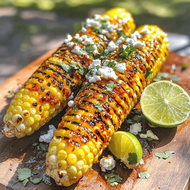 - 4 ears of fresh corn, husked - 2 tablespoons olive oil - 1 teaspoon chili powder - 1/2 teaspoon smoked paprika - 1/2 teaspoon garlic powder - 1 lime, juiced and zested - Salt to taste - 1/4 cup crumbled feta cheese (optional) - Fresh cilantro, chopped (for garnish) When I make chili lime grilled corn, I love using fresh corn. It offers the best flavor. Start with four ears of corn. Husk them well, removing all silk. Next, I mix my spices. You need two tablespoons of olive oil to keep the corn moist. Add one teaspoon of chili powder for heat. Include half a teaspoon of smoked paprika for that nice, smoky taste. Don't forget half a teaspoon of garlic powder for extra depth. For the zest, one lime is key. Juice it and zest it too. This brightens up the dish. Finally, season with a pinch of salt. You can add crumbled feta cheese if you want a creamy touch. Top with fresh cilantro for a pop of color and flavor. This mix is what makes the corn so tasty. If you want to check out the full recipe, it has all the steps to bring this dish to life! To start, husking corn is easy. Grab an ear of corn and pull down the green leaves. Remove all the silk threads. Make sure no strands are left. A clean ear helps the flavors mix well. You can soak the corn in water for 10 minutes. This adds moisture and helps steam it while grilling. It makes the corn nice and soft. For the seasoning, gather these ingredients: - 2 tablespoons olive oil - 1 teaspoon chili powder - 1/2 teaspoon smoked paprika - 1/2 teaspoon garlic powder - 1 lime, juiced and zested - Salt to taste In a small bowl, whisk the olive oil, chili powder, smoked paprika, garlic powder, lime juice, lime zest, and salt. Whisk until the mixture is smooth. Make sure all the spices mix well. This blend gives the corn a zesty kick. Next, heat your grill to medium-high. Place the husked corn on the grill. Grill for about 10-15 minutes. Turn the corn every few minutes. This helps it cook evenly and get a nice char. You want it tender with brown marks. For the best flavor, brush the chili lime mixture on the corn while grilling. This seals in the taste. Once done, remove the corn from the grill and add optional feta cheese. Garnish with fresh cilantro and an extra squeeze of lime. Enjoy this fresh and tasty summer treat! To grill corn evenly, start with a clean grill. Preheat it to medium-high. Husk the corn well, removing all silk. If you soak the corn for 10 minutes, it helps steam while grilling. Place the corn directly on the grill. Turn it every few minutes. This keeps it from burning. Cook for about 10 to 15 minutes. You know the corn is done when it’s tender and has nice char marks. For extra flavor, try adding smoked paprika or cayenne pepper. You can also use fresh herbs, like oregano or basil. If you want less heat, reduce the chili powder. For a zesty kick, squeeze more lime juice over the corn. Taste as you go and adjust the seasoning to fit your style. Serve the corn on a large platter for a fun look. Garnish with fresh cilantro and lime wedges. You can sprinkle crumbled feta cheese on top for a creamy touch. This dish pairs well with grilled meats or spicy tacos. It’s also great for picnics or summer barbecues. For more ideas, check the Full Recipe for inspiration. {{image_2}} You can spice up your corn with more heat. Add extra chili powder or cayenne pepper to the mix. This gives the corn a nice kick. If you prefer sweet flavors, try a sweet corn version. Mix lime juice with honey for a delicious glaze. This adds a lovely balance of sweet and tangy. For a vegan option, skip the feta cheese. Instead, add nutritional yeast for a cheesy flavor. You can also use a dairy-free butter substitute in the chili lime mix. If you need gluten-free options, rest assured. All ingredients here are gluten-free, so enjoy them without worry. You don’t have to grill the corn. You can use a stovetop pan for grilling or broiling. This method gives you a nice char, just like the grill. If you want a quicker option, try the Instant Pot. Steam the corn for about 3 to 5 minutes. This method keeps the corn tender and juicy. For more tips and details, check the Full Recipe. To keep your grilled corn fresh, first let it cool down. Once it's cool, wrap each ear in plastic wrap. You can also place the corn in an airtight container. This helps keep out air and moisture. Store it in the fridge. Grilled corn stays fresh for about 3 to 5 days. If you want to enjoy it later, consider freezing it. Wrap it well before freezing. It can last up to 3 months in the freezer. When you are ready to eat the leftover corn, there are a few ways to reheat it. The best way is to use the grill again. Heat the grill to medium heat. Grill the corn for about 5 minutes, turning it often. This method brings back the flavor and texture. You can also use the microwave. Just place the corn on a plate and cover it with a damp paper towel. Heat it for 1 to 2 minutes. This method is quick, but it may not keep the charred flavor. Another option is to use a stovetop pan. Heat the pan on medium heat and add a little olive oil. Cook the corn for about 3 to 4 minutes, turning it until warm. Enjoy your chili lime grilled corn just like when it was fresh! For the full recipe, check out the recipe section above. You should grill corn for about 10 to 15 minutes. Turn it every few minutes. This helps it cook evenly. Look for nice char marks and tender kernels. The corn should be bright yellow when done. If you want a smoky flavor, let it grill longer. Yes, you can use frozen corn. However, it will taste different than fresh corn. If you use frozen corn, thaw it first. Pat it dry to remove excess moisture. This helps it grill better. Fresh corn has a sweet crunch. Frozen corn can be softer but still tasty. Chili lime grilled corn pairs well with many dishes. Here are some great options: - Tacos or burritos for a fun meal. - Grilled meats like chicken or steak. - Fresh salads to balance the flavors. - Rice or quinoa for a hearty side. - Guacamole for a creamy dip. Enjoy your chili lime grilled corn with these tasty options! For the full recipe, check out the detailed instructions above. This blog post shared a simple way to grill corn with chili and lime. You learned about the best ingredients, step-by-step instructions, and tips for great grilling. Remember to try the flavor variations and dietary options that fit your needs. When you store leftovers, keep them fresh for later. Enjoy your grilled corn as a side dish or snack. Don't be afraid to experiment and make this recipe your own. Happy grilling!