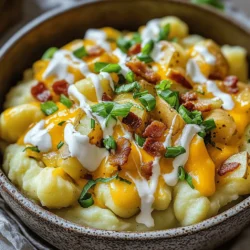 - 2 cups potato gnocchi (store-bought or homemade) - 2 medium russet potatoes, baked and cooled - ½ cup sour cream - 1 cup shredded cheddar cheese - ½ cup cooked bacon, chopped - ¼ cup green onions, sliced - 2 tablespoons butter - 1 teaspoon garlic powder - ¼ cup cream cheese for extra creaminess - Salt and pepper to taste Using the right ingredients is key for great flavor. I love using russet potatoes. They have a fluffy texture that works well. Bake them until soft for the best results. Use store-bought gnocchi for quick meals or make your own for fun. Sour cream adds a nice tang. It makes the dish creamy and rich. Shredded cheddar cheese melts beautifully. It gives that cheesy goodness we all want. Bacon adds a savory crunch. If you're a fan, don't skip it! Green onions add freshness. They brighten up the dish and look pretty. For optional ingredients, butter adds a nice flavor. Garlic powder gives a nice hint of garlic. If you like creamy gnocchi, cream cheese is perfect. Season with salt and pepper to taste. You can find the full recipe linked above to guide you through the cooking steps. - Preheat oven to 400°F (200°C). - Bake potatoes for approximately 45 minutes until tender. First, you need to bake the potatoes. Preheat your oven to 400°F (200°C). Place the potatoes on a baking sheet. Bake them for about 45 minutes. You want them to be soft when done. After baking, let them cool a bit before handling. - Scoop out the insides of the baked potatoes into a mixing bowl. - Mix in sour cream, garlic powder, salt, and pepper, mashing until smooth. - Optional: Add cream cheese for a creamier texture. Now, let’s make the mashed potato mix. Scoop out the insides of the cooled potatoes into a mixing bowl. Add sour cream, garlic powder, salt, and pepper. Mash it all together until smooth. If you like it creamier, toss in some cream cheese too. This mix adds flavor and makes the gnocchi rich. - Melt butter in a large skillet over medium heat. - Add potato gnocchi, cooking for 3-4 minutes until slightly browned. - Lower heat, combine with mashed potato mixture, and stir in cheese and bacon. Next, it’s time to cook the gnocchi. Melt butter in a large skillet over medium heat. Once melted, add the potato gnocchi. Cook them for about 3-4 minutes until they’re slightly browned. This makes them crispy. Then, lower the heat. Stir in the mashed potato mixture. Add shredded cheese and chopped bacon to the skillet. Mix everything well until the cheese melts and blends in. The flavors will come together nicely. For the full recipe, you can check the details provided earlier. To get the best texture for your gnocchi, you want a crispy outside and a soft inside. Start by letting your baked potatoes cool before mashing. Cooling them helps keep the moisture down, which makes your gnocchi light and fluffy. If you skip this step, the gnocchi might turn out dense and heavy. To boost the flavor, think about adding spices or herbs. A pinch of paprika or some fresh thyme can make a big difference. When it comes to cheese, I recommend using sharp cheddar for its rich flavor. You can also mix in some mozzarella for a gooey texture. These choices will really elevate your dish. Serving Loaded Baked Potato Gnocchi can be fun! Use a large bowl or individual plates. Top with extra cheese, crumbled bacon, or fresh green onions. This makes your dish look more inviting. You can even drizzle some sour cream on top for added flair. A little creativity goes a long way in making this dish stand out. For the full recipe, check out the [Full Recipe]. {{image_2}} You can easily make Loaded Baked Potato Gnocchi vegetarian. Start by substituting the bacon with mushrooms. Mushrooms add a great umami taste. You can also use other veggies, like spinach or zucchini. They bring color and nutrients to the dish. For a dairy-free option, use plant-based cheese. This swap makes the dish creamy without any dairy. To spice things up, add paprika or cayenne pepper. These spices give your gnocchi a nice kick. If you like more heat, try adding jalapeños. They add flavor and a bit of crunch. Bell peppers are another great choice. They offer sweetness and a pop of color. Mix and match toppings to find your favorite flavors. You can use sweet potato gnocchi for a twist. Sweet potato adds a hint of sweetness and a lovely orange color. If you feel adventurous, make your own gnocchi! Homemade gnocchi can taste amazing. It allows you to control the ingredients. If you prefer convenience, store-bought gnocchi works just fine. Both options can lead to a delicious meal. Remember, the key is to enjoy the process as you explore these variations. For the full recipe, check out the full recipe section. To store your Loaded Baked Potato Gnocchi, place it in an airtight container. Let it cool first, then transfer to the fridge. This will help keep the flavors fresh. You can enjoy the leftovers for up to three days. After that, the taste and texture may change. When reheating, aim to keep the gnocchi soft yet crispy. For the microwave, place the leftovers in a bowl. Heat in short bursts, stirring often. This helps avoid sogginess. If you prefer the stovetop, use a skillet. Add a splash of water or broth, cover, and heat on low. Stir occasionally until warmed through. For long-term storage, freezing is a great choice. First, let the dish cool completely. Then, scoop portions into freezer-safe bags. Squeeze out excess air and seal tightly. You can freeze it for up to three months. When ready to eat, thaw it in the fridge overnight. Reheat using the stovetop or microwave as mentioned above. This way, your gnocchi stays tasty and ready to enjoy. Yes, you can prepare Loaded Baked Potato Gnocchi in advance. First, cook the gnocchi according to the recipe. After cooking, let it cool completely. Store it in an airtight container in the fridge for up to two days. When ready to serve, reheat in a skillet over low heat. Add a little butter to keep it moist. The best potatoes for Loaded Baked Potato Gnocchi are russet potatoes. They are starchy and fluffy, which gives your gnocchi a nice texture. Avoid waxy potatoes, like red or yellow ones, as they won’t provide the same lightness. Using the right potatoes makes all the difference in flavor. Yes, you can use gluten-free gnocchi. Many brands offer gluten-free options made from rice, potato, or other flours. Just check the package for the right cooking time. The flavor will still be great, but it may have a different texture than regular gnocchi. You can top your Loaded Baked Potato Gnocchi with many delicious options. Here are some great ideas: - Extra shredded cheddar cheese - Crumbled bacon - Sliced green onions - Sour cream or cream cheese - Fresh herbs like parsley or chives Mix and match to create your perfect dish! Loaded Baked Potato Gnocchi is a delightful dish combining comfort food with ease. We covered essential and optional ingredients, step-by-step cooking, and tips for great texture. I shared ways to modify the recipe for a vegetarian option and how to store leftovers. Remember, creativity can enhance this dish—try different toppings or types of gnocchi. Enjoy crafting your own version of this tasty meal and impress friends and family with your skills!