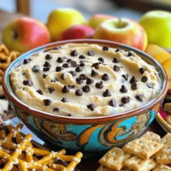 To make a delicious Chocolate Chip Cookie Dough Dip, you only need a few simple ingredients. Each one plays a key role in creating that rich, sweet flavor. Here’s what you will need: - 1 cup all-purpose flour - 1/2 cup unsalted butter, softened - 1/2 cup brown sugar, packed - 1/4 cup granulated sugar - 2 teaspoons vanilla extract - 1/4 teaspoon salt - 1 cup cream cheese, softened - 1/2 cup powdered sugar - 1/2 cup mini chocolate chips - Assorted dippables (pretzels, graham crackers, apple slices, or assorted cookies) Each ingredient adds a unique touch to the dip. The flour gives it structure, while the butter and sugars add creaminess and sweetness. The cream cheese makes it smooth, and the mini chocolate chips bring that classic chocolate flavor. You can enjoy this dip with anything from pretzels to fruit slices. For the full recipe, check out the detailed instructions after this section. 1. Heat-treating the flour Start by heat-treating the flour. This step helps kill any bacteria. Spread the flour on a baking sheet. Bake it at 350°F (175°C) for 5-7 minutes. Stir halfway through to ensure even heat. Let it cool completely before using it. 2. Mixing the base ingredients In a large bowl, take the softened butter. Add brown sugar and granulated sugar. Beat them together until the mixture is light and fluffy. This should take about 2-3 minutes. 3. Incorporating the cream cheese Next, add the softened cream cheese to the bowl. Pour in the vanilla extract and add a pinch of salt. Beat these ingredients until they blend well and form a smooth mixture. 4. Combining the dry and wet ingredients Gradually add the cooled, heat-treated flour to the mixture. Mix it in until fully incorporated. Be sure not to leave any dry spots. 5. Chilling the dip before serving Slowly add in the powdered sugar. Mix until the dip is smooth and creamy. Stir in the mini chocolate chips so they spread evenly throughout. Transfer the dip to a serving bowl. Refrigerate it for 30 minutes to an hour. This helps the flavors meld together perfectly. For the full recipe, you can refer to the earlier section. How to properly heat-treat flour To make your dip safe, heat-treat your flour. Spread one cup of all-purpose flour on a baking sheet. Bake it at 350°F for 5 to 7 minutes. Stir halfway through. Let the flour cool completely before using it. Achieving the perfect creamy consistency For a smooth dip, use softened butter and cream cheese. Beat them well until fluffy. Mix in your sugars and vanilla. Gradually add the heat-treated flour. This method ensures a creamy texture without lumps. Suggestions for mixing and serving Use a large bowl for mixing. A hand mixer works best to combine the ingredients. Once the dip is ready, chill it for 30 minutes. This allows the flavors to blend nicely. Serve it in a fun bowl for extra appeal. Ideal dippers for Chocolate Chip Cookie Dough Dip Enjoy this dip with a variety of dippers. Some tasty options include pretzels, graham crackers, and apple slices. You can also use assorted cookies for a sweet twist. Each dipper adds its own flavor and texture. Presentation ideas for parties Make your dip stand out at gatherings. Use a bright, decorative bowl to hold the dip. Arrange your dippers around the bowl for a festive look. Sprinkle a few mini chocolate chips on top for a fun touch. This adds color and invites guests to dig in! {{image_2}} You can change up the taste of your Chocolate Chip Cookie Dough Dip in fun ways. One easy way is to add nuts. Chopped walnuts or pecans bring a nice crunch. They also add a rich flavor that pairs well with the sweet dip. You can even add other mix-ins, like toffee bits or coconut flakes. Just remember to keep the balance of flavors in mind. If you want a healthier version, try using alternative sweeteners. You can swap out regular sugar for honey or maple syrup. These options add sweetness without the extra calories. If you prefer a sugar-free choice, consider using stevia or monk fruit sweetener. Both work well and keep the dip tasty. You can also make themed dips for special occasions. For example, during the holidays, you could add peppermint extract for a minty twist. This makes it festive and fun! Another idea is to use seasonal flavors, like pumpkin spice in the fall. Just mix in some pumpkin puree and pumpkin pie spice for a cozy vibe. Another fun twist is to swap out chocolate for other flavors. Try using peanut butter instead of chocolate chips. This gives the dip a rich, nutty taste. You can even create a vanilla version by leaving out the chocolate and adding vanilla bean. It’s a great way to keep things fresh and exciting! To keep your Chocolate Chip Cookie Dough Dip fresh, store it in an airtight container. This will help prevent it from drying out. I recommend placing a piece of plastic wrap directly on the dip before sealing the lid. This extra step keeps moisture in and flavor intact. You can refrigerate it for up to five days. Can it be frozen? Yes, you can freeze this dip. Just make sure it is in a freezer-safe container. It will stay good for about three months. When you are ready to eat it again, let it thaw in the fridge overnight. The dip lasts about five days in the fridge. You will want to check for any signs of spoilage before serving. If you notice any odd smells or changes in texture, it’s best to toss it. Always remember to keep it tightly sealed to maintain freshness. For the best taste, enjoy it within the first few days. Can I eat cookie dough dip raw? Yes, you can eat cookie dough dip raw. This dip uses heat-treated flour, which makes it safe to eat. It tastes just like cookie dough, and it’s delicious! How do I make this dip gluten-free? To make it gluten-free, use gluten-free flour instead of all-purpose flour. Many brands offer a 1:1 gluten-free flour substitute. This will keep the dip tasty and safe for those with gluten allergies. What can I substitute for cream cheese? If you need a substitute for cream cheese, you can use Greek yogurt. It adds creaminess and a slight tang. Another option is ricotta cheese, which works well too. How to make it sweeter or less sweet To make the dip sweeter, add more powdered sugar. Start with a tablespoon at a time until it reaches your desired sweetness. For a less sweet dip, cut back on the sugar and add a pinch of salt to balance the flavors. Can I use regular chocolate chips instead of mini ones? Yes, you can use regular chocolate chips! They will add a different texture but still taste great. Just remember to chop them a bit if they are too large. To sum up, we explored making a tasty Chocolate Chip Cookie Dough Dip. You learned about the key ingredients and the step-by-step prep. We shared tips for the perfect dip and ways to present it. You can also try different mix-ins to keep it fresh and fun. Remember to store leftovers properly for later enjoyment. Enjoy creating this treat, whether for a party or a cozy night in!