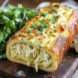- 1 large loaf of Italian bread - 1 cup cooked chicken, shredded - 1 cup Alfredo sauce - 1 cup mozzarella cheese, shredded - 1/2 cup Parmesan cheese, grated - 4 cloves garlic, minced - 1/2 cup unsalted butter, softened - 2 tablespoons fresh parsley, finely chopped - Salt and pepper to taste When making Chicken Alfredo Stuffed Garlic Bread, choosing the right ingredients is key. The Italian bread should be crusty on the outside and soft inside. This helps hold the filling and gives a great texture. - Alternatives for chicken: You can use rotisserie chicken for ease or even shredded turkey. Pulled pork or mushrooms can work for different flavors. - Options for Alfredo sauce: You can use store-bought Alfredo sauce for quick prep. If you prefer homemade, a simple mix of butter, cream, and cheese works well. - Dairy-free cheese options: If you want a dairy-free version, look for plant-based cheese that melts well. Nut-based cheeses can also be a good option. Using the right ingredients makes this dish shine. The blend of flavors gives you that creamy, cheesy goodness. Each bite is a delightful experience that you won't forget. For the full recipe, check out the details above. 1. Preheating the oven Start by preheating your oven to 375°F (190°C). This ensures even cooking and a nice crisp. 2. Preparing the chicken Alfredo mixture In a bowl, mix together the shredded chicken, Alfredo sauce, mozzarella, and Parmesan. Add salt and pepper to taste. Stir until everything is well blended. 3. Preparing the garlic butter In a separate bowl, combine the softened butter, minced garlic, and chopped parsley. Mix until smooth. This garlic butter will give the bread a rich flavor. 1. Cutting and hollowing the Italian bread Take your large loaf of Italian bread and cut it in half lengthwise. Use your hands or a spoon to scoop out most of the soft inside. Keep the bread you scoop out for later use, like making bread crumbs. 2. Stuffing the bread with the Alfredo mixture Generously spoon the chicken Alfredo mixture into each half of the hollowed bread. Make sure to spread it evenly for the best taste. 1. Baking time and temperature Place the stuffed bread halves on a baking sheet lined with parchment paper. Bake in the preheated oven for about 15-20 minutes. Look for a bubbly and golden top. 2. Tips for achieving a golden top To get that perfect golden crust, you can broil the bread for the last minute. Just watch closely so it doesn’t burn. Enjoy your Chicken Alfredo Stuffed Garlic Bread! For the complete recipe, check out the Full Recipe section above. To ensure your cheese melts just right, use fresh mozzarella. Fresh cheese melts beautifully and gives a nice stretch. Grate your cheese instead of using pre-shredded. Pre-shredded cheese has additives that can affect melting. Mix in a bit of cornstarch with the cheese to keep it from clumping. This trick helps the cheese stay smooth and creamy in your Chicken Alfredo stuffed garlic bread. For flavor, add a pinch of garlic powder and some Italian herbs. They boost the taste and make each bite delicious. A touch of cayenne pepper gives a nice kick. Fresh herbs like basil or oregano brighten the dish, making it even more special. Pair your Chicken Alfredo stuffed garlic bread with a crisp green salad. A simple side of mixed greens with a light vinaigrette works well. You can also serve it with roasted vegetables for a hearty meal. For a fun twist, try adding a side of marinara sauce for dipping. For presentation, serve the bread on a wooden board. It adds warmth and charm. Garnish with chopped parsley for a pop of color. You can slice the bread into pieces for easy sharing, making it a perfect party food. If your bread ends up soggy, try toasting it lightly before stuffing. This creates a barrier that helps keep the bread crisp. Make sure your Alfredo sauce isn't too watery. If it is, reduce it on the stove until thick. For cheese clumping, ensure your cheese is finely shredded. Mixing it with cornstarch before adding it to the sauce also helps. If you notice clumps while baking, stir the mixture well before stuffing. This simple fix can save your dish from a cheesy disaster. {{image_2}} You can easily change the filling in your Chicken Alfredo Stuffed Garlic Bread. - Vegetarian options: Swap the chicken for sautéed mushrooms, spinach, or artichokes. Add extra cheese for a rich taste. - Spicy chicken Alfredo: Use spicy chicken seasoning or add diced jalapeños. This packs a punch and makes it exciting. You can transform this dish into something new and fun. - Transforming the recipe into a casserole: Layer your chicken Alfredo mixture in a baking dish. Top it with garlic bread crumbs and bake until golden. This gives a crunchy top and is great for sharing. - Making mini stuffed breads for appetizers: Use small rolls instead of a large loaf. Stuff them with the same mixture. They are perfect for parties and easy to eat. Feel free to explore these variations to create your own perfect dish, based on the full recipe! To keep your Chicken Alfredo Stuffed Garlic Bread fresh, follow these steps: - Refrigeration guidelines: Store leftover stuffed garlic bread in an airtight container. It lasts up to 3 days in the fridge. Make sure it cools down first. This keeps it from getting soggy. - Freezing instructions: If you want to freeze it, wrap the bread tightly in plastic wrap. Then, place it in a freezer bag. It can stay frozen for up to 3 months. When you’re ready to eat, just thaw it in the fridge overnight. - Best methods for reheating stuffed garlic bread: The best way to reheat is in the oven. Preheat to 350°F (175°C). Place the bread on a baking sheet. Heat it for about 10-15 minutes. This restores the crispy crust. - Maintaining texture and flavor: If you use a microwave, the bread may get soft. To avoid this, place a damp paper towel over the bread. Heat in short bursts of 30 seconds. Check often to keep it from getting too hot. Enjoy your tasty leftovers! Can I make Chicken Alfredo Stuffed Garlic Bread ahead of time? Yes, you can prepare Chicken Alfredo Stuffed Garlic Bread in advance. Just make the filling and spread the garlic butter on the bread. Cover it tightly and store it in the fridge. Bake it when you're ready to eat. This saves time and keeps it fresh. What can I serve with Chicken Alfredo Stuffed Garlic Bread? You can pair it with a fresh green salad or a side of steamed veggies. A light tomato soup also works well. These sides balance the rich flavors of the stuffed bread. How long does it take to cook from frozen? If you freeze the stuffed bread, it takes about 25 to 30 minutes to bake. Preheat the oven to 375°F (190°C) and bake until golden and bubbly. This way, you enjoy a warm meal without much wait. Dietary considerations and ingredient modifications For dietary needs, you can use gluten-free bread. Also, consider dairy-free cheese and Alfredo sauce. These options help make this dish suitable for various diets. Can I substitute the bread type? Yes, feel free to use different bread types. French bread or ciabatta works well. Just pick a loaf that can hold the filling without breaking apart. This adds a fun twist to the classic recipe. For the full recipe, check out the details above. Enjoy your cooking! This blog post guided you through making Chicken Alfredo Stuffed Garlic Bread. We covered key ingredients, how to prep, assemble, and bake the dish. I shared valuable tips, like ingredient swaps and serving ideas. You can also explore variations, storage, and common questions to enhance your cooking. In my view, this recipe is a fun twist on classic flavors. Try it, share, and enjoy!