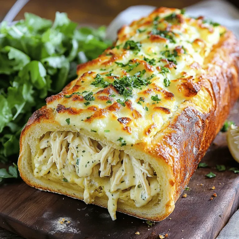- 1 large loaf of Italian bread - 1 cup cooked chicken, shredded - 1 cup Alfredo sauce - 1 cup mozzarella cheese, shredded - 1/2 cup Parmesan cheese, grated - 4 cloves garlic, minced - 1/2 cup unsalted butter, softened - 2 tablespoons fresh parsley, finely chopped - Salt and pepper to taste When making Chicken Alfredo Stuffed Garlic Bread, choosing the right ingredients is key. The Italian bread should be crusty on the outside and soft inside. This helps hold the filling and gives a great texture. - Alternatives for chicken: You can use rotisserie chicken for ease or even shredded turkey. Pulled pork or mushrooms can work for different flavors. - Options for Alfredo sauce: You can use store-bought Alfredo sauce for quick prep. If you prefer homemade, a simple mix of butter, cream, and cheese works well. - Dairy-free cheese options: If you want a dairy-free version, look for plant-based cheese that melts well. Nut-based cheeses can also be a good option. Using the right ingredients makes this dish shine. The blend of flavors gives you that creamy, cheesy goodness. Each bite is a delightful experience that you won't forget. For the full recipe, check out the details above. 1. Preheating the oven Start by preheating your oven to 375°F (190°C). This ensures even cooking and a nice crisp. 2. Preparing the chicken Alfredo mixture In a bowl, mix together the shredded chicken, Alfredo sauce, mozzarella, and Parmesan. Add salt and pepper to taste. Stir until everything is well blended. 3. Preparing the garlic butter In a separate bowl, combine the softened butter, minced garlic, and chopped parsley. Mix until smooth. This garlic butter will give the bread a rich flavor. 1. Cutting and hollowing the Italian bread Take your large loaf of Italian bread and cut it in half lengthwise. Use your hands or a spoon to scoop out most of the soft inside. Keep the bread you scoop out for later use, like making bread crumbs. 2. Stuffing the bread with the Alfredo mixture Generously spoon the chicken Alfredo mixture into each half of the hollowed bread. Make sure to spread it evenly for the best taste. 1. Baking time and temperature Place the stuffed bread halves on a baking sheet lined with parchment paper. Bake in the preheated oven for about 15-20 minutes. Look for a bubbly and golden top. 2. Tips for achieving a golden top To get that perfect golden crust, you can broil the bread for the last minute. Just watch closely so it doesn’t burn. Enjoy your Chicken Alfredo Stuffed Garlic Bread! For the complete recipe, check out the Full Recipe section above. To ensure your cheese melts just right, use fresh mozzarella. Fresh cheese melts beautifully and gives a nice stretch. Grate your cheese instead of using pre-shredded. Pre-shredded cheese has additives that can affect melting. Mix in a bit of cornstarch with the cheese to keep it from clumping. This trick helps the cheese stay smooth and creamy in your Chicken Alfredo stuffed garlic bread. For flavor, add a pinch of garlic powder and some Italian herbs. They boost the taste and make each bite delicious. A touch of cayenne pepper gives a nice kick. Fresh herbs like basil or oregano brighten the dish, making it even more special. Pair your Chicken Alfredo stuffed garlic bread with a crisp green salad. A simple side of mixed greens with a light vinaigrette works well. You can also serve it with roasted vegetables for a hearty meal. For a fun twist, try adding a side of marinara sauce for dipping. For presentation, serve the bread on a wooden board. It adds warmth and charm. Garnish with chopped parsley for a pop of color. You can slice the bread into pieces for easy sharing, making it a perfect party food. If your bread ends up soggy, try toasting it lightly before stuffing. This creates a barrier that helps keep the bread crisp. Make sure your Alfredo sauce isn't too watery. If it is, reduce it on the stove until thick. For cheese clumping, ensure your cheese is finely shredded. Mixing it with cornstarch before adding it to the sauce also helps. If you notice clumps while baking, stir the mixture well before stuffing. This simple fix can save your dish from a cheesy disaster. {{image_2}} You can easily change the filling in your Chicken Alfredo Stuffed Garlic Bread. - Vegetarian options: Swap the chicken for sautéed mushrooms, spinach, or artichokes. Add extra cheese for a rich taste. - Spicy chicken Alfredo: Use spicy chicken seasoning or add diced jalapeños. This packs a punch and makes it exciting. You can transform this dish into something new and fun. - Transforming the recipe into a casserole: Layer your chicken Alfredo mixture in a baking dish. Top it with garlic bread crumbs and bake until golden. This gives a crunchy top and is great for sharing. - Making mini stuffed breads for appetizers: Use small rolls instead of a large loaf. Stuff them with the same mixture. They are perfect for parties and easy to eat. Feel free to explore these variations to create your own perfect dish, based on the full recipe! To keep your Chicken Alfredo Stuffed Garlic Bread fresh, follow these steps: - Refrigeration guidelines: Store leftover stuffed garlic bread in an airtight container. It lasts up to 3 days in the fridge. Make sure it cools down first. This keeps it from getting soggy. - Freezing instructions: If you want to freeze it, wrap the bread tightly in plastic wrap. Then, place it in a freezer bag. It can stay frozen for up to 3 months. When you’re ready to eat, just thaw it in the fridge overnight. - Best methods for reheating stuffed garlic bread: The best way to reheat is in the oven. Preheat to 350°F (175°C). Place the bread on a baking sheet. Heat it for about 10-15 minutes. This restores the crispy crust. - Maintaining texture and flavor: If you use a microwave, the bread may get soft. To avoid this, place a damp paper towel over the bread. Heat in short bursts of 30 seconds. Check often to keep it from getting too hot. Enjoy your tasty leftovers! Can I make Chicken Alfredo Stuffed Garlic Bread ahead of time? Yes, you can prepare Chicken Alfredo Stuffed Garlic Bread in advance. Just make the filling and spread the garlic butter on the bread. Cover it tightly and store it in the fridge. Bake it when you're ready to eat. This saves time and keeps it fresh. What can I serve with Chicken Alfredo Stuffed Garlic Bread? You can pair it with a fresh green salad or a side of steamed veggies. A light tomato soup also works well. These sides balance the rich flavors of the stuffed bread. How long does it take to cook from frozen? If you freeze the stuffed bread, it takes about 25 to 30 minutes to bake. Preheat the oven to 375°F (190°C) and bake until golden and bubbly. This way, you enjoy a warm meal without much wait. Dietary considerations and ingredient modifications For dietary needs, you can use gluten-free bread. Also, consider dairy-free cheese and Alfredo sauce. These options help make this dish suitable for various diets. Can I substitute the bread type? Yes, feel free to use different bread types. French bread or ciabatta works well. Just pick a loaf that can hold the filling without breaking apart. This adds a fun twist to the classic recipe. For the full recipe, check out the details above. Enjoy your cooking! This blog post guided you through making Chicken Alfredo Stuffed Garlic Bread. We covered key ingredients, how to prep, assemble, and bake the dish. I shared valuable tips, like ingredient swaps and serving ideas. You can also explore variations, storage, and common questions to enhance your cooking. In my view, this recipe is a fun twist on classic flavors. Try it, share, and enjoy!