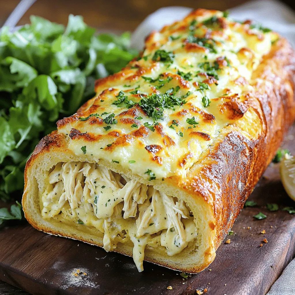 - 1 large loaf of Italian bread - 1 cup cooked chicken, shredded - 1 cup Alfredo sauce - 1 cup mozzarella cheese, shredded - 1/2 cup Parmesan cheese, grated - 4 cloves garlic, minced - 1/2 cup unsalted butter, softened - 2 tablespoons fresh parsley, finely chopped - Salt and pepper to taste When making Chicken Alfredo Stuffed Garlic Bread, choosing the right ingredients is key. The Italian bread should be crusty on the outside and soft inside. This helps hold the filling and gives a great texture. - Alternatives for chicken: You can use rotisserie chicken for ease or even shredded turkey. Pulled pork or mushrooms can work for different flavors. - Options for Alfredo sauce: You can use store-bought Alfredo sauce for quick prep. If you prefer homemade, a simple mix of butter, cream, and cheese works well. - Dairy-free cheese options: If you want a dairy-free version, look for plant-based cheese that melts well. Nut-based cheeses can also be a good option. Using the right ingredients makes this dish shine. The blend of flavors gives you that creamy, cheesy goodness. Each bite is a delightful experience that you won't forget. For the full recipe, check out the details above. 1. Preheating the oven Start by preheating your oven to 375°F (190°C). This ensures even cooking and a nice crisp. 2. Preparing the chicken Alfredo mixture In a bowl, mix together the shredded chicken, Alfredo sauce, mozzarella, and Parmesan. Add salt and pepper to taste. Stir until everything is well blended. 3. Preparing the garlic butter In a separate bowl, combine the softened butter, minced garlic, and chopped parsley. Mix until smooth. This garlic butter will give the bread a rich flavor. 1. Cutting and hollowing the Italian bread Take your large loaf of Italian bread and cut it in half lengthwise. Use your hands or a spoon to scoop out most of the soft inside. Keep the bread you scoop out for later use, like making bread crumbs. 2. Stuffing the bread with the Alfredo mixture Generously spoon the chicken Alfredo mixture into each half of the hollowed bread. Make sure to spread it evenly for the best taste. 1. Baking time and temperature Place the stuffed bread halves on a baking sheet lined with parchment paper. Bake in the preheated oven for about 15-20 minutes. Look for a bubbly and golden top. 2. Tips for achieving a golden top To get that perfect golden crust, you can broil the bread for the last minute. Just watch closely so it doesn’t burn. Enjoy your Chicken Alfredo Stuffed Garlic Bread! For the complete recipe, check out the Full Recipe section above. To ensure your cheese melts just right, use fresh mozzarella. Fresh cheese melts beautifully and gives a nice stretch. Grate your cheese instead of using pre-shredded. Pre-shredded cheese has additives that can affect melting. Mix in a bit of cornstarch with the cheese to keep it from clumping. This trick helps the cheese stay smooth and creamy in your Chicken Alfredo stuffed garlic bread. For flavor, add a pinch of garlic powder and some Italian herbs. They boost the taste and make each bite delicious. A touch of cayenne pepper gives a nice kick. Fresh herbs like basil or oregano brighten the dish, making it even more special. Pair your Chicken Alfredo stuffed garlic bread with a crisp green salad. A simple side of mixed greens with a light vinaigrette works well. You can also serve it with roasted vegetables for a hearty meal. For a fun twist, try adding a side of marinara sauce for dipping. For presentation, serve the bread on a wooden board. It adds warmth and charm. Garnish with chopped parsley for a pop of color. You can slice the bread into pieces for easy sharing, making it a perfect party food. If your bread ends up soggy, try toasting it lightly before stuffing. This creates a barrier that helps keep the bread crisp. Make sure your Alfredo sauce isn't too watery. If it is, reduce it on the stove until thick. For cheese clumping, ensure your cheese is finely shredded. Mixing it with cornstarch before adding it to the sauce also helps. If you notice clumps while baking, stir the mixture well before stuffing. This simple fix can save your dish from a cheesy disaster. {{image_2}} You can easily change the filling in your Chicken Alfredo Stuffed Garlic Bread. - Vegetarian options: Swap the chicken for sautéed mushrooms, spinach, or artichokes. Add extra cheese for a rich taste. - Spicy chicken Alfredo: Use spicy chicken seasoning or add diced jalapeños. This packs a punch and makes it exciting. You can transform this dish into something new and fun. - Transforming the recipe into a casserole: Layer your chicken Alfredo mixture in a baking dish. Top it with garlic bread crumbs and bake until golden. This gives a crunchy top and is great for sharing. - Making mini stuffed breads for appetizers: Use small rolls instead of a large loaf. Stuff them with the same mixture. They are perfect for parties and easy to eat. Feel free to explore these variations to create your own perfect dish, based on the full recipe! To keep your Chicken Alfredo Stuffed Garlic Bread fresh, follow these steps: - Refrigeration guidelines: Store leftover stuffed garlic bread in an airtight container. It lasts up to 3 days in the fridge. Make sure it cools down first. This keeps it from getting soggy. - Freezing instructions: If you want to freeze it, wrap the bread tightly in plastic wrap. Then, place it in a freezer bag. It can stay frozen for up to 3 months. When you’re ready to eat, just thaw it in the fridge overnight. - Best methods for reheating stuffed garlic bread: The best way to reheat is in the oven. Preheat to 350°F (175°C). Place the bread on a baking sheet. Heat it for about 10-15 minutes. This restores the crispy crust. - Maintaining texture and flavor: If you use a microwave, the bread may get soft. To avoid this, place a damp paper towel over the bread. Heat in short bursts of 30 seconds. Check often to keep it from getting too hot. Enjoy your tasty leftovers! Can I make Chicken Alfredo Stuffed Garlic Bread ahead of time? Yes, you can prepare Chicken Alfredo Stuffed Garlic Bread in advance. Just make the filling and spread the garlic butter on the bread. Cover it tightly and store it in the fridge. Bake it when you're ready to eat. This saves time and keeps it fresh. What can I serve with Chicken Alfredo Stuffed Garlic Bread? You can pair it with a fresh green salad or a side of steamed veggies. A light tomato soup also works well. These sides balance the rich flavors of the stuffed bread. How long does it take to cook from frozen? If you freeze the stuffed bread, it takes about 25 to 30 minutes to bake. Preheat the oven to 375°F (190°C) and bake until golden and bubbly. This way, you enjoy a warm meal without much wait. Dietary considerations and ingredient modifications For dietary needs, you can use gluten-free bread. Also, consider dairy-free cheese and Alfredo sauce. These options help make this dish suitable for various diets. Can I substitute the bread type? Yes, feel free to use different bread types. French bread or ciabatta works well. Just pick a loaf that can hold the filling without breaking apart. This adds a fun twist to the classic recipe. For the full recipe, check out the details above. Enjoy your cooking! This blog post guided you through making Chicken Alfredo Stuffed Garlic Bread. We covered key ingredients, how to prep, assemble, and bake the dish. I shared valuable tips, like ingredient swaps and serving ideas. You can also explore variations, storage, and common questions to enhance your cooking. In my view, this recipe is a fun twist on classic flavors. Try it, share, and enjoy!