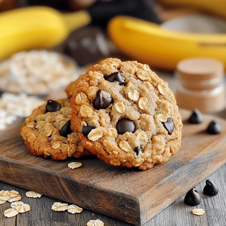 - 2 ripe bananas, mashed - 1 cup rolled oats - 1/2 cup almond flour - 1/4 cup honey or maple syrup - 1/4 cup dark chocolate chips (or raisins) - 1 teaspoon cinnamon - 1/2 teaspoon vanilla extract - 1/4 teaspoon baking soda - Pinch of salt These ingredients create a soft, chewy cookie. The ripe bananas add natural sweetness. The rolled oats give a hearty texture. Almond flour makes them tender and nutty. Honey or maple syrup adds a touch of sweetness. - Each cookie has about 80 calories. - They contain 2 grams of protein and 2 grams of fiber. - Bananas provide potassium and vitamins. Oats are great for heart health. Bananas help with muscle function and digestion. Oats are full of fiber, which keeps you full. This cookie is a tasty treat that is also good for you. Enjoy the benefits while indulging your sweet tooth! First, preheat your oven to 350°F (175°C). Line a baking sheet with parchment paper. This helps the cookies not stick. Next, in a large bowl, mix the ripe bananas with honey or maple syrup until it looks smooth. Then, add in the rolled oats, almond flour, cinnamon, vanilla extract, baking soda, and salt. Stir until everything is combined. The dough will be thick but sticky. Now it's time to shape the cookies! Use a tablespoon to scoop out the dough. Place each scoop on the baking sheet, leaving about 2 inches of space between them. This gives them room to bake. After that, flatten each cookie slightly with the back of the spoon or your fingers. They won’t spread much while baking, so make sure they are flat. Put the baking sheet in the preheated oven. Bake for about 10-12 minutes. You'll know they are done when the edges turn golden brown. Remove the cookies from the oven and let them cool on the baking sheet for a few minutes. After that, transfer them to a wire rack to cool completely. Enjoy your warm, tasty banana oatmeal cookies! For the full recipe, check the above section. To get the best texture for your cookies, be precise with your measurements. Use a measuring cup for the oats and flour. Too much flour can make the cookies dry. When mashing bananas, aim for a smooth consistency. I find using a fork works well. Make sure to mash them thoroughly. This helps the cookies stay moist and chewy. To boost flavor, consider adding spices. A dash of nutmeg or a bit of ginger can work wonders. You can also experiment with nuts or dried fruits. Walnuts and pecans add crunch. Dried cranberries or apricots bring a sweet twist. Just remember to chop them into small pieces for even distribution. If your cookies turn out too dry, try adding a splash of milk or an extra banana. This adds moisture back into the dough. If you want sweeter cookies, add a bit more honey or maple syrup. Taste the dough before baking to adjust sweetness. That way, you get the cookies just how you like them. For the full recipe, check the earlier section. {{image_2}} You can switch out honey or maple syrup in the recipe. Try using agave syrup for a low-glycemic option. Coconut sugar is another great choice. It adds a lovely caramel flavor. If you're looking for sugar-free options, use ripe bananas. They bring natural sweetness without added sugar. Remember, you might need to adjust the other wet ingredients to keep the dough balanced. For those who need gluten-free cookies, use gluten-free oats. They work just as well and keep the cookies chewy. If you want to make these cookies vegan, replace the honey or maple syrup with a plant-based sweetener. You can also skip the eggs by using applesauce or mashed bananas. Each of these options keeps the cookies moist and delicious. Want to change things up? Add peanut butter to the dough for a rich taste. It pairs perfectly with bananas. Almond butter or sunbutter are great alternatives too. You can also get creative with chocolate. Try using white chocolate chips or even chunks of dark chocolate. You can mix and match to find your favorite flavor! To keep your banana oatmeal cookies fresh, store them in an airtight container. This helps prevent them from drying out. You can keep them at room temperature for a few days. If you want them to last longer, put them in the fridge. Just remember that cold cookies may lose some softness. You can freeze the cookie dough for later use. Scoop the dough into balls and place them on a baking sheet. Freeze them for about an hour until firm. Then, transfer the balls to a freezer bag. When you're ready to bake, you can take them out and bake them straight from the freezer. For baked cookies, let them cool completely. Then, place them in an airtight container or a freezer bag. To eat, thaw them at room temperature or heat them in the microwave for a few seconds. Banana oatmeal cookies stay fresh for about 4-5 days at room temperature. If stored in the fridge, they can last up to a week. Check for signs of spoilage, like an off smell or mold, before eating. If they feel very hard or dry, it’s time to toss them. For the full recipe, check the section above. To make banana oatmeal cookies, start by gathering your ingredients. You need ripe bananas, rolled oats, almond flour, honey or maple syrup, dark chocolate chips or raisins, cinnamon, vanilla extract, baking soda, and salt. 1. Preheat your oven to 350°F (175°C) and line a baking sheet with parchment paper. 2. In a large bowl, mash the bananas and mix in honey until smooth. 3. Add oats, almond flour, cinnamon, vanilla, baking soda, and salt. Stir until mixed. 4. Fold in chocolate chips or raisins. 5. Scoop the dough onto the baking sheet, spacing them apart. 6. Flatten each scoop slightly with a spoon. 7. Bake for 10-12 minutes until golden brown on the edges. 8. Let them cool on a wire rack. This simple process gives you tasty cookies fast. You can find the full recipe above. Yes, you can use other flours. If you need a gluten-free option, try using gluten-free flour mixes. You can also use whole wheat flour for added fiber. Just keep in mind that different flours change the texture. Banana oatmeal cookies are a healthy choice. They have ripe bananas, which provide potassium and natural sweetness. Oats are great for fiber and can help with digestion. Using almond flour adds protein and healthy fats. Overall, these cookies can be a nutritious snack or treat. You've learned how to make delicious banana oatmeal cookies with simple ingredients. We covered the key components, step-by-step instructions, and helpful tips to ensure success. Remember, adjusting flavors and textures can make your cookies uniquely yours. Don't hesitate to experiment with variations and storage methods. With these insights, you'll enjoy tasty, healthy treats that satisfy your cravings. Get baking and enjoy every bite!