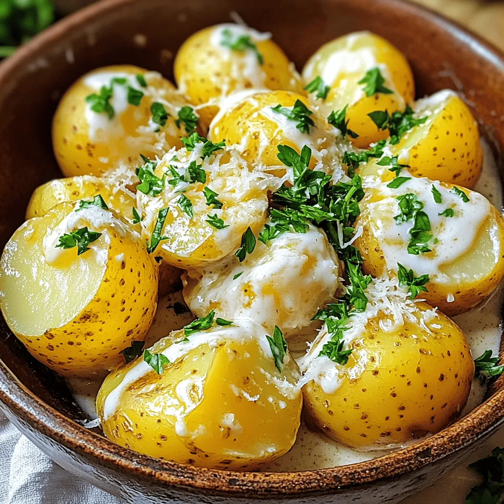 - 1.5 pounds baby potatoes, washed and halved - 4 tablespoons unsalted butter - 4 cloves garlic, minced - 1 cup heavy cream - 1 cup grated Parmesan cheese - 1 teaspoon dried oregano - 1 teaspoon salt - ½ teaspoon black pepper - ¼ teaspoon crushed red pepper flakes (optional) - Fresh parsley for garnish - Large pot - Strainer - Mixing bowl - Whisk To make creamy garlic sauce baby potatoes, you need a few simple ingredients. Baby potatoes are small and tender. They soak up flavors well. The garlic adds a bold taste. Butter makes the sauce rich. Heavy cream creates a smooth texture. Parmesan cheese gives depth and saltiness. Dried oregano adds a hint of earthiness. You can add crushed red pepper flakes for some heat. Fresh parsley is perfect for color and freshness. You will also need basic cooking tools. A large pot is essential for boiling the potatoes. A strainer helps you drain them easily. A mixing bowl is great for combining the sauce ingredients. A whisk makes mixing smooth and easy. For the full recipe, check out the details above. You'll enjoy making this dish! To start, we need to boil the baby potatoes. Fill a large pot with water and add a pinch of salt. Bring it to a boil. Once boiling, add the halved baby potatoes. Cook them for about 12 to 15 minutes. Check for tenderness by piercing with a fork. When they are soft, drain the potatoes and set them aside. Now, let’s make the garlic sauce. In the same pot, add four tablespoons of unsalted butter. Melt the butter over medium heat. Once melted, throw in four cloves of minced garlic. Sauté the garlic for about one to two minutes. Be careful not to burn it, as burnt garlic tastes bitter. After that, lower the heat to medium-low. Pour in one cup of heavy cream while stirring. Gradually add one cup of grated Parmesan cheese, whisking until it becomes smooth and creamy. Next, we will combine the potatoes and sauce. Stir in one teaspoon of dried oregano, one teaspoon of salt, and half a teaspoon of black pepper. If you like a little heat, add a quarter teaspoon of crushed red pepper flakes. Let the sauce simmer for another two to three minutes. This helps thicken it. Now, gently add the drained baby potatoes back into the pot. Toss them in the garlic sauce until they are well coated. Cook for an additional two to three minutes for the flavors to meld. The creamy garlic sauce baby potatoes are now ready to enjoy. You can find the full recipe for more details! To make a great creamy garlic sauce, avoid overcooked garlic. Cook it just until fragrant, about 1-2 minutes. If it burns, the sauce will taste bitter. Keep an eye on it while it cooks. Next, to achieve the desired creaminess, use heavy cream and Parmesan cheese. Stir the cheese in slowly. This helps it melt evenly. If you want a thicker sauce, let it simmer for a few extra minutes. Garnishing with fresh parsley adds color and flavor. Chop it finely and sprinkle it on top right before serving. You can also add a bit more Parmesan for a richer look. For serving, use a rustic bowl. It makes the dish feel cozy and inviting. I like to drizzle extra sauce over the potatoes for an elegant touch. If your baby potatoes are larger or smaller, adjust the cooking time. Larger potatoes may need a few extra minutes, while smaller ones cook quicker. Always check for tenderness with a fork. For reheating, do it gently. Use low heat on the stove or microwave in short bursts. This helps keep the sauce creamy and smooth without drying it out. {{image_2}} You can switch the cheese if you want. Try using mozzarella or feta. These cheeses give a different taste. You can also add herbs like basil or thyme for extra flavor. They bring freshness to the dish. To make a vegan version, use plant-based butter and cream. Nutritional yeast can replace the cheese. It adds a cheesy flavor without dairy. For gluten-free options, choose gluten-free pasta or use cornstarch to thicken the sauce. Want a spicy kick? Add more crushed red pepper flakes to the sauce. This makes it fun and zesty. You can also add vegetables, like spinach or mushrooms. These add more nutrients and a lovely texture to your creamy garlic sauce baby potatoes. Check out the Full Recipe for more on how to create this dish. To keep your creamy garlic sauce baby potatoes fresh, cool them quickly. Let them sit at room temperature for no more than two hours. Use a shallow container to help them cool faster. Store the potatoes in an airtight container. This method keeps them tasty and prevents drying out. If you want to freeze these potatoes, follow these steps. First, let the potatoes cool completely. Then, spoon them into freezer-safe bags or containers. Make sure to remove as much air as possible to avoid freezer burn. When you are ready to eat, take them out of the freezer. Thaw them in the fridge overnight. Reheat them gently on the stove or in the microwave until they are warm. For the best taste, eat the creamy garlic sauce baby potatoes within three to five days when stored in the fridge. You can tell if they are spoiled if they smell off or have a slimy texture. Always trust your senses and throw them away if unsure. Enjoy these creamy potatoes while they are fresh for the best flavor! For the full recipe, check out the [Full Recipe]. You can pair these potatoes with many tasty dishes. Here are some ideas: - Complementary side dishes: - A fresh garden salad adds crunch. - Steamed broccoli brings color and nutrition. - Roasted asparagus offers a nice contrast. - Suggested protein pairings: - Grilled chicken adds flavor. - Baked salmon complements the creaminess. - Tofu works well for a plant-based meal. Yes, you can prep ahead. - Prep and cooking timeline: - Cook and cool the potatoes, then store in the fridge. - Make the garlic sauce and keep it separate. - Reheating tips: - Heat the sauce gently on low. - Toss in the baby potatoes and warm until heated through. You can add heat to fit your taste. - Additional spice options: - Use more crushed red pepper flakes for extra kick. - Stir in some cayenne pepper for a bolder flavor. - Adjusting flavor balance: - Taste as you go to balance the heat. - Add more cream if it gets too spicy. For the full recipe, visit [Full Recipe]. In this blog post, I covered how to make creamy garlic sauce baby potatoes. We went through the key ingredients, cooking tools, and step-by-step instructions. I also shared tips for perfecting the sauce and ideas for presentation. You can modify the recipe for dietary needs or to boost flavors. Lastly, I gave insights on proper storage and addressing common questions. Enjoy experimenting with this dish, and let it bring new flavors to your table!