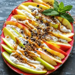 To make a tasty and healthy snack, you will need the following ingredients: - 2 large apples (Fuji or Honeycrisp recommended) - 1/4 cup almond or nut butter - 1/4 cup Greek yogurt - 2 tablespoons honey or maple syrup - 1/4 cup granola - 2 tablespoons mini chocolate chips - 1/4 teaspoon cinnamon - 1 tablespoon chia seeds - Fresh mint leaves for garnish Using fresh apples gives this dish a crisp bite. Fuji and Honeycrisp are my favorites because they are sweet and juicy. The nut butter adds creaminess and protein. You can use almond butter or any nut butter you like. Greek yogurt not only adds creaminess but also boosts protein. Honey or maple syrup sweetens the yogurt. Granola offers crunch, while mini chocolate chips add a fun touch. A sprinkle of cinnamon elevates the flavor. Chia seeds are packed with nutrients and add a nice texture. Fresh mint leaves make the dish look pretty and fresh. This combination of ingredients makes Healthy Apple Nachos a delightful treat for everyone. If you want to try this recipe, check out the Full Recipe for step-by-step instructions. First, wash the apples under cool water. This removes dirt and wax. Next, core the apples and slice them into thin wedges. Keeping the skin on gives extra nutrients and adds color. I love using Fuji or Honeycrisp apples for their sweetness. Now, take a large platter and arrange the apple slices. Overlap them slightly to show off their colors. This makes your nachos look great and inviting. Next, grab your almond butter. Spread it evenly over the apple slices. This nutty flavor pairs very well with the sweet apples. For the yogurt drizzle, mix Greek yogurt with honey or maple syrup in a small bowl. Then, drizzle this mixture over your apple slices. This adds creaminess and sweetness. Now, it’s time for toppings! Sprinkle granola, mini chocolate chips, and chia seeds over the nachos. Each bite will have a fun crunch. Finally, dust the platter lightly with cinnamon. This adds a warm, cozy flavor that everyone will love. Check out the Full Recipe to see all the steps together! - Use colorful platters for visual appeal. Arrange the apple nachos to highlight their bright colors. - Serve with extra nut butter and yogurt on the side. This adds fun for your guests. - Apples are rich in fiber and vitamins. They help with digestion and boost your immune system. - Greek yogurt is packed with protein and probiotics. It supports gut health and helps build strong muscles. - Chia seeds are tiny powerhouses. They give you omega-3 fatty acids, fiber, and protein. Adding them helps keep you full and energized. - Kids love to help in the kitchen. Let them arrange apple slices and pick toppings. - For picky eaters, offer alternative toppings. Choose from raisins, coconut flakes, or sunflower seeds. This way, everyone can enjoy their own version! {{image_2}} You can use various nut butters to change the taste. Peanut butter is a classic choice. It adds a rich and creamy flavor. Cashew butter gives a sweet and nutty twist. Sunflower seed butter is perfect for nut-free diets. Each option enhances the apple nachos in its own way. Seasonal toppings will keep your apple nachos exciting. In fall, add pomegranate seeds for a burst of color and flavor. Walnuts offer a crunchy texture and taste great in winter. Fresh berries are perfect for summer. Try different fruits and nuts based on the season to surprise your taste buds. For a vegan version, swap honey for maple syrup. You can use agave nectar, too. Choose gluten-free granola to fit your needs. These simple changes keep the dish tasty and friendly for all diets. Enjoy your healthy apple nachos without compromise! To keep your apple nachos fresh, store them in an airtight container. This helps to reduce exposure to air, which can make apples brown and soggy. Line the bottom of the container with parchment paper to absorb any moisture. Avoid stacking the apple slices too high to prevent bruising. Yes, you can prep some parts ahead of time! Slice the apples and store them in lemon water to keep them fresh. You can also mix the yogurt and sweetener a day in advance. Keep them separate until you're ready to serve. This saves time and keeps your nachos crunchy. Prepared apple nachos are best enjoyed right away. However, if stored correctly, they can last in the fridge for up to two days. After that, the apples might lose their crispness and flavor. Keep an eye on them and enjoy them while they are fresh! To stop apple slices from browning, use lemon juice. Just squeeze a bit on the slices. The acid in the juice slows down oxidation. Another option is to soak the slices in cold water mixed with a little salt for a few minutes. Rinse them off before serving. You can also use a mix of water and honey. This helps keep them fresh and tasty. Yes, you can use other fruits! Bananas, pears, or strawberries work great. They offer a similar sweet and juicy flavor. If you want a tropical twist, try mango slices or kiwi. Each fruit brings its own taste and texture, making this snack fun and varied. You can even mix different fruits for a colorful platter. Absolutely! Healthy Apple Nachos are great for kids. They are packed with nutrients. Apples provide fiber and vitamins, while Greek yogurt adds protein. Nut butter gives healthy fats for energy. This snack is fun to eat and easy to make. Plus, kids can help assemble it. It encourages them to enjoy healthy foods. You can feel good knowing they are snacking smart. You learned how to make healthy and fun apple nachos. We covered great ingredients like apples, nut butter, and Greek yogurt. You now know how to prepare, assemble, and store them. Plus, I shared tips to make this snack kid-friendly and tasty. These nachos are not just yummy; they're also good for your health. Enjoy making and sharing this treat with family and friends!