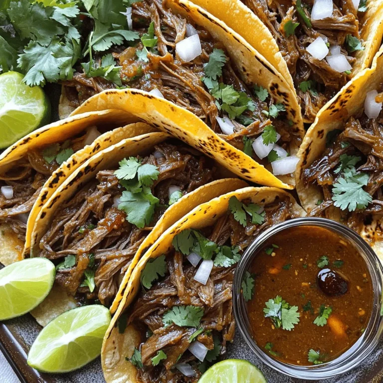 For this tasty dish, you need: - 2 lbs beef chuck roast, cut into cubes - 2 dried guajillo chiles, stems and seeds removed - 2 dried ancho chiles, stems and seeds removed - 1 teaspoon cumin powder - 1 teaspoon oregano - 1 tablespoon chili powder - 5 cloves garlic, minced - 1 onion, quartered - 4 cups beef broth - 1 can (14 oz) diced tomatoes - 2 bay leaves - Salt and pepper to taste These main items build the rich flavor of the Birria tacos. The beef chuck roast gives a tender and juicy texture. Dried chiles add a smoky taste that makes the dish special. The spices and broth blend well, creating a savory base. You’ll want these fresh items for garnish: - Fresh cilantro - Diced onions - Lime wedges These garnishes brighten the tacos. Cilantro adds a fresh touch. Diced onions give a nice crunch, while lime wedges enhance the flavor with a zesty kick. Feel free to mix it up with these options: - Cheese for a melty layer - Avocado slices for creaminess - Pickled jalapeños for heat These optional ingredients let you personalize your tacos. Cheese adds richness, while avocado brings smoothness. Pickled jalapeños can spice things up if you like heat. For the full recipe, check out the detailed steps to make these delightful Crock Pot Birria Tacos! - Toasting the chiles: Start with a dry skillet. Set it over medium heat. Add the guajillo and ancho chiles. Toast them for 2-3 minutes until they smell great. Watch closely to avoid burning. - Blending the marinade: Put the toasted chiles into a blender. Add the minced garlic, quartered onion, cumin, oregano, and chili powder. Pour in 1/2 cup of beef broth. Blend until it is smooth and thick. - Preparing the meat and combining ingredients: Take the beef chuck roast and cut it into cubes. Season with salt and pepper. Place the seasoned meat into the Crock Pot. Pour the blended marinade over the beef. Add the diced tomatoes, remaining beef broth, and bay leaves. Stir gently to mix everything well. - Cooking times and methods for best results: Cover the Crock Pot. Cook on low for 8 hours or high for 4 hours. The beef should be tender and easy to shred. - Shredding the beef and assembling the tacos: Once cooked, take the beef out of the Crock Pot. Use two forks to shred the beef into pieces. Strain the broth and keep it for dipping. - Serving tips for optimal presentation: Heat corn tortillas in a skillet until warm. Spoon the shredded beef onto each tortilla. Garnish with fresh cilantro and diced onions. Serve with lime wedges and a small bowl of reserved broth for dipping. For a vibrant look, arrange the tacos on a large platter, adding extra cilantro and lime wedges. Enjoy making your crunchy, flavorful Crock Pot Birria Tacos with this easy Full Recipe! To make your Birria tacos truly pop, think about marinating the meat. I suggest marinating the beef overnight if you can. This lets the flavors soak in. Use a mix of spices like cumin and oregano. These spices bring depth to the dish. You can also add a splash of vinegar for a tangy kick. When you blend your chiles, add some of the beef broth for a smoother texture. This will help coat the meat evenly with flavor. Cooking in a slow cooker is key to tender meat. I recommend cooking on low for 8 hours. This long cook time breaks down the meat fibers well. If you are short on time, you can set it to high for 4 hours. Just keep an eye on it. You want the beef to shred easily. Use a meat thermometer to check the internal temperature; it should be at least 195°F for the best results. These tacos shine when paired with the right sides. I love serving them with Mexican rice or refried beans. A fresh salad can also balance the richness. For drinks, a cold Mexican beer or a refreshing agua fresca works well. Don’t forget to add lime wedges for extra zest! Enjoy your meal with a small bowl of the reserved broth for dipping. This adds a nice touch and enhances the flavor. For the full recipe, check out the details above! {{image_2}} If you want to switch up the beef, try lamb or goat. These meats add rich flavor. You can also use chicken for a lighter dish. When it comes to spices, chili powder can be swapped with paprika for less heat. You can use smoked paprika for a twist. If you can't find guajillo or ancho chiles, use chipotle chiles for a smoky taste. You can make Birria tacos in an Instant Pot too. Cook it on high pressure for about 45 minutes. This method saves time while still giving you tender meat. If you prefer, you can also use the stove-top. Brown the meat in a pot, add the marinade, and simmer for about two hours. This method lets you control the heat closely. Birria tacos vary by region in Mexico. In Jalisco, they often use goat meat and serve it with a rich broth. In Tijuana, they add cheese inside the tacos for extra flavor. Each region has its own twist, so feel free to explore. You can create your own version based on your taste. Check out the Full Recipe for inspiration. Store your leftover Birria tacos in an airtight container. Make sure they cool down first. Refrigerate them if you plan to eat them in the next few days. For longer storage, freeze them. Wrap each taco tightly in plastic wrap and then place them in a freezer bag. This helps prevent freezer burn. To reheat, I recommend using the oven for the best texture. Preheat your oven to 350°F (175°C). Place the tacos on a baking sheet and cover them with foil. Heat for about 10-15 minutes. You can also use a skillet over medium heat. Heat for about 3-4 minutes on each side until warm. If you want to enjoy the broth, heat it in a small pot until hot. In the fridge, your tacos will last for about 3-4 days. If you freeze them, they can last for up to 3 months. Just remember to label your containers with the date. This way, you know when to enjoy your tasty leftovers. What is the origin of Birria tacos? Birria tacos come from Mexico. They started in the state of Jalisco. Originally, they were made with goat meat. Now, beef is often used. The dish is rich and flavorful. People love it for its taste and comfort. Can I use chicken or pork instead of beef? Yes, you can use chicken or pork. Both will give a different flavor. Chicken is lighter, while pork adds richness. Adjust cooking times as needed. Always ensure the meat is tender before serving. How do I know when the meat is done? The meat is done when it is very tender. It should shred easily with a fork. If it feels tough, cook it a bit longer. Check it after the recommended cooking time. Can I make this recipe ahead of time? Yes, you can make this ahead. The flavors will deepen after sitting. Store it in the fridge after cooking. Reheat before serving for the best taste. What toppings are traditional for Birria tacos? Traditional toppings include fresh cilantro, diced onions, and lime wedges. You can also add cheese for extra flavor. These toppings balance the rich, savory meat. What drinks complement this dish well? Birria tacos pair well with refreshing drinks. Try a cold Mexican beer or a tangy agua fresca. A light red wine can also work nicely. These drinks enhance the meal without overpowering it. This post walked you through making Birria tacos. We covered key ingredients, preparation, and cooking steps. You learned tips for enhancing flavor and serving suggestions. The variations section offered options for personalizing your tacos. Remember to store leftovers properly for the best taste later. Enjoy your cooking and impress with each tasty bite!