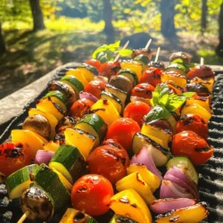 - 1 zucchini, sliced into thick rounds - 1 bell pepper (red or yellow), cut into large chunks - 1 red onion, cut into wedges - 8 cherry tomatoes - 1 cup mushrooms (button or cremini), whole - 2 tablespoons olive oil - 1 tablespoon balsamic vinegar - 2 teaspoons garlic powder - 1 teaspoon dried oregano - Salt and pepper to taste - Fresh basil for garnish Creating grilled vegetable skewers is all about using fresh and colorful ingredients. The zucchini adds a nice crunch, while the bell pepper brings sweetness. Red onion gives a slight bite, and cherry tomatoes pop with flavor. Mushrooms round out the mix with their earthy taste. For the marinade, olive oil keeps everything moist. Balsamic vinegar gives a tangy kick. Garlic powder and oregano add depth and aroma. Adjust the salt and pepper to your taste; this helps enhance the natural flavors of the veggies. Feel free to add fresh basil as a garnish at the end. This not only adds color but also a fresh herb taste. For the full recipe, you can check the complete guide to make this dish truly shine. 1. Preheating the grill: Start by heating your grill to medium-high, around 375°F to 400°F. This heat helps to give your veggies nice grill marks and flavor. 2. Mixing the marinade: In a big bowl, blend together 2 tablespoons of olive oil, 1 tablespoon of balsamic vinegar, 2 teaspoons of garlic powder, 1 teaspoon of dried oregano, and a pinch of salt and pepper. This mix adds great taste to the veggies. 3. Coating the vegetables: Add your chopped vegetables—zucchini, bell pepper, red onion, cherry tomatoes, and mushrooms—to the bowl. Toss them well so every piece gets covered in that tasty marinade. 1. Threading vegetables onto skewers: Grab your skewers. Start by putting the marinated veggies on them. Mix and match types for fun colors and flavors. 2. Soaking wooden skewers (if using): If you use wooden skewers, soak them in water for 30 minutes. This step helps prevent burning on the grill. 1. Cooking time and turning directions: Place the skewers on the hot grill. Cook them for about 10 to 12 minutes. Turn them every few minutes to get an even cook and those beautiful grill lines. 2. Checking for doneness: The veggies are ready when they feel tender. You can poke them with a fork to check. If they slide off easily, they are done! Follow this method, and you will have delicious, colorful grilled vegetable skewers ready to enjoy. For the complete recipe, refer to the Full Recipe section. - The best grill temperature is medium-high, around 375°F to 400°F. - To stop veggies from sticking, oil the grill grates lightly before cooking. Grilling at the right temperature ensures even cooking. It also brings out the natural sweetness in your vegetables. Lightly oiling the grates helps prevent sticking. This keeps the veggies intact and makes flipping easier. - Try different seasonings like paprika, cumin, or lemon zest. - Marinate your veggies for at least 30 minutes for better flavor. Using various spices adds depth to your skewers. Marinating helps the flavors seep into the vegetables, making each bite more delicious. - Serve with dips like hummus or tzatziki for extra taste. - For a pretty plate, arrange the skewers in a fan shape. Pairing grilled vegetable skewers with dips adds fun and flavor. A nice presentation can make your meal look gourmet. You can find more ideas in the Full Recipe section. {{image_2}} You can swap out the veggies based on the season. In summer, add fresh corn or eggplant. In fall, try butternut squash or Brussels sprouts. The more colors, the better! For a twist, you can use exotic vegetables. Think about adding asparagus or bok choy. These will bring unique flavors and make your skewers stand out. Try an Asian-inspired marinade for a new taste. Mix soy sauce, sesame oil, and ginger for a zing. This adds a sweet and savory flavor to your vegetables. Mediterranean flavors bring out the best in veggies too. Use olive oil, lemon juice, and herbs like thyme or rosemary. This gives a fresh and bright taste that pairs well with grilled dishes. When skewering, choose between metal and bamboo. Metal skewers are reusable, while bamboo is great for one-time use. If you use bamboo, soak them in water first. This helps prevent burning on the grill. To make your skewers pop, create rainbow skewers. Alternate colors and shapes for a fun look. This not only makes the dish pretty but also adds a variety of flavors in every bite. For the full recipe, refer to the earlier sections. To keep your grilled vegetable skewers fresh, place them in a container. Use an airtight container to avoid air exposure, which can lead to spoilage. If you want to refrigerate, keep them in the fridge for up to three days. For longer storage, you can freeze them. Wrap each skewer in plastic wrap and place them in a freezer bag. This way, they stay tasty for up to three months. When ready to enjoy them again, the best way to reheat skewers is on the grill or in the oven. If using the grill, preheat to medium heat and cook for about five minutes, turning occasionally. In the oven, set it to 350°F and bake for about 10 minutes. This method helps keep the skewers from getting soggy. You want to maintain their flavor and texture, so avoid using the microwave. Grilled vegetable skewers can last for three days in the fridge. If frozen, they remain good for about three months. Always check for any signs of spoilage before consuming. When properly stored, these skewers offer a great way to enjoy healthy, delicious vegetables long after the grill cools down. To boost flavor, try adding more spices and herbs. You can sprinkle in some smoked paprika for a smoky taste. Cumin adds warmth and depth, while red pepper flakes give a spicy kick. Fresh herbs like rosemary or thyme can brighten the dish. Mixing in a splash of lemon juice right before serving adds a fresh zing. For grilling, choose vegetables that hold up well to heat. Good options include: - Zucchini - Bell peppers (red or yellow) - Red onions - Cherry tomatoes - Mushrooms (button or cremini) These veggies cook evenly and absorb flavors nicely. They also create a beautiful mix of colors on the skewers. Yes! You can roast these skewers in your oven. Preheat your oven to 400°F. Place your skewers on a baking sheet lined with parchment paper. Roast them for about 15-20 minutes, turning halfway through. This method gives you a similar taste and texture as grilling. Follow the same steps as in the Full Recipe to prepare your skewers. Grilled vegetable skewers are a fun and tasty way to enjoy fresh produce. You can mix and match seasonal or exotic veggies, use various marinades, and customize flavors as you please. Remember to coat the vegetables well, preheat your grill, and watch the cooking time for best results. With these tips and tricks, you’ll impress everyone at your next get-together. Enjoy the vibrant colors and flavors while making a dish that is both healthy and delicious!