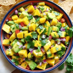 - Fresh fruits and vegetables - 2 ripe mangos, diced - 2 ripe avocados, diced - 1 medium red onion, finely diced - 1 red bell pepper, diced - 1 jalapeño, seeded and minced - 1/2 cup fresh cilantro, chopped - Essential spices and seasonings - Juice of 2 limes - Salt and pepper to taste - Optional additions for flavor - You can add diced tomatoes for extra color. - A pinch of cumin brings a warm flavor. - Try adding garlic for a bold taste. I love using fresh produce in my cooking. Each ingredient in this salsa adds a unique taste. The mangos are sweet, while the avocados are creamy. The red onion and bell pepper give a nice crunch. Jalapeño adds just the right amount of heat. Cilantro brightens the dish and adds freshness. The lime juice ties everything together, creating a zesty kick. This salsa is quick to make and perfect for any gathering. You can serve it in a colorful bowl with chips. My version of mango avocado salsa is not just tasty; it’s also healthy. You can easily adjust it to fit your taste. Want more spice? Just add another jalapeño. Prefer it sweeter? Add more mangos. Check out the Full Recipe for more details on making this vibrant dish. How to prep the mango and avocado To start, choose ripe mangos and avocados. Gently press the fruit; it should feel soft but not mushy. Cut the mango by slicing around the pit, then dice it into small cubes. For the avocado, cut it in half, remove the pit, and scoop the flesh with a spoon. Dice it carefully to keep nice pieces. Mixing the vegetables and seasoning In a large mixing bowl, add the diced mango and avocado. Next, finely chop the red onion and red bell pepper. Toss them into the bowl. For some heat, add the minced jalapeño. Fresh cilantro gives great flavor, so chop it and mix it in too. Finally, squeeze the juice of two limes over the mixture and season with salt and pepper to taste. Proper techniques for folding ingredients without mashing Now, it’s time to mix! Use a gentle folding motion with a large spoon or spatula. This keeps the avocado and mango pieces intact and prevents mashing. Take your time and be careful. After mixing, let the salsa sit for about 10 minutes. This allows all the flavors to blend together nicely. This simple process brings a fresh and zesty delight to your table. For the complete recipe, refer to the [Full Recipe]. To pick the best mangoes, look for ones that feel slightly soft. You want them to give a little when you press gently. Their skin should have a nice golden hue, with some red blush if they are ripe. The scent should be sweet, hinting at their juicy flavor. For avocados, check for firmness. They should yield slightly when you press them. Avoid hard avocados as they need more time to ripen. When you slice them open, the flesh should be a bright green color without brown spots. To store ripe mangoes, keep them at room temperature for a few days. If they ripen too fast, put them in the fridge to slow it down. For avocados, if they are still hard, keep them at room temperature. Once ripe, store them in the fridge. You can mix in lime juice to add brightness. Lime balances the sweetness of mango and creaminess of avocado. Fresh cilantro gives a fresh kick. If you enjoy heat, add jalapeño or even a dash of cayenne pepper. To adjust the heat, start with a small amount of jalapeño. You can always add more later. For a milder salsa, remove the seeds from the jalapeño before mixing. Use spices like cumin for a unique twist. For more flavor ideas, check the Full Recipe for additional tips. With these tricks, you can create a salsa that suits your taste! {{image_2}} You can easily change up the ingredients in mango avocado salsa. For allergies, swap out mangos for peaches. This keeps the sweetness while removing mango allergens. If you want a different flavor, try adding diced pineapple. It gives a nice twist and adds tropical vibes. For a spicy kick, add more jalapeño or use a serrano pepper. If you prefer milder flavors, skip the jalapeño altogether. You can also try using green onions instead of red onion for a fresh taste. The goal is to make the salsa your own! Mango avocado salsa pairs well with many protein dishes. Serve it over grilled chicken or shrimp for a refreshing touch. It also works great atop fish tacos. The salsa's bright flavors balance rich proteins nicely. You can use the salsa in other ways too. Try it as a topping on grilled sandwiches or burgers. You can even mix it into your salad for a fresh boost. Get creative! The salsa adds color and flavor to any meal. To keep mango avocado salsa fresh, use an airtight container. This helps stop air from spoiling it. Store the salsa in the fridge right after you make it. It tastes best within 1 to 2 days. The longer it sits, the softer the avocados get. If you notice brown spots, just stir it well. The bright flavors will still shine through. Can salsa be frozen? Yes, you can freeze mango avocado salsa. However, the texture may change once thawed. To freeze, place the salsa in a freezer-safe bag. Remove as much air as possible before sealing. It can last up to 3 months in the freezer. To thaw, move the salsa to the fridge overnight. This helps keep the salsa from getting too watery. After thawing, stir it gently to mix the ingredients back together. You may want to add a little lime juice to refresh the taste. Enjoy the full recipe for a fresh flavor experience! What is the best way to serve mango avocado salsa? You can serve mango avocado salsa as a dip with tortilla chips. It also shines as a topping for grilled fish or chicken. For a fresh twist, add it to tacos or burrito bowls. Present it in a colorful bowl, and don’t forget lime wedges for extra zest. Garnishing with cilantro leaves adds to its charm. Can I make it ahead of time? Yes, you can make mango avocado salsa ahead of time. However, it tastes best fresh. If you make it early, the avocados might brown a bit. To slow this down, add lime juice to the mixture. Store it in an airtight container in the fridge for up to a day. Give it a gentle stir before serving to refresh the flavors. How can I adjust the recipe for larger servings? To serve more people, simply double or triple the ingredients. Use more mangos and avocados for balance. Keep the ratios of the other ingredients the same. If you're using a large bowl, mix well to combine everything. For a crowd, consider adding more lime juice to keep the salsa bright. Check the seasoning again for taste before serving. For the full recipe, refer to the complete instructions provided earlier. This blog post provided a complete guide to making mango avocado salsa. We covered ingredients, prep steps, and tips for choosing ripe fruits. You can enhance the salsa’s flavor with spices and fun mix-ins. We explored variations, serving ideas, and how to store your salsa. Remember to have fun with the recipe. Feel free to make it your own. Enjoy your fresh, tasty creation, and share it with friends!