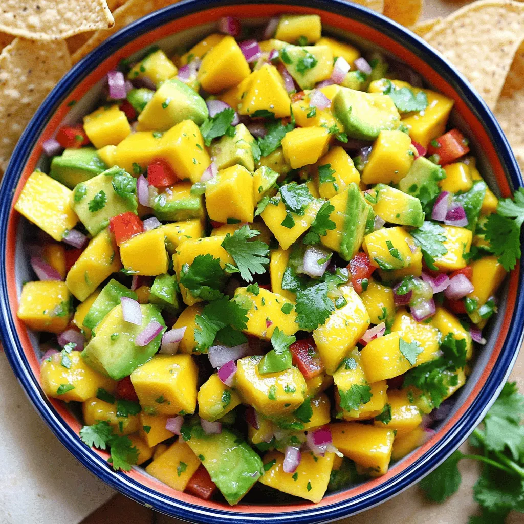 - Fresh fruits and vegetables - 2 ripe mangos, diced - 2 ripe avocados, diced - 1 medium red onion, finely diced - 1 red bell pepper, diced - 1 jalapeño, seeded and minced - 1/2 cup fresh cilantro, chopped - Essential spices and seasonings - Juice of 2 limes - Salt and pepper to taste - Optional additions for flavor - You can add diced tomatoes for extra color. - A pinch of cumin brings a warm flavor. - Try adding garlic for a bold taste. I love using fresh produce in my cooking. Each ingredient in this salsa adds a unique taste. The mangos are sweet, while the avocados are creamy. The red onion and bell pepper give a nice crunch. Jalapeño adds just the right amount of heat. Cilantro brightens the dish and adds freshness. The lime juice ties everything together, creating a zesty kick. This salsa is quick to make and perfect for any gathering. You can serve it in a colorful bowl with chips. My version of mango avocado salsa is not just tasty; it’s also healthy. You can easily adjust it to fit your taste. Want more spice? Just add another jalapeño. Prefer it sweeter? Add more mangos. Check out the Full Recipe for more details on making this vibrant dish. How to prep the mango and avocado To start, choose ripe mangos and avocados. Gently press the fruit; it should feel soft but not mushy. Cut the mango by slicing around the pit, then dice it into small cubes. For the avocado, cut it in half, remove the pit, and scoop the flesh with a spoon. Dice it carefully to keep nice pieces. Mixing the vegetables and seasoning In a large mixing bowl, add the diced mango and avocado. Next, finely chop the red onion and red bell pepper. Toss them into the bowl. For some heat, add the minced jalapeño. Fresh cilantro gives great flavor, so chop it and mix it in too. Finally, squeeze the juice of two limes over the mixture and season with salt and pepper to taste. Proper techniques for folding ingredients without mashing Now, it’s time to mix! Use a gentle folding motion with a large spoon or spatula. This keeps the avocado and mango pieces intact and prevents mashing. Take your time and be careful. After mixing, let the salsa sit for about 10 minutes. This allows all the flavors to blend together nicely. This simple process brings a fresh and zesty delight to your table. For the complete recipe, refer to the [Full Recipe]. To pick the best mangoes, look for ones that feel slightly soft. You want them to give a little when you press gently. Their skin should have a nice golden hue, with some red blush if they are ripe. The scent should be sweet, hinting at their juicy flavor. For avocados, check for firmness. They should yield slightly when you press them. Avoid hard avocados as they need more time to ripen. When you slice them open, the flesh should be a bright green color without brown spots. To store ripe mangoes, keep them at room temperature for a few days. If they ripen too fast, put them in the fridge to slow it down. For avocados, if they are still hard, keep them at room temperature. Once ripe, store them in the fridge. You can mix in lime juice to add brightness. Lime balances the sweetness of mango and creaminess of avocado. Fresh cilantro gives a fresh kick. If you enjoy heat, add jalapeño or even a dash of cayenne pepper. To adjust the heat, start with a small amount of jalapeño. You can always add more later. For a milder salsa, remove the seeds from the jalapeño before mixing. Use spices like cumin for a unique twist. For more flavor ideas, check the Full Recipe for additional tips. With these tricks, you can create a salsa that suits your taste! {{image_2}} You can easily change up the ingredients in mango avocado salsa. For allergies, swap out mangos for peaches. This keeps the sweetness while removing mango allergens. If you want a different flavor, try adding diced pineapple. It gives a nice twist and adds tropical vibes. For a spicy kick, add more jalapeño or use a serrano pepper. If you prefer milder flavors, skip the jalapeño altogether. You can also try using green onions instead of red onion for a fresh taste. The goal is to make the salsa your own! Mango avocado salsa pairs well with many protein dishes. Serve it over grilled chicken or shrimp for a refreshing touch. It also works great atop fish tacos. The salsa's bright flavors balance rich proteins nicely. You can use the salsa in other ways too. Try it as a topping on grilled sandwiches or burgers. You can even mix it into your salad for a fresh boost. Get creative! The salsa adds color and flavor to any meal. To keep mango avocado salsa fresh, use an airtight container. This helps stop air from spoiling it. Store the salsa in the fridge right after you make it. It tastes best within 1 to 2 days. The longer it sits, the softer the avocados get. If you notice brown spots, just stir it well. The bright flavors will still shine through. Can salsa be frozen? Yes, you can freeze mango avocado salsa. However, the texture may change once thawed. To freeze, place the salsa in a freezer-safe bag. Remove as much air as possible before sealing. It can last up to 3 months in the freezer. To thaw, move the salsa to the fridge overnight. This helps keep the salsa from getting too watery. After thawing, stir it gently to mix the ingredients back together. You may want to add a little lime juice to refresh the taste. Enjoy the full recipe for a fresh flavor experience! What is the best way to serve mango avocado salsa? You can serve mango avocado salsa as a dip with tortilla chips. It also shines as a topping for grilled fish or chicken. For a fresh twist, add it to tacos or burrito bowls. Present it in a colorful bowl, and don’t forget lime wedges for extra zest. Garnishing with cilantro leaves adds to its charm. Can I make it ahead of time? Yes, you can make mango avocado salsa ahead of time. However, it tastes best fresh. If you make it early, the avocados might brown a bit. To slow this down, add lime juice to the mixture. Store it in an airtight container in the fridge for up to a day. Give it a gentle stir before serving to refresh the flavors. How can I adjust the recipe for larger servings? To serve more people, simply double or triple the ingredients. Use more mangos and avocados for balance. Keep the ratios of the other ingredients the same. If you're using a large bowl, mix well to combine everything. For a crowd, consider adding more lime juice to keep the salsa bright. Check the seasoning again for taste before serving. For the full recipe, refer to the complete instructions provided earlier. This blog post provided a complete guide to making mango avocado salsa. We covered ingredients, prep steps, and tips for choosing ripe fruits. You can enhance the salsa’s flavor with spices and fun mix-ins. We explored variations, serving ideas, and how to store your salsa. Remember to have fun with the recipe. Feel free to make it your own. Enjoy your fresh, tasty creation, and share it with friends!