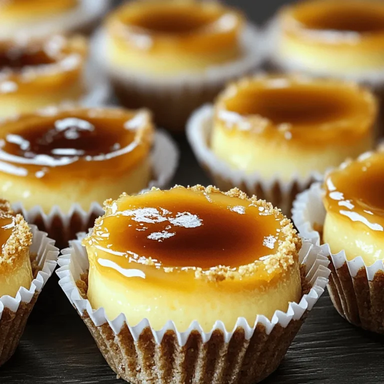 To make these tasty mini cheesecakes, you need the following main ingredients: - 1 cup graham cracker crumbs - 3 tablespoons unsalted butter, melted - 2 tablespoons sugar - 12 oz cream cheese, softened - 1/2 cup sour cream - 1/4 cup granulated sugar - 1 teaspoon vanilla extract - 2 large eggs - 1/4 cup heavy cream - Extra granulated sugar for caramelizing These items come together to create a rich and creamy dessert that everyone will love. If you want to add a twist to your mini crème brûlée cheesecakes, consider these optional ingredients: - Pinch of salt to balance the sweetness - Zest of one lemon or orange for a fresh note - 1/2 teaspoon almond extract for a nutty flavor - A splash of coffee or espresso for depth These additions can elevate your dessert and impress your guests. You may need to make substitutions based on availability or dietary needs. Here are some ideas: - Use digestive biscuits instead of graham crackers for the crust. - Swap sour cream with plain Greek yogurt for a healthier option. - For a dairy-free version, use vegan cream cheese and coconut cream. - If you don’t have heavy cream, you can use full-fat coconut milk. These swaps will help you make this recipe your own while keeping the flavors intact. For full details on how to prepare this dessert, check the Full Recipe. To start, gather your ingredients. You will need graham cracker crumbs, melted butter, and sugar. Mix 1 cup of graham cracker crumbs, 3 tablespoons of melted butter, and 2 tablespoons of sugar in a medium bowl. Stir until the mixture looks wet and sandy. Next, press about 1 tablespoon of this mixture into each cupcake liner. Make sure it’s packed well. Then, bake the crusts at 325°F (160°C) for 8 minutes. Once done, take them out and let them cool. Now, let’s make the filling. In a large bowl, beat 12 ounces of softened cream cheese until smooth. This step is key for a creamy texture. Add 1/2 cup of sour cream, 1/4 cup of granulated sugar, and 1 teaspoon of vanilla extract. Mix until creamy and well combined. Beat in 2 large eggs one at a time. It’s important not to overmix here. Finally, add 1/4 cup of heavy cream and mix just until blended. This will make your cheesecake rich and smooth. Pour the cheesecake batter over the cooled crusts, filling each liner about 3/4 full. Bake them for 20-25 minutes. You want the centers to be set but still have a slight jiggle. Once baked, let them cool at room temperature. After cooling, refrigerate your cheesecakes for at least 4 hours. For the best results, leave them overnight. This helps develop the flavor and texture. You can find the full recipe in the earlier sections. Enjoy these delightful bites! To get a smooth and creamy cheesecake, start with soft cream cheese. I let mine sit out for about 30 minutes before mixing. This helps avoid lumps. When you mix, do not overbeat. Just mix until smooth. Overbeating can add too much air, causing cracks. After baking, let the cheesecakes cool at room temperature. Then, chill them in the fridge for at least four hours. This chilling time improves the texture and flavor. For the perfect crunchy topping, sprinkle sugar evenly on each cheesecake. Use about one teaspoon per cheesecake. A kitchen torch works best for caramelizing. Hold it about six inches away and move in small circles. Watch closely so you don’t burn the sugar. If you don’t have a torch, use your oven’s broiler. Place the cheesecakes on a baking sheet. Broil for just a minute or two, keeping an eye on them. Let the topping cool before serving. These mini cheesecakes are great on their own, but you can enhance them. Serve with fresh berries for a pop of color and flavor. A berry sauce adds a nice touch too. You can also pair them with a scoop of vanilla ice cream. For drinks, try serving with coffee or a sweet dessert wine. This balance brings out the rich flavors of the cheesecake. For the full recipe and to explore more options, check the [Full Recipe]. {{image_2}} You can switch up the flavor of your mini crème brûlée cheesecakes easily. For a chocolate version, add 1/2 cup of melted chocolate to the cream cheese mix. This gives it a rich, smooth taste. You can also use fruit puree for a fruity twist. Try blending in strawberry, raspberry, or mango puree. Just replace some of the sour cream with your chosen fruit for a fun change. These mini cheesecakes work for any event. They are great for birthdays, holidays, or dinner parties. For a festive touch, add seasonal flavors. Use pumpkin spice in the fall or peppermint in winter. You can also decorate them with fresh fruit or chocolate shavings for a special occasion. They look fancy but are easy to make. You can adapt this dessert for dietary needs. To make it gluten-free, use gluten-free graham cracker crumbs. For a vegan option, swap cream cheese with a plant-based cream cheese alternative. Use coconut cream instead of heavy cream and flax eggs instead of regular eggs. These changes keep the flavor while making the dessert fit different diets. You can find the full recipe for these delicious cheesecakes above, making it easy to explore your favorite variations! After you enjoy your Mini Crème Brûlée Cheesecakes, you might have leftovers. Store them in an airtight container. Keep them in the fridge. They last up to 5 days. Make sure to cover the tops well to protect the caramel. This keeps the sugar crunchy and fresh. You can freeze these tasty treats for later. First, let them cool completely. Then, wrap each cheesecake in plastic wrap. Place them in a freezer-safe bag. They will stay good for about 2 months. When you're ready to eat, just take them out and let them thaw in the fridge overnight. If you want to enjoy your cheesecakes warm, here’s how to do it right. First, take them out of the fridge. Let them sit at room temperature for about 30 minutes. This helps them warm up evenly. If you like, you can reheat them in a microwave for about 10-15 seconds. Just be careful not to overheat. This can change the texture. After reheating, always re-caramelize the sugar for that perfect crunch. For the best results, use a kitchen torch or broil them for a short time. Enjoy your Mini Crème Brûlée Cheesecakes again with all their delightful flavor! Mini Crème Brûlée Cheesecakes can last up to five days in the fridge. Store them in an airtight container to keep them fresh. This way, they won’t dry out or soak up other fridge odors. Always check for any changes in texture or smell before enjoying them after a few days. Yes, you can use a different crust. Shortbread cookies or Oreos work well. If you want a gluten-free option, try almond flour mixed with butter. Just make sure the crust is firm enough to hold the cheesecake filling. Each crust type adds its own flavor, making your cheesecakes unique. If you need a substitute for heavy cream, use coconut cream or Greek yogurt. Both add creaminess but change the taste a bit. You can also mix milk with butter to mimic heavy cream. Just keep in mind that these substitutes may alter the final texture slightly. For the best results, choose a substitute that fits your taste and dietary needs. You can find the full recipe to get started on these delightful treats! Making mini crème brûlée cheesecakes is easy and fun. We explored key ingredients, from the crust to optional flavors. I shared step-by-step cooking instructions to ensure you get a perfect result. With tips for texture and caramelizing, you can impress anyone. Experiment with different flavors and dietary needs to suit your taste. Remember to store leftovers correctly for the best flavor. Enjoy sharing these delightful treats! Make them your own and have fun in the kitchen.