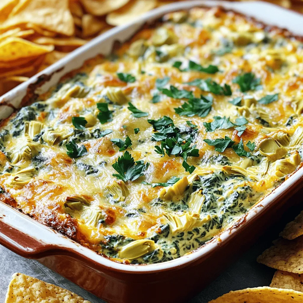 - 1 cup fresh spinach, chopped - 1 cup canned artichoke hearts, drained and chopped - 1 cup cream cheese, softened - ½ cup Greek yogurt - 1 cup shredded mozzarella cheese - ½ cup grated Parmesan cheese These main ingredients form the base of our creamy spinach artichoke dip. Fresh spinach gives a bright green color and a light flavor. Canned artichoke hearts add a soft texture and unique taste. Cream cheese and Greek yogurt create a rich and smooth base. The mozzarella and Parmesan give it a cheesy, savory kick. - 2 cloves garlic, minced - 1 teaspoon lemon juice - Salt and pepper to taste - 1 tablespoon olive oil Now let’s talk about seasonings. Minced garlic brings a warm, aromatic flavor. Lemon juice adds a touch of brightness. Salt and pepper balance the dip, enhancing its taste. Olive oil helps sauté the garlic and spinach, adding richness. - Tortilla chips - Pita bread When it comes to serving, tortilla chips are a classic choice. They add a nice crunch. Pita bread is soft and perfect for scooping. Both options let you enjoy every bite of this delicious dip. For the full recipe, check out the details! 1. Preheat the oven. Start by setting your oven to 350°F (175°C). This helps the dip bake evenly. 2. Sauté garlic and spinach. In a skillet, heat 1 tablespoon of olive oil over medium heat. Add 2 cloves of minced garlic. Sauté for about 1 minute until it smells great. Then, stir in 1 cup of chopped fresh spinach. Cook for 2-3 minutes until the spinach wilts. 3. Combine ingredients. In a large bowl, mix 1 cup of softened cream cheese and ½ cup of Greek yogurt until smooth. Add the sautéed spinach and garlic, 1 cup of drained and chopped canned artichoke hearts, 1 cup of shredded mozzarella cheese, and ½ cup of grated Parmesan cheese. Squeeze in 1 teaspoon of lemon juice. Mix everything well. Season with salt and pepper to taste. 4. Transfer dip to baking dish. Take the mixture and spread it evenly in a baking dish. This helps it bake nicely. 5. Bake duration and temperature. Place the dish in your preheated oven. Bake for about 20-25 minutes. Look for a bubbly and golden top to know it’s done. 6. Cool and garnish. When done, remove the dip from the oven. Let it cool for a few minutes. You can sprinkle some fresh parsley or extra cheese on top for a nice touch. 7. Serving temperature. Serve the dip warm. Pair it with tortilla chips or pita bread for a tasty treat. Enjoy your flavorful party treat! For the full recipe, click here. To ensure a creamy texture, use softened cream cheese. This helps mix easily. Combine it with Greek yogurt for added smoothness. The yogurt adds a slight tang and extra creaminess. Balance flavors with seasonings. Salt and pepper are key. You can also add a pinch of cayenne for warmth. Taste as you mix. Adjust until you are happy with the flavor. Burning garlic can ruin your dip's taste. To avoid this, sauté it on low heat. Stir it often and watch closely. Once it turns golden, add the spinach. For texture, adjust cooking times. You want the spinach wilted but not mushy. Bake until bubbly and golden. This usually takes about 20 to 25 minutes. To elevate your dip for parties, serve it warm in the baking dish. This keeps it inviting. Garnish with fresh parsley or extra cheese for a pop of color. You can arrange tortilla chips or pita bread on the side. This gives guests lots of tasty options for dipping. {{image_2}} You can change the cheese to boost flavor. Try adding different kinds like cheddar or gouda. These cheeses melt well and add a rich taste. For those who prefer a dairy-free option, vegan cheese works great too. Look for brands that melt nicely. Get creative with your dip by adding other veggies. Chopped bell peppers or mushrooms can add extra flavor and texture. You can also spice things up by mixing in jalapeños. They bring a nice heat that pairs well with the creamy base. You don’t need to stick to chips. Breadsticks or fresh veggies like carrots and cucumbers make great dippers. You can even create a fun platter. Add items like olives, cheese cubes, or crackers to complement the dip. This makes your party spread even more exciting. To store your spinach artichoke dip, let it cool first. Place it in an airtight container. This keeps it fresh and tasty. In the fridge, this dip lasts about 3 to 5 days. Check for any signs of spoilage before using it. Yes, you can freeze this dip! Just put it in a freezer-safe container. Make sure to leave some space for expansion. It can stay good frozen for about 2 to 3 months. Thaw it overnight in the fridge before reheating. When reheating, keep the dip creamy. If you use the microwave, do it in short bursts. Stir often to ensure even heating. For the oven, preheat to 350°F. Bake until hot, about 15 minutes. Avoid overcooking, or it may dry out. Enjoy your creamy spinach artichoke dip again! Can I use frozen spinach instead of fresh? Yes, you can use frozen spinach. Just thaw it and drain any extra water. This keeps the dip from being too watery. Use about 1 cup of thawed spinach for the recipe. Is it possible to make this dip in advance? Absolutely! You can prepare the dip a day ahead. Mix all the ingredients and store it in the fridge. When you're ready, just bake it before serving. What can I substitute for cream cheese? You can use ricotta cheese or cottage cheese instead. Both will give a nice creamy texture. For a vegan option, try cashew cream or silken tofu blended until smooth. How to make this dip healthier? To make it healthier, swap cream cheese for Greek yogurt. You can also reduce the cheese or use low-fat versions. Add more spinach to boost the nutrients. What pairs well with spinach artichoke dip? This dip goes great with tortilla chips and pita bread. You can also serve it with fresh veggies, like carrots and celery, for a crunchy contrast. Is it gluten-free? Yes, spinach artichoke dip is gluten-free if you use gluten-free tortilla chips. Always check the labels on your chips to be sure. Enjoy your dip without worry! This blog post covered how to make a tasty spinach artichoke dip. We explored key ingredients, easy preparation, and baking tips. I shared variations to enhance flavor and presentation ideas for your gatherings. Remember, this dip can be customized and stored easily. Enjoy crafting this creamy delight for your next event. You'll impress everyone with your tasty creation!
