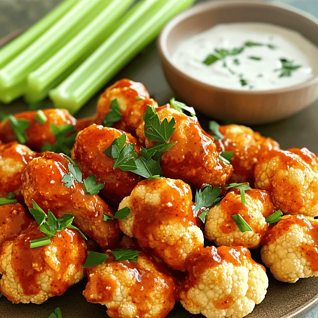To make these tasty wings, you need: - 1 large head of cauliflower, cut into bite-sized florets - 1 cup all-purpose flour (or chickpea flour for gluten-free) - 1 cup plant-based milk (like almond or soy) - 1 teaspoon garlic powder - 1 teaspoon onion powder - 1 teaspoon smoked paprika - Salt and pepper, to taste - 1 cup buffalo sauce (vegan-friendly) - 2 tablespoons olive oil - Fresh parsley, chopped (for garnish) - Celery sticks (for serving) - Vegan ranch or blue cheese dressing (for dipping) These main ingredients give a great base for flavor and texture. The cauliflower provides a perfect canvas. The flour and plant-based milk create a nice batter that sticks. The spices add depth and heat. You can add more fun flavors with these options: - 1 teaspoon cayenne pepper for extra heat - 1 tablespoon nutritional yeast for a cheesy flavor - 1 tablespoon lemon juice for brightness - Fresh herbs like thyme or oregano for added freshness These additions can elevate your wings. They let you customize based on your taste. Feel free to experiment and find your perfect blend. Pair your wings with these tasty sauces: - Vegan ranch dressing - Vegan blue cheese dressing - Sriracha for a spicy kick - Honey mustard for a sweet touch These dips work great with the wings. Each dip adds a different layer of flavor. You can mix and match to find your favorites. Check out the Full Recipe for more details on making these delicious vegan cauliflower buffalo wings! Start by preheating your oven to 450°F (230°C). This high heat gives the wings a great crunch. While the oven heats, take a large head of cauliflower. Cut it into bite-sized florets. Aim for even sizes so they cook the same. Place the florets in a bowl and set them aside. In a mixing bowl, combine 1 cup of all-purpose flour and 1 cup of plant-based milk. You can use almond or soy milk, whatever you prefer. Add in 1 teaspoon each of garlic powder, onion powder, and smoked paprika. Season with salt and pepper to taste. Mix until you have a smooth batter. Dip each cauliflower floret into the batter. Make sure each piece is well coated. This helps the flavors stick. Once coated, place the florets on a lined baking sheet. Bake the cauliflower in your preheated oven for 20-25 minutes. Flip them halfway through to ensure they brown evenly. The wings should turn golden and crispy. After baking, mix 1 cup of buffalo sauce with 2 tablespoons of olive oil in another bowl. Toss the baked cauliflower wings in this mix, making sure they are evenly coated. Return the wings to the oven for an extra 10-15 minutes. This step caramelizes them and adds depth to the flavor. Finally, take them out and sprinkle with fresh chopped parsley for a nice touch. Serve these hot with celery sticks and your favorite vegan ranch or blue cheese dressing for dipping. This is how you create delicious Vegan Cauliflower Buffalo Wings. For the full recipe, check out the instructions above. To get your cauliflower wings crispy, follow a few simple tips. First, make sure your oven is hot. Preheat it to 450°F (230°C). Use a parchment-lined baking sheet for easy cleanup. Space the florets apart. This helps them crisp instead of steam. Flip the wings halfway through baking. This ensures even browning. For an extra crunch, bake them a little longer. Just watch them closely! If you own an air fryer, you can make these wings even faster. Preheat your air fryer to 400°F (200°C). Place the coated florets in a single layer. Cook for about 15-20 minutes. Shake the basket halfway through. If you prefer frying, heat oil in a pan. Fry the wings until golden brown. This method adds a great flavor, but it’s a bit messier. To elevate the taste of your cauliflower wings, experiment with different seasonings. Try adding smoked paprika for a deep flavor. A pinch of cayenne pepper can bring heat. You can also mix in some nutritional yeast for a cheesy taste. For a zesty kick, add lemon zest or a splash of lime juice. Feel free to get creative with spices and find your favorite mix. For the full recipe, take a look at the Vegan Cauliflower Buffalo Wings recipe. {{image_2}} You can switch up the flavor of your wings with different sauces. Try barbecue sauce for a sweet twist. A tangy teriyaki sauce works well too. You can even use a spicy sriracha sauce for heat. For a creamy option, ranch dressing or a vegan aioli can add richness. Mix and match sauces to find your favorite! To make these wings gluten-free, use chickpea flour instead of all-purpose flour. This flour adds protein and flavor. For a nut-free option, choose soy or oat milk. Be sure to check your sauces too. Some brands have gluten or nuts. Always read labels to keep it safe. These wings fit many diets. If you want them oil-free, bake without olive oil. You can also add spices like cumin or chili powder for extra flavor. For a spicy kick, toss them in hot sauce after baking. These wings please everyone, whether you are vegan or just looking for healthy snacks. To keep your leftover vegan cauliflower buffalo wings fresh, place them in an airtight container. This helps avoid drying out. If you have sauce left over, store it separately. It keeps the wings crispy. When reheating, the oven is your best friend. Preheat it to 375°F (190°C). Place the wings on a baking sheet. Bake them for about 10-15 minutes. This method helps them regain their crunch. You can also use an air fryer. Just heat them for about 5-7 minutes at 350°F (175°C). You can freeze your wings for later use. First, let them cool completely. Then, place them in a freezer-safe bag. Remove as much air as possible. They can last up to three months in the freezer. When ready to eat, thaw them overnight in the fridge. Reheat as mentioned above for the best results. For the complete recipe, check out the Full Recipe. To make the batter gluten-free, use chickpea flour instead of all-purpose flour. Chickpea flour gives a nice flavor and crunch. Mix it with plant-based milk, garlic powder, onion powder, and smoked paprika. This will keep the wings light and crispy while being gluten-free. Yes, you can bake the wings! In fact, baking is a healthier option. Preheat your oven to 450°F (230°C). Coat the cauliflower in batter and place it on a baking sheet. Bake for 20-25 minutes, flipping halfway. Then, toss with buffalo sauce and bake again for about 10-15 minutes. Serve your wings with crunchy celery sticks and a side of vegan ranch or blue cheese dressing. You can also add carrot sticks for a fresh crunch. A simple salad or some sweet potato fries would pair well too. They all balance the flavor and heat of the wings. These wings can be quite spicy, depending on the buffalo sauce you use. Most store-bought sauces have a kick, but you can control the heat. For milder wings, choose a less spicy buffalo sauce or mix it with a bit of plant-based yogurt. If you want an alternative to buffalo sauce, try barbecue sauce or teriyaki sauce. You can mix hot sauce with maple syrup for a sweet and spicy twist. Experiment with different flavors to find what you enjoy best. Each sauce will give the wings a unique taste. For the full recipe, check out the detailed steps to make your Vegan Cauliflower Buffalo Wings! You learned how to make delicious vegan cauliflower buffalo wings. We covered key ingredients, easy steps, and useful tips. Remember, achieving the perfect crunch is key. You can try different sauces to find what you love. Store leftovers properly to keep them tasty. Experiment with alternative cooking methods for fun meals. Enjoy your cooking journey and impress your friends with your vegan skills!