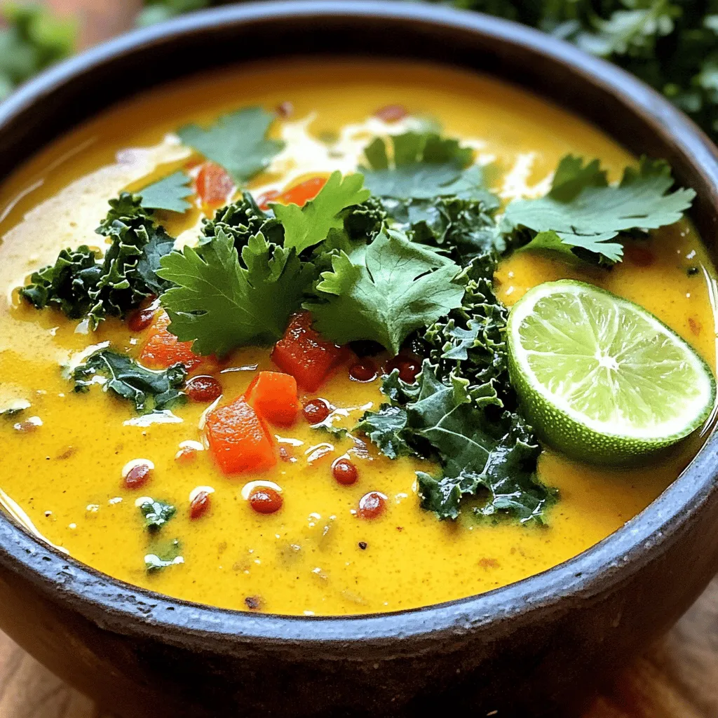 - 1 cup red lentils, rinsed - 1 can (14 oz) coconut milk - 4 cups vegetable broth - 1 medium onion, chopped - 2 cloves garlic, minced - 1 tablespoon fresh ginger, grated - 1 tablespoon curry powder - 1 teaspoon turmeric powder - 1 teaspoon cumin powder - 1 red bell pepper, diced - 1 cup chopped kale or spinach - 2 tablespoons olive oil - Salt and black pepper to taste - Fresh cilantro for garnish - Juice of 1 lime When you gather these ingredients, you set the stage for a warm and cozy dish. Red lentils bring protein and fiber, making this soup filling. Coconut milk adds a creamy texture and a touch of sweetness. Using vegetable broth boosts the flavor without meat. Onions, garlic, and ginger create a rich base. The spices—curry, turmeric, and cumin—bring warmth and depth. Fresh greens like kale or spinach add color and nutrients, while the lime juice brightens every bite. I love how these ingredients come together to create a soup that is not just tasty but also healthy. You can find the full recipe for Coconut Curry Lentil Soup above, which guides you in crafting this dish step by step. - Step 1: Heat 2 tablespoons of olive oil in a large pot over medium heat. - Step 2: Add 1 medium chopped onion and sauté for about 5 minutes until it turns soft. - Step 3: Stir in 2 minced garlic cloves and 1 tablespoon of grated ginger. Cook for another 1-2 minutes until you smell the aroma. Then, sprinkle in 1 tablespoon of curry powder, 1 teaspoon of turmeric, and 1 teaspoon of cumin. Mix well for 1 minute. - Step 4: Toss in 1 diced red bell pepper along with 1 cup of rinsed red lentils. Stir until everything mixes well. - Step 5: Pour in 4 cups of vegetable broth and 1 can of coconut milk. Stir again to combine all the flavors. - Step 6: Bring the pot to a gentle simmer. Cover it and cook for 20-25 minutes until the lentils become tender. - Step 7: Once the lentils are soft, add 1 cup of chopped kale or spinach. Stir until the greens wilt, which takes about 2-3 minutes. - Step 8: Just before serving, add the juice of 1 lime. This gives a fresh kick to the dish. - Step 9: Ladle the soup into bowls and top with fresh cilantro for a beautiful touch. Enjoy your warm, nourishing Coconut Curry Lentil Soup! For the complete recipe, check out the [Full Recipe]. - How to prevent lentils from overcooking: To keep lentils firm, watch the cooking time. Red lentils cook fast, about 20-25 minutes. Check them often. If they start to break down, take them off the heat. - Best methods for sautéing vegetables: Use a large pot and heat oil on medium. Add onions first. Sauté until they turn soft and clear. Then toss in garlic and ginger. Stir for just a minute to keep them fresh and fragrant. - Suggested spices for extra flavor: Besides curry powder, you can add a pinch of cayenne for heat. Try adding garam masala or coriander for more depth. Fresh herbs like basil or mint can brighten the soup. - Add-ins for protein or heartiness: For more protein, mix in cooked chicken, shrimp, or chickpeas. If you want a heartier soup, add diced sweet potatoes or carrots. These will cook well and add sweetness. - How to serve and garnish the soup: Serve the soup hot in bowls. Garnish with fresh cilantro and a squeeze of lime. A swirl of coconut cream on top looks nice too. - Pairing suggestions with sides: This soup works well with crusty bread or rice. A simple green salad can also add freshness to the meal. Enjoy it with a side of naan for an extra treat. Find the full recipe for Coconut Curry Lentil Soup to make this delightful dish! {{image_2}} You can switch greens or veggies in this soup. Instead of kale, try spinach or Swiss chard. If you want more crunch, add diced carrots or zucchini. For a fun twist, use butternut squash or sweet potatoes. If you need a substitute for coconut milk, consider almond or cashew milk. Use a bit of coconut cream for a richer taste, or blend silken tofu for creaminess. These swaps keep the soup tasty and creamy. This soup works well for both vegans and vegetarians. If you want it vegan, use vegetable broth and coconut milk. For vegetarians, you can add dairy, like yogurt, for creaminess. If you need gluten-free options, this recipe is naturally gluten-free. Just ensure that your vegetable broth is also gluten-free. There are plenty of tasty options available at stores. Want to add heat? Toss in chopped chilies or jalapeños. Start with a small amount, then taste as you go. This way, you control the spice level just right for you. You can also choose how creamy or chunky you want your soup. For a creamier texture, blend part of the soup before adding greens. If you like it chunky, leave it as is and add more veggies. Adjust the recipe to fit your taste! You can find the full recipe for Coconut Curry Lentil Soup [here](#). Store leftover soup in the fridge. Use an airtight container to keep it fresh. Make sure the soup cools down before sealing it. This keeps the flavor and texture intact. You can freeze the soup for later. For best results, let it cool completely. Use freezer-safe containers or bags. Leave space at the top of the container for expansion. To thaw, place it in the fridge overnight. Reheat on the stove over medium heat. Stir often to heat evenly. Coconut Curry Lentil Soup lasts about 4 to 5 days in the fridge. Look for signs of spoilage. If the soup smells off or has a strange color, throw it out. Always trust your senses when it comes to food safety. Can I make Coconut Curry Lentil Soup in a slow cooker? Yes, you can! Start by sautéing the onion, garlic, and ginger in a pan. Then, add them to the slow cooker. Toss in the rest of the ingredients, cover, and cook on low for 6-8 hours. This method gives the flavors time to blend well. Is this recipe suitable for meal prep? Absolutely! This soup stores well. You can make a big batch and keep it in the fridge for up to five days. Just store it in airtight containers for easy grab-and-go lunches. What is the best type of lentils to use? Red lentils work best for this soup. They cook quickly and break down to create a creamy texture. You can also use green or brown lentils, but they take longer to cook and won't be as smooth. What to do if the soup is too thick or thin? If your soup is too thick, add more vegetable broth or water until you reach the desired consistency. If it’s too thin, let it simmer uncovered for a few extra minutes. This will help it thicken. How to adjust flavors if too spicy? If your soup is too spicy, add a bit more coconut milk or a spoonful of sugar. This will cool down the heat and balance the flavors nicely. What to serve with Coconut Curry Lentil Soup? This soup pairs well with warm naan bread or rice. You can also serve it with a simple salad for a fresh touch. Best toppings to elevate the dish Try adding fresh cilantro, a squeeze of lime, or sliced avocado on top. A dollop of yogurt can add creaminess too. These toppings bring extra flavor and texture to your bowl. This blog post showed you how to make Coconut Curry Lentil Soup from scratch. We covered the essential ingredients, easy steps, and helpful tips for flavor and presentation. You saw variations to suit different diets and learned how to store leftovers to keep them fresh. Enjoy your soup and impress others with your cooking skills! Now, share it with friends and family for smiles around the table.