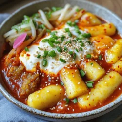 To make Cheese Tteokbokki, you need some key ingredients. Here’s a list: - 300g Korean rice cakes (tteok) - 1 cup fish cakes, sliced - 2 tablespoons gochujang (Korean chili paste) - 1 tablespoon gochugaru (Korean chili flakes) - 1 tablespoon soy sauce - 1 tablespoon sugar - 3 cups water or anchovy broth - 1 tablespoon sesame oil - 1 cup mozzarella cheese, shredded - 2 green onions, chopped - 1 tablespoon sesame seeds, for garnish These ingredients create the perfect balance of sweet, spicy, and cheesy flavors. The rice cakes give a chewy texture, while the fish cakes add depth. You can add a few optional ingredients to boost the taste. Here are some ideas: - 1 tablespoon minced garlic for a savory punch - 1 tablespoon of gochujang sauce for extra heat - Chopped veggies like cabbage or carrots for more texture Feel free to mix and match based on your taste! These ingredients can bring your dish to the next level and add more color. For a beautiful finish, consider these suggested toppings: - Additional shredded mozzarella cheese for extra gooeyness - Chopped green onions for freshness - Sesame seeds for a nice crunch Presentation matters! Serve your Cheese Tteokbokki in a shallow bowl or sizzling hot stone dish. It makes the dish look appealing and inviting. You can also add a side of pickled radish for a refreshing contrast. Enjoy your meal! For the full recipe, check the details on the Cheese Tteokbokki Delight! To start, soak the rice cakes in warm water for about 30 minutes. This helps them soften. If you use fresh rice cakes, you can skip this step. Next, slice your fish cakes into bite-sized pieces. This makes them easy to mix with the other ingredients. In a large pan, mix water or anchovy broth with gochujang, gochugaru, soy sauce, and sugar. Stir this well. This creates a thick, spicy sauce. Bring this mixture to a gentle boil over medium heat. The sauce will bubble and smell amazing! Once the sauce is boiling, add the soaked rice cakes and fish cakes. Mix gently to coat all the pieces with sauce. Lower the heat and let it simmer for 10-15 minutes. Stir occasionally. The rice cakes should become chewy and tender. When the cooking is done, drizzle sesame oil over the dish and stir again. Now, sprinkle shredded mozzarella cheese on top. Cover the pan with a lid for 2-3 minutes. This melts the cheese nicely. Finally, remove the lid and garnish with chopped green onions and sesame seeds. This adds flavor and looks great! For the full recipe, check the previous section. Enjoy your cheesy tteokbokki while it’s hot! To get that perfect cheesy stretch, use fresh mozzarella. Shred it yourself for better melting. You can also mix in some cheddar for added flavor. Keep the heat low when you melt the cheese. This helps it melt slowly and evenly. Always cover the pan for a few minutes after adding the cheese. This traps steam and helps it melt perfectly. One common mistake is overcooking the rice cakes. They should be chewy, not mushy. Make sure to soak hard rice cakes properly before cooking. Another mistake is adding too much sauce. Start small and add more if needed. This way, your tteokbokki won’t drown in sauce. Lastly, don’t skip the sesame oil. It adds a nice nutty flavor. Serve your Cheese Tteokbokki in a shallow bowl. This shows off the gooey cheese. You can also use a sizzling hot stone dish for a fun twist. Pair it with pickled radish for a crunchy contrast. A side of kimchi can add a spicy kick. Enjoy it hot for the best experience. For more details, check out the Full Recipe. {{image_2}} If you love heat, this spicy version is for you. Start with the same base recipe, but add more gochujang and gochugaru. You can also toss in sliced jalapeños for extra kick. This will make your Cheese Tteokbokki really pop with flavor. The spice balances the creamy cheese perfectly. For those who prefer less heat, you can easily tone it down. Use less gochujang and gochugaru. Instead, add a splash of sweet soy sauce for depth. You can also mix in a bit of honey. This will keep the dish tasty without the spice. It’s a great option for kids or anyone avoiding spice. Want a vegetarian take? Swap out the fish cakes for tofu or mushrooms. They soak up the sauce well and add a nice texture. You can also add seasonal veggies like bell peppers or zucchini. These options keep the dish light and fresh. It’s a fun way to enjoy Cheese Tteokbokki while staying plant-based. For the full recipe, check out Cheese Tteokbokki Delight! To keep your cheese tteokbokki fresh, let it cool down first. Place it in an airtight container. Seal it tightly to prevent air from ruining the flavor. You can store it in the fridge for up to three days. If you follow this method, your dish stays tasty and ready for later. When reheating, I suggest using a pan. Add a splash of water to help steam the dish. Heat over low to medium heat, stirring gently. This way, the cheese melts back into its creamy goodness. Avoid using a microwave if possible, as it may dry out the rice cakes. If you want to save your dish for a longer time, freezing is a great option. First, let the tteokbokki cool completely. Then, portion it into freezer-safe bags or containers. Remove as much air as you can before sealing them. You can store it in the freezer for up to a month. When you’re ready to eat, thaw it in the fridge overnight before reheating. This keeps the flavors intact and makes for a quick meal. For the full recipe, check out Cheese Tteokbokki Delight. For Tteokbokki, use cylindrical rice cakes called "tteok." They are chewy and perfect for this dish. Look for fresh tteok at Asian markets or online. Dried or frozen tteok works too. Just soak them in warm water before cooking to soften. Yes, you can skip fish cakes if you want. The dish will still taste great with just rice cakes and cheese. You can add vegetables like cabbage or mushrooms for more flavor. This makes the meal lighter and suitable for vegetarians. Check out local Korean restaurants or food trucks. They often have delicious Cheese Tteokbokki on their menu. Look for places with good reviews online. You can also search for food blogs that recommend restaurants near you. If you're feeling adventurous, try making your own using the full recipe! Cheese Tteokbokki is a tasty dish with a mix of flavors and textures. We covered key ingredients, from rice cakes to delicious sauces. I shared tips for perfecting the cheese and avoiding common mistakes. You can also explore variations, like spicy or vegetarian options. Storing and reheating leftovers ensures you can enjoy it again. Embrace the fun of making Cheese Tteokbokki. With practice, you'll master this dish and impress your friends!