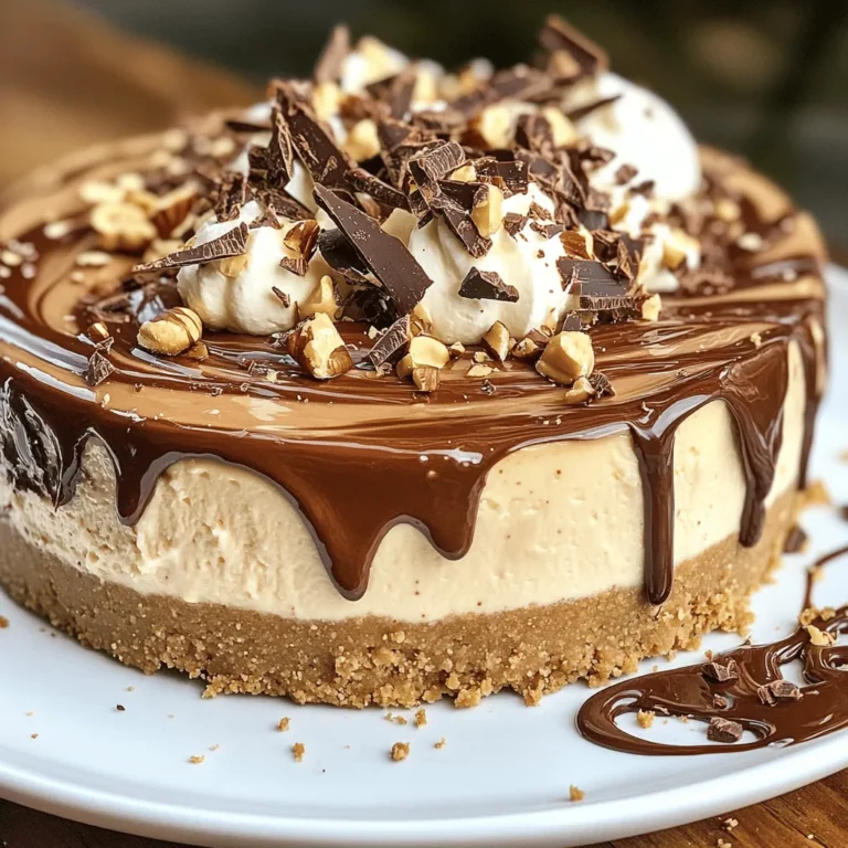 - 1 ½ cups digestive biscuits, crushed - ½ cup unsalted butter, melted - 16 oz cream cheese, softened - 1 cup Nutella - 1 cup powdered sugar - 1 teaspoon vanilla extract - 1 cup heavy whipping cream - Chocolate shavings and crushed hazelnuts for garnish To create a no-bake Nutella cheesecake, you'll need a few simple ingredients. The base consists of crushed digestive biscuits mixed with melted unsalted butter. This mixture forms a crunchy crust to hold the creamy filling. For the filling, you will use softened cream cheese and rich Nutella. The combination makes this cheesecake smooth and indulgent. Powdered sugar adds sweetness, while vanilla extract enhances flavor. Finally, heavy whipping cream gives the filling a fluffy texture. You can also add optional garnishes. Chocolate shavings or crushed hazelnuts make lovely toppings. They add a bit of crunch and a touch of elegance. With these ingredients, you are ready to make a delicious dessert. You can find the full recipe above to guide you through the process. - Combine 1 ½ cups of crushed digestive biscuits with ½ cup of melted unsalted butter. - Mix until the crumbs are well-coated. - Pack this mixture tightly into the bottom of a 9-inch springform pan. - Use a flat-bottomed glass to ensure it's even. - Chill the crust in the refrigerator for about 15-20 minutes to firm it up. - In a large bowl, beat 16 oz of softened cream cheese until smooth. - Gradually add 1 cup of Nutella, 1 cup of powdered sugar, and 1 teaspoon of vanilla extract. - Mix until the filling is well combined and smooth. - In another bowl, whip 1 cup of heavy cream until stiff peaks form. - Carefully fold the whipped cream into the Nutella mixture in two parts. - Make sure not to deflate the whipped cream for a light texture. - Pour the Nutella cheesecake filling over the chilled crust. - Use a spatula to smooth the top. - Cover the cheesecake with plastic wrap and refrigerate for at least 4 hours, or overnight for the best results. - When ready to serve, remove the cheesecake from the springform pan. - Garnish with chocolate shavings and crushed hazelnuts for a beautiful finish. For a detailed overview, check the Full Recipe. - Overmixing the filling: When you mix too much, the filling can become dense. Mix just until smooth. - Not chilling long enough: Chilling is key for a firm cheesecake. Always let it rest for at least four hours. - Drizzling with Nutella: A simple drizzle of Nutella on top adds flair. Use a spoon for a nice touch. - Using different garnishes: Try chocolate shavings or crushed hazelnuts for added texture. Fresh berries also look great. - Springform pan: This pan allows easy removal of the cheesecake. It helps keep the shape intact. - Electric mixer: A strong mixer helps beat the cream cheese smoothly. It makes mixing quick and easy. For the full recipe and more details, check out the Full Recipe. {{image_2}} You can take your no-bake Nutella cheesecake to new heights with just a few tweaks. One way to enhance the flavor is by adding espresso. This gives your cheesecake a rich mocha taste that pairs perfectly with the Nutella. Just mix in a tablespoon of espresso powder when you combine the Nutella with the cream cheese. You can also play around with different types of chocolate. Dark chocolate adds depth, while white chocolate can give a sweet twist. You can melt the chocolate and swirl it into the filling, or sprinkle chocolate chips on top for added texture. If you have dietary needs, you can still enjoy this cheesecake. For a gluten-free option, swap the digestive biscuits for gluten-free cookies or almond flour. This keeps the crust delicious while accommodating your needs. For those who need dairy-free options, you can use vegan cream cheese. Brands like Tofutti or Kite Hill work well. Just make sure to check the packaging for the right consistency. This cheesecake is a showstopper on its own, but pairing it with fresh fruits can elevate it even more. Slices of strawberries or raspberries add a fresh burst of flavor. You could also serve it with a drizzle of chocolate or caramel sauce for extra indulgence. This dessert shines at gatherings or special occasions. Birthdays, holidays, or dinner parties are perfect times to serve it. Each slice will impress your guests and leave them craving more. For the best experience, serve it chilled and garnish it with chocolate shavings and crushed hazelnuts. For the full recipe, click here: [Full Recipe]. To keep your no-bake Nutella cheesecake fresh, start by refrigerating any leftovers. Place slices in an airtight container. This method helps the cheesecake stay creamy and tasty. You can also cover it with plastic wrap if you prefer. For longer storage, freezing is a great option. Wrap the cheesecake tightly in plastic wrap. Then, put it in a freezer-safe container. This keeps it safe from freezer burn. In the fridge, your cheesecake will last about 5 days. This gives you time to enjoy it after the first slice. Check for signs of spoilage. If it looks dry, has an off smell, or shows mold, it’s time to toss it. Always trust your senses. If you freeze the cheesecake, thaw it slowly. The best method is to place it in the fridge overnight. This allows it to soften gently without losing texture. Avoid using a microwave, as it can ruin the creamy filling. Enjoy each slice cold for the best taste! Yes, you can make this cheesecake a day or two before you serve it. This helps the flavors blend well. Just make sure to cover it tightly with plastic wrap. Chill it in the fridge until you're ready to serve. This way, you can enjoy the treat without rushing on the day of your event. To remove the cheesecake easily, first, run a knife around the edge of the pan. This helps loosen the cheesecake. Then, gently release the springform clasp to free the sides. If the cheesecake sticks to the bottom, use a spatula to slide it off. Place it on a serving plate for a stunning presentation. Absolutely! You can swap Nutella for any chocolate or hazelnut spread you like. If you're feeling adventurous, try using peanut butter or almond butter. Even cookie spreads can add a fun twist. Just keep in mind that each spread will change the flavor a bit. If you want a less sweet cheesecake, reduce the powdered sugar by a little. You can also use sugar substitutes like stevia or monk fruit if you're watching sugar intake. Just remember to taste as you mix, so you find the perfect balance for your sweet tooth. For the full recipe, check out the [Full Recipe]. This post covered how to make a delicious Nutella cheesecake. We examined the key ingredients, like digestive biscuits and cream cheese. I shared step-by-step instructions for the crust, filling, and assembly. I also included tips to avoid common mistakes and suggested fun variations. Remember to store your cheesecake properly to keep it fresh. Making this treat is easy and rewarding. I hope you enjoy creating this dessert as much as I do!