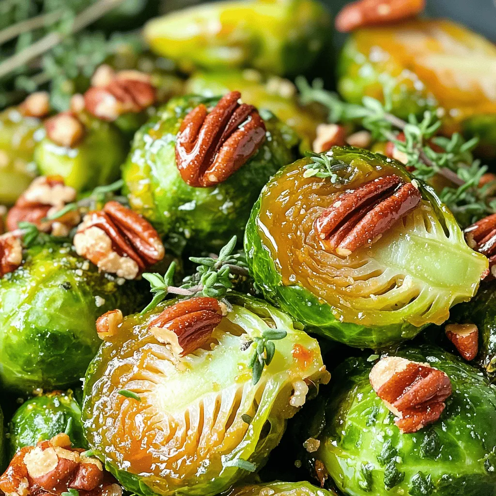 - 1 lb Brussels sprouts, trimmed and halved - 3 tablespoons olive oil - 1/4 cup pure maple syrup - 1 tablespoon balsamic vinegar - 1/2 teaspoon garlic powder - Salt and black pepper to taste - 1/4 cup pecans, roughly chopped (optional) - Fresh thyme for garnish To make great maple glazed Brussels sprouts, start by selecting the best sprouts. Look for bright green, firm sprouts with no yellow leaves. Smaller Brussels sprouts usually taste sweeter. Bigger ones can be bitter. Using pure maple syrup is key. It brings a rich, natural sweetness. Avoid imitation syrup, as it lacks flavor and quality. Pure maple syrup pairs perfectly with the savory notes of the sprouts. This balance makes your dish shine. For a complete guide, you can check out the Full Recipe. 1. Preheat the oven: Start by preheating your oven to 400°F (200°C). This high heat helps create that lovely caramelization. 2. Prepare the Brussels sprouts: Trim the ends of the Brussels sprouts and cut them in half. This makes them cook evenly and allows the glaze to stick. 1. Tossing and coating the sprouts: In a large bowl, mix the halved Brussels sprouts with olive oil, maple syrup, balsamic vinegar, garlic powder, salt, and black pepper. Toss well until every sprout gets a nice coat of glaze. 2. Spreading and arranging on a baking sheet: Line a baking sheet with parchment paper. Spread the coated Brussels sprouts in a single layer. Make sure they have space to roast properly. 1. Timing and temperature for perfect roasting: Roast the Brussels sprouts in the preheated oven for 20-25 minutes. They should be tender and have a nice golden edge. 2. Stirring for even caramelization: Halfway through roasting, give the sprouts a good stir. This ensures that all sides get that tasty caramelization. These steps will lead you to a delicious dish that shines on any table. For more details, check the Full Recipe. To make your maple glazed Brussels sprouts shine, balance the sweet and savory. The pure maple syrup adds sweetness, while the balsamic vinegar brings in a tangy kick. This mix makes each bite exciting. Use quality balsamic vinegar for the best taste. A little goes a long way in enhancing flavor. Soggy Brussels sprouts can ruin the dish. To avoid this, do not overcrowd the baking sheet. Spread them out in a single layer. This allows hot air to circulate and promotes even cooking. Stir them halfway through roasting to ensure they cook evenly. You want them crisp and caramelized. Garnishing can elevate your dish. Fresh thyme adds a pop of color and flavor. Just sprinkle it on right before serving. For a crunchy texture, toss in some pecans. They add a nice contrast to the soft Brussels sprouts. Serve them warm alongside your favorite proteins for a complete meal. {{image_2}} You can easily substitute ingredients in this recipe. If you run out of maple syrup, try using honey or agave syrup. Both add sweetness and flavor. You can also switch nuts. Pecans give a nice crunch, but walnuts or almonds work too. This dish can fit many diets. To make it vegan, ensure you use plant-based maple syrup. All the other ingredients are already vegan. For gluten-free options, check the balsamic vinegar. Most brands are gluten-free, but it's good to read labels. Feel free to mix in other seasonal veggies. Carrots, sweet potatoes, or squash add color and taste. You can spice things up for holidays. Adding cinnamon or nutmeg brings warmth for winter dishes. Experimenting with flavors makes this dish fun and unique! To keep your maple glazed Brussels sprouts fresh, store them in the fridge. Place them in an airtight container. This helps prevent moisture loss and keeps them tasty. If you want, you can also line the container with a paper towel to absorb extra moisture. Use glass or plastic containers with tight-fitting lids. These containers help maintain the flavor and texture of your sprouts. Make sure they are clean and dry before adding the sprouts. To enjoy your Brussels sprouts again, reheat them properly. The best way to keep their taste and texture is in the oven. Preheat your oven to 350°F (175°C). Spread the sprouts on a baking sheet and heat for about 10 to 15 minutes. If you’re short on time, you can use the microwave. Place the sprouts in a microwave-safe bowl and cover with a plate. Heat in short bursts of 30 seconds. Stir in between to heat evenly. However, know that the oven keeps them crispier than the microwave. Yes, you can freeze maple glazed Brussels sprouts. But they taste best when fresh. If you want to freeze them, let them cool first. Place the cooled sprouts in a freezer-safe bag. Squeeze out the air before sealing. For thawing, move the sprouts to the fridge overnight. Reheat in the oven or microwave as described earlier. Enjoy them later with great flavor! To make this dish, start by preheating your oven to 400°F (200°C). In a bowl, mix halved Brussels sprouts with olive oil, maple syrup, balsamic vinegar, garlic powder, salt, and pepper. Toss well to coat the sprouts. Spread them on a baking sheet in a single layer. Roast for 20-25 minutes and stir halfway through. This helps them cook evenly. If you want a crunchy bite, add pecans in the last 5 minutes. Once done, garnish with thyme. Maple glazed Brussels sprouts pair well with many meals. They shine alongside roasted chicken or turkey. Serve them with pork chops for a tasty contrast. They also work great with quinoa or rice for a vegetarian option. Add a fresh salad on the side for balance. The sweet and savory flavors fit into many dishes. Yes, you can prep these sprouts ahead of time. Trim and halve them, then toss with the olive oil and seasonings. Store them in a sealed container in the fridge for up to a day. When you're ready to cook, spread them on a baking sheet and roast. This makes busy nights easier and keeps flavors fresh. One serving of maple glazed Brussels sprouts contains about 150 calories. They offer fiber and vitamins C and K. The healthy fats from olive oil help with nutrient absorption. Adding pecans boosts protein and healthy fats too. This dish is both tasty and good for you. You can find the complete Maple Glazed Brussels Sprouts recipe [Full Recipe]. In this article, I shared a simple way to make maple glazed Brussels sprouts. You learned about fresh ingredients and cooking steps, from prep to serving. I also covered tips for flavor, storage, and variations, ensuring your dish shines. The right balance of sweet and savory elevates this recipe. Remember, using fresh ingredients makes a big difference. Try these tips to enjoy a delicious side dish. With practice, you'll impress everyone at the table. Enjoy your cooking journey and have fun experimenting!