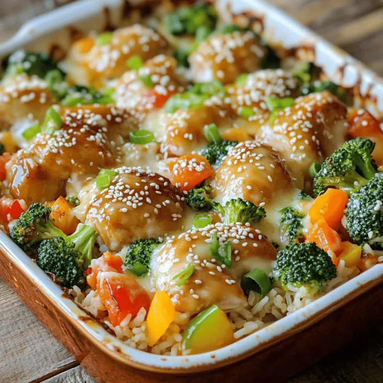 - 2 cups cooked white rice - 1 pound boneless skinless chicken thighs, diced - 1 cup broccoli florets - 1 cup bell peppers, sliced - 1 cup shredded carrots - 1 cup low-sodium teriyaki sauce - 1 cup shredded mozzarella cheese - 2 green onions, chopped - 1 tablespoon sesame seeds - Salt and pepper to taste - 1 tablespoon olive oil When I create this teriyaki chicken casserole, I love how these ingredients come together. Each one adds flavor and texture. The rice serves as a hearty base. The chicken thighs bring a juicy, rich taste. Broccoli and bell peppers add crunch and color. Carrots give sweetness, while the teriyaki sauce ties it all together with a savory glaze. For a twist, you can use chicken breast instead of thighs. You might also try tofu for a vegetarian option. If you want to switch up the veggies, snap peas or zucchini work great too. These swaps keep the recipe exciting while still being simple. Fresh vegetables shine in this dish. They enhance flavor and texture. However, frozen veggies can save time and still taste good. Just make sure to use low-sodium teriyaki sauce. This helps control salt levels in your meal. A well-balanced dish is all about good choices. - Preheat oven to 375°F (190°C). - Prepare and measure all ingredients. - In a large skillet, heat olive oil over medium heat. - Add diced chicken, season with salt and pepper. - Sauté chicken for about 5-7 minutes until browned. - Stir in broccoli, bell peppers, and carrots. - Cook the vegetables for 3-4 minutes until slightly tender. - Pour in low-sodium teriyaki sauce and mix well. - Let it simmer for 2-3 minutes to blend flavors. - In a large bowl, combine cooked rice with the chicken and vegetable mix. - Stir in half of the shredded mozzarella cheese and half of the green onions. - Transfer the mixture to a greased 9x13 inch casserole dish. - Sprinkle the remaining mozzarella on top for extra cheesy goodness. - Cover with aluminum foil and bake for 25 minutes. - After 25 minutes, remove the foil and bake for another 10-15 minutes. - Look for bubbly and golden cheese as a sign it’s ready. - Let it sit for a few minutes before serving. - Garnish with remaining green onions and sprinkle sesame seeds on top. This Teriyaki Chicken Casserole is a great dish to serve for busy weeknights. You can find the full recipe [here](#). To cook chicken evenly, start with smaller pieces. Diced chicken cooks faster and more evenly. Use medium heat to avoid burning. Sauté until golden brown, about 5-7 minutes. This locks in flavor and keeps it juicy. For perfect vegetable tenderness, add your veggies based on their cooking time. Broccoli and bell peppers take longer than shredded carrots. Cook broccoli and peppers first. Add carrots in the last few minutes of cooking. This way, they stay crisp and colorful. Serve your casserole hot, right from the oven. It tastes best when warm and cheesy. For extra fun, offer chopsticks alongside forks. This adds a playful touch to your meal. Pair your casserole with simple sides. Steamed rice or a fresh salad complements it well. You can also serve it with pickled vegetables for a tangy crunch. To prepare in advance, cook the chicken and chop the veggies a day ahead. Store them in the fridge until you're ready to mix. This saves time on busy weeknights. For reheating, use the oven to keep the cheese melted. Cover the dish with foil to prevent drying out. Heat at 350°F (175°C) until warmed through, about 20-25 minutes. Enjoy your flavorful Teriyaki Chicken Casserole any night of the week! For the full recipe, check [Full Recipe]. {{image_2}} For those who need gluten-free options, swap the teriyaki sauce for a gluten-free brand. Use tamari or coconut aminos for great flavor. You can also use rice noodles instead of rice for a fun twist. If you want a vegetarian or vegan version, replace chicken with tofu or tempeh. Make sure to press the tofu first to remove excess water. Use a plant-based teriyaki sauce to keep it vegan-friendly. To add more depth to your teriyaki chicken casserole, consider introducing spices or herbs. Ginger, garlic, or even a dash of chili powder can enhance the flavor. A sprinkle of black sesame seeds can add a nice crunch and taste. Adjusting the sweet and savory balance can also elevate your dish. If you like it sweeter, add a bit of honey or brown sugar. For extra savory notes, add soy sauce or a splash of rice vinegar. You can serve the casserole in two styles: individual portions or family-style. For individual servings, use ramekins or small bowls. This makes for a fun and easy meal, especially for kids. For a family-style casserole, serve directly from the dish. Pair it with Asian-inspired side dishes like a simple cucumber salad or steamed edamame. This adds freshness and balances the rich flavors of the casserole. For the complete cooking process, check out the Full Recipe. After you enjoy your teriyaki chicken casserole, let it cool first. This step helps avoid moisture buildup. Once cool, pack the leftovers in an airtight container. Glass or plastic containers work well. Make sure the lid seals tightly to keep air out. You can freeze your casserole before or after baking. If you freeze it before baking, cover it tightly. Use aluminum foil or plastic wrap. When ready to bake, thaw it overnight in the fridge. If you bake first, cool it completely before freezing. Thaw the baked casserole in the fridge before you reheat it. In the fridge, your casserole lasts about 3 to 4 days. If you freeze it, it can stay good for up to 3 months. Always check for signs of spoilage. If you see mold or an off smell, throw it away. You can add hot sauce or red pepper flakes to your casserole. Start with a little, then taste. If you want more heat, add a bit more. This gives your dish a nice kick. You can also try using spicy teriyaki sauce. It adds flavor along with heat. Yes, you can! Cooking in a slow cooker is a great idea. First, brown the chicken in a pan. Then, add all ingredients to the slow cooker. Cook on low for 4 to 6 hours or high for 2 to 3 hours. Just check that the chicken is fully cooked before serving. Beyond sesame seeds and green onions, try these toppings: - Crushed peanuts for crunch - Chopped cilantro for freshness - Sliced jalapeños for heat - Avocado for creaminess These toppings add flavor and make your dish look great. Feel free to mix and match for a fun twist! For the full recipe, check out the earlier section. This Teriyaki Chicken Casserole is simple and tasty. You learned about the key ingredients and how to prepare them. I shared tips for ingredient swaps and ways to make it healthy. The cooking steps will help you create a flavorful meal. Lastly, I provided storage info and answers to common questions. Enjoy making this dish for busy nights or creating new flavors. Try your own ideas and share your results!