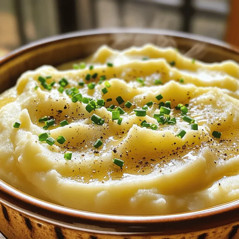 - 2 pounds russet potatoes, peeled and cubed - 4 cloves garlic, minced - 1 cup heavy cream - 1/2 cup unsalted butter, at room temperature - Salt and freshly cracked black pepper, to taste - 2 tablespoons fresh chives, chopped (for garnish) - 1/4 cup grated Parmesan cheese (optional) To make creamy garlic mashed potatoes, gather these simple ingredients. The russet potatoes give a fluffy texture. Minced garlic adds a rich flavor. Heavy cream and butter create a smooth finish. Don't forget salt and pepper to enhance taste. Fresh chives make a beautiful garnish. If you love cheese, add Parmesan for extra richness. You can find the full recipe above to follow along easily. - Start with 2 pounds of russet potatoes, peeled and cubed. - Place the cubed potatoes in a large pot and cover them with cold water. - Add a pinch of salt to the water for flavor. - Bring the water to a boil over high heat. - Once boiling, reduce the heat to a simmer. - Cook for about 15 to 20 minutes until the potatoes are tender. - In a small saucepan, melt 1/2 cup of unsalted butter over medium heat. - Add 4 cloves of minced garlic to the melted butter. - Sauté the garlic for 2 to 3 minutes until it becomes fragrant. - Watch the garlic closely to avoid burning it. - After boiling, drain the cooked potatoes well in a colander. - Return the drained potatoes to the pot. - Use a potato masher or a ricer to mash the potatoes until they are smooth. - Gradually pour in 1 cup of heavy cream and the garlic butter. - Mix everything until the potatoes are creamy and well combined. - Taste the mashed potatoes and adjust the flavor with salt and black pepper. - If you like, stir in 1/4 cup of grated Parmesan cheese for extra flavor. This recipe is simple and rewarding. You can find the full recipe in the previous section. Enjoy your creamy garlic mashed potatoes! For creamy garlic mashed potatoes, use russet potatoes. They are starchy and fluffy. Yukon gold potatoes also work well. They have a buttery flavor. Always peel and cube your potatoes. This helps them cook evenly and mash smoothly. Mash your potatoes using a potato masher or a ricer. A ricer makes them extra fluffy. Don't over-mash, as that can make them gummy. Add cream slowly until you reach your desired consistency. For thicker potatoes, use less cream. For a creamier texture, add more. To boost the taste, consider adding more garlic or roasted garlic. You can also mix in sour cream for tanginess. Fresh herbs like chives or parsley add color and flavor. Garnish your dish with chopped herbs for a fresh touch. These small additions make a big difference in taste. For a richer flavor, sprinkle in some grated Parmesan cheese. If you want to explore more, check out the Full Recipe for variations and tips. {{image_2}} You can add fresh herbs to your creamy garlic mashed potatoes for a new taste. Try using rosemary or thyme. These herbs add a nice flavor. Chop them finely and mix them in when you add the cream. To boost the flavor more, you can sauté the herbs in the garlic butter. This brings out their oils and makes your dish pop. Using fresh herbs makes a big difference. If you want a vegan or dairy-free version, you can still enjoy this dish. Use coconut milk or almond milk instead of heavy cream. For butter, try using vegan butter or olive oil. You can also use plant-based cheese. There are many options available now. Look for vegan cream cheese or cashew cheese for a creamy texture. These swaps keep the dish tasty and satisfying. You can mix in extra ingredients to make your mashed potatoes unique. Roasted garlic gives a sweet and deep flavor. Just mash it into the potatoes. Cheese lovers can add shredded cheese like cheddar or feta. This adds a rich taste and creamy texture. You could also include vegetables like cooked carrots or peas for added color and texture. They make your dish not only delicious but also fun to look at. For the full recipe to get started, check out the Creamy Garlic Mashed Potatoes section. To keep your creamy garlic mashed potatoes fresh, store them in an airtight container. Place them in the fridge soon after they cool. This helps to keep their taste and texture. They stay good for about three to five days. After that, they may lose flavor and become dry. When you want to enjoy leftovers, avoid drying them out. The best way is to reheat them on the stovetop. Add a splash of heavy cream or milk. This helps restore their creaminess. Stir them over low heat until warm. You can also use the microwave, but cover the dish. Heat in short bursts, stirring in between to keep them moist. If you want to save mashed potatoes for later, freezing works well. First, let them cool completely. Then, scoop them into freezer-safe bags or containers. Remove as much air as possible before sealing. They will stay fresh for up to two months. To thaw, place them in the fridge overnight. Reheat as you normally would, adding cream if needed. Enjoy your creamy garlic mashed potatoes whenever you like! For the complete recipe, check out the Full Recipe section. Yes, you can make creamy garlic mashed potatoes ahead of time. Prepare them as usual, then store them in a sealed container in the fridge. To reheat, put them in a pot on low heat. Add a splash of cream or milk to keep them creamy. Stir often to avoid sticking. Russet potatoes work best for mashing. They are starchy and fluffy. Yukon Gold potatoes also make great mashed potatoes. They have a buttery flavor and creamy texture. You can mix both types for a unique taste. To make fluffier mashed potatoes, try these tips: - Use a potato ricer instead of a masher. - Let the cooked potatoes steam dry for a few minutes before mashing. - Avoid over-mixing, as this can make them gluey. Yes, you can use milk instead of heavy cream. However, the texture will change. The mashed potatoes may not be as rich and creamy. For a thicker result, use whole milk or add a bit of butter. Creamy garlic mashed potatoes pair well with many dishes. Try them with: - Grilled chicken or steak. - Roasted vegetables. - A rich gravy. These sides enhance the flavor and make a complete meal. Creamy garlic mashed potatoes are simple and delicious. We covered key ingredients, step-by-step prep, and helpful tips. You learned how to make them with variations and storage ideas. Whether serving them at a holiday meal or a weeknight dinner, these mashed potatoes will impress. Enjoy experimenting with different flavors and textures. With practice, you’ll perfect your own version of this comforting dish.